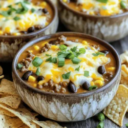 Here’s what you need to make a warm bowl of Slow Cooker Nacho Soup. The mix of flavors and textures makes this dish a favorite. - 1 lb ground beef or turkey - 1 onion, diced - 2 cloves garlic, minced - 1 can (15 oz) black beans, rinsed and drained - 1 can (15 oz) corn, drained - 1 can (10 oz) diced tomatoes with green chilies - 2 cups beef or chicken broth - 1 packet taco seasoning - 1 cup shredded cheddar cheese - 1 cup pepper jack cheese, shredded - 1/2 cup sour cream - Tortilla chips, for serving - Green onions, for garnish - Fresh cilantro, for garnish (optional) When you gather these ingredients, you set the stage for a cozy meal. The ground beef or turkey adds richness. The fresh vegetables, like onion and garlic, bring bright flavors. Canned black beans and corn give it heartiness. Diced tomatoes with green chilies add a little kick. The broth and taco seasoning blend perfectly to create a savory base. Finally, lots of cheese and toppings make each bowl feel like a treat. You can find the full recipe at the end of the article. Enjoy this dish with friends or family for a fun and tasty experience! - Cooking the meat Start by heating a large skillet over medium heat. Add 1 lb of ground beef or turkey. Cook until it turns brown. Drain any extra fat from the pan. This keeps the soup lighter and tastier. - Softening the onion and garlic Next, add 1 diced onion and 2 minced garlic cloves to the skillet. Cook for 3 to 5 minutes. You want the onion to soften and turn clear. This step adds a lot of flavor to your soup. - Transferring to the slow cooker Now, transfer the meat mixture to your slow cooker. This is where all the magic happens! - Combining ingredients in the slow cooker In the slow cooker, mix in 1 can of black beans, 1 can of corn, and 1 can of diced tomatoes with green chilies. Pour in 2 cups of beef or chicken broth. Sprinkle in 1 packet of taco seasoning. Stir well to combine everything. - Cooking times: low vs. high settings Cover the slow cooker. You can cook on low for 4 to 6 hours or on high for 2 to 3 hours. Both methods work well, but low gives a richer flavor. - Melting the cheese before serving About 30 minutes before you serve, stir in 1 cup of shredded cheddar cheese and 1 cup of pepper jack cheese. Mix until the cheese melts and blends nicely into the soup. This makes it creamy and delicious. With these steps, you will create a warm and tasty Slow Cooker Nacho Soup, perfect for any occasion. For the full recipe, check the section above. To make your Slow Cooker Nacho Soup even better, you can add spices and herbs. Try adding cumin for warmth or smoked paprika for a hint of smokiness. Fresh cilantro adds a nice touch too. For the cheese, I love using both cheddar and pepper jack. The cheddar gives a classic taste, while pepper jack adds a bit of spice. You can mix in other cheeses too, like Monterey Jack or even queso fresco. When serving, toppings can elevate your dish. I suggest adding chopped green onions and fresh cilantro. You can also use jalapeños for extra heat or avocado slices for creaminess. Don't forget the tortilla chips for crunch! Overcooking can change the soup’s texture. Aim for 4-6 hours on low or 2-3 hours on high. Always drain canned ingredients like black beans and corn. This helps avoid excess liquid in your soup. Lastly, don’t skip the cheese melting step. Adding cheese at the end makes it creamy and delicious. Stir it in about 30 minutes before serving for the best results. {{image_2}} You can easily make this soup your own with some simple swaps. If you want a vegetarian option, try using lentils or quinoa instead of ground meat. They add protein and a nice texture. Replace canned beans with chickpeas or black-eyed peas for variety. Adding more vegetables boosts nutrition and flavor. Consider throwing in chopped bell peppers, zucchini, or even spinach. These veggies blend well with the flavors and make the soup colorful. Experimenting with different cheeses can elevate the taste. Swap the cheddar and pepper jack for Monterey Jack or a spicy queso. This change can give your soup a unique twist, making it even more delicious. There are many fun ways to enjoy nacho soup. You can serve it in bread bowls for a hearty meal. Just hollow out a sourdough loaf, fill it with soup, and enjoy the bread as you eat. Pairing your nacho soup with sides can make the meal even better. Tortilla chips are a classic choice. You can also serve it with a simple salad or warm cornbread for a complete dinner. For parties, try fun serving options. Set up a nacho soup bar with toppings like jalapeños, olives, and extra cheese. Let everyone create their own bowl. This adds excitement and lets guests customize their soup just how they like it. For the full recipe, check out the Cheesy Slow Cooker Nacho Soup. To keep your Slow Cooker Nacho Soup fresh, store it in an airtight container. Refrigerate it within two hours of cooking. This soup stays good for up to three days in the fridge. When you want to freeze it, let the soup cool completely. Then, pour it into freezer-safe bags or containers. Be sure to leave some space for expansion. You can freeze it for up to three months. When it's time to enjoy the soup again, you can reheat it in two ways: microwave or stovetop. For the microwave, place the soup in a microwave-safe bowl. Heat it in short bursts, stirring in between. This helps the soup heat evenly. For the stovetop, pour the soup into a pot and warm it over low heat, stirring often. To keep the cheese smooth, add a splash of broth or milk while reheating. This helps the cheese melt well and stay creamy. Enjoy your comforting nacho soup! For the full recipe, check out the details above. Can I make Slow Cooker Nacho Soup ahead of time? Yes, you can prepare this soup in advance. Just cook it and let it cool. Store it in an airtight container in the fridge. It will taste great the next day! How long can I keep leftovers? You can keep leftovers for about three to four days in the fridge. Make sure to store it properly to keep it fresh. Is it possible to make this soup vegetarian? Absolutely! You can replace the ground beef or turkey with beans or lentils. Use vegetable broth instead of meat broth for a tasty vegetarian option. What can I substitute for taco seasoning? If you don’t have taco seasoning, you can mix your own. Use chili powder, cumin, garlic powder, and onion powder. Adjust to your taste. Can I use fresh ingredients instead of canned? Yes! You can use fresh beans, corn, and diced tomatoes. Just make sure to cook them properly before adding them to the slow cooker. How do I make this soup spicier? To add heat, you can mix in chopped jalapeños or cayenne pepper. You can also use spicy cheese for an extra kick. Enjoy experimenting with flavors! For the full recipe, check out the [Full Recipe]. In this blog post, I covered how to make a tasty slow cooker nacho soup. We reviewed the essential ingredients, step-by-step instructions, and tips to boost flavor. I shared common mistakes to avoid and variations to try. Storing and reheating options were also covered. Slow cooker nacho soup is simple to make and fun to share. You can change it up easily with different ingredients. Now, get ready to enjoy a warm and cheesy dish with family or friends. Enjoy every bite!