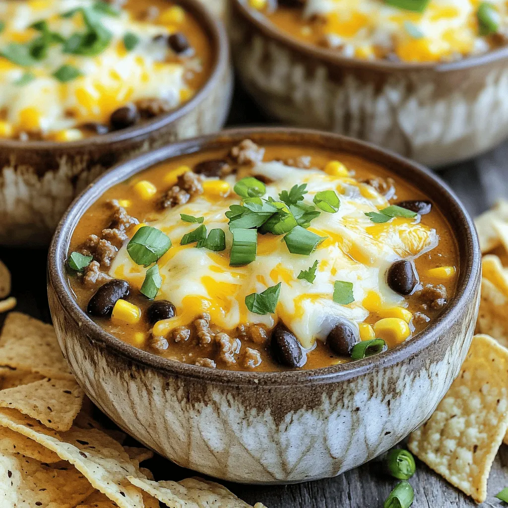 Here’s what you need to make a warm bowl of Slow Cooker Nacho Soup. The mix of flavors and textures makes this dish a favorite. - 1 lb ground beef or turkey - 1 onion, diced - 2 cloves garlic, minced - 1 can (15 oz) black beans, rinsed and drained - 1 can (15 oz) corn, drained - 1 can (10 oz) diced tomatoes with green chilies - 2 cups beef or chicken broth - 1 packet taco seasoning - 1 cup shredded cheddar cheese - 1 cup pepper jack cheese, shredded - 1/2 cup sour cream - Tortilla chips, for serving - Green onions, for garnish - Fresh cilantro, for garnish (optional) When you gather these ingredients, you set the stage for a cozy meal. The ground beef or turkey adds richness. The fresh vegetables, like onion and garlic, bring bright flavors. Canned black beans and corn give it heartiness. Diced tomatoes with green chilies add a little kick. The broth and taco seasoning blend perfectly to create a savory base. Finally, lots of cheese and toppings make each bowl feel like a treat. You can find the full recipe at the end of the article. Enjoy this dish with friends or family for a fun and tasty experience! - Cooking the meat Start by heating a large skillet over medium heat. Add 1 lb of ground beef or turkey. Cook until it turns brown. Drain any extra fat from the pan. This keeps the soup lighter and tastier. - Softening the onion and garlic Next, add 1 diced onion and 2 minced garlic cloves to the skillet. Cook for 3 to 5 minutes. You want the onion to soften and turn clear. This step adds a lot of flavor to your soup. - Transferring to the slow cooker Now, transfer the meat mixture to your slow cooker. This is where all the magic happens! - Combining ingredients in the slow cooker In the slow cooker, mix in 1 can of black beans, 1 can of corn, and 1 can of diced tomatoes with green chilies. Pour in 2 cups of beef or chicken broth. Sprinkle in 1 packet of taco seasoning. Stir well to combine everything. - Cooking times: low vs. high settings Cover the slow cooker. You can cook on low for 4 to 6 hours or on high for 2 to 3 hours. Both methods work well, but low gives a richer flavor. - Melting the cheese before serving About 30 minutes before you serve, stir in 1 cup of shredded cheddar cheese and 1 cup of pepper jack cheese. Mix until the cheese melts and blends nicely into the soup. This makes it creamy and delicious. With these steps, you will create a warm and tasty Slow Cooker Nacho Soup, perfect for any occasion. For the full recipe, check the section above. To make your Slow Cooker Nacho Soup even better, you can add spices and herbs. Try adding cumin for warmth or smoked paprika for a hint of smokiness. Fresh cilantro adds a nice touch too. For the cheese, I love using both cheddar and pepper jack. The cheddar gives a classic taste, while pepper jack adds a bit of spice. You can mix in other cheeses too, like Monterey Jack or even queso fresco. When serving, toppings can elevate your dish. I suggest adding chopped green onions and fresh cilantro. You can also use jalapeños for extra heat or avocado slices for creaminess. Don't forget the tortilla chips for crunch! Overcooking can change the soup’s texture. Aim for 4-6 hours on low or 2-3 hours on high. Always drain canned ingredients like black beans and corn. This helps avoid excess liquid in your soup. Lastly, don’t skip the cheese melting step. Adding cheese at the end makes it creamy and delicious. Stir it in about 30 minutes before serving for the best results. {{image_2}} You can easily make this soup your own with some simple swaps. If you want a vegetarian option, try using lentils or quinoa instead of ground meat. They add protein and a nice texture. Replace canned beans with chickpeas or black-eyed peas for variety. Adding more vegetables boosts nutrition and flavor. Consider throwing in chopped bell peppers, zucchini, or even spinach. These veggies blend well with the flavors and make the soup colorful. Experimenting with different cheeses can elevate the taste. Swap the cheddar and pepper jack for Monterey Jack or a spicy queso. This change can give your soup a unique twist, making it even more delicious. There are many fun ways to enjoy nacho soup. You can serve it in bread bowls for a hearty meal. Just hollow out a sourdough loaf, fill it with soup, and enjoy the bread as you eat. Pairing your nacho soup with sides can make the meal even better. Tortilla chips are a classic choice. You can also serve it with a simple salad or warm cornbread for a complete dinner. For parties, try fun serving options. Set up a nacho soup bar with toppings like jalapeños, olives, and extra cheese. Let everyone create their own bowl. This adds excitement and lets guests customize their soup just how they like it. For the full recipe, check out the Cheesy Slow Cooker Nacho Soup. To keep your Slow Cooker Nacho Soup fresh, store it in an airtight container. Refrigerate it within two hours of cooking. This soup stays good for up to three days in the fridge. When you want to freeze it, let the soup cool completely. Then, pour it into freezer-safe bags or containers. Be sure to leave some space for expansion. You can freeze it for up to three months. When it's time to enjoy the soup again, you can reheat it in two ways: microwave or stovetop. For the microwave, place the soup in a microwave-safe bowl. Heat it in short bursts, stirring in between. This helps the soup heat evenly. For the stovetop, pour the soup into a pot and warm it over low heat, stirring often. To keep the cheese smooth, add a splash of broth or milk while reheating. This helps the cheese melt well and stay creamy. Enjoy your comforting nacho soup! For the full recipe, check out the details above. Can I make Slow Cooker Nacho Soup ahead of time? Yes, you can prepare this soup in advance. Just cook it and let it cool. Store it in an airtight container in the fridge. It will taste great the next day! How long can I keep leftovers? You can keep leftovers for about three to four days in the fridge. Make sure to store it properly to keep it fresh. Is it possible to make this soup vegetarian? Absolutely! You can replace the ground beef or turkey with beans or lentils. Use vegetable broth instead of meat broth for a tasty vegetarian option. What can I substitute for taco seasoning? If you don’t have taco seasoning, you can mix your own. Use chili powder, cumin, garlic powder, and onion powder. Adjust to your taste. Can I use fresh ingredients instead of canned? Yes! You can use fresh beans, corn, and diced tomatoes. Just make sure to cook them properly before adding them to the slow cooker. How do I make this soup spicier? To add heat, you can mix in chopped jalapeños or cayenne pepper. You can also use spicy cheese for an extra kick. Enjoy experimenting with flavors! For the full recipe, check out the [Full Recipe]. In this blog post, I covered how to make a tasty slow cooker nacho soup. We reviewed the essential ingredients, step-by-step instructions, and tips to boost flavor. I shared common mistakes to avoid and variations to try. Storing and reheating options were also covered. Slow cooker nacho soup is simple to make and fun to share. You can change it up easily with different ingredients. Now, get ready to enjoy a warm and cheesy dish with family or friends. Enjoy every bite!