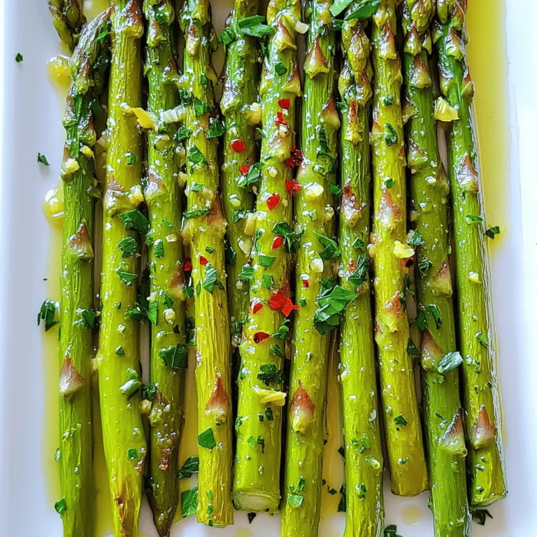 To make this tasty dish, gather these key items: - 1 pound fresh asparagus, trimmed - 3 cloves garlic, minced - 2 tablespoons olive oil - Zest and juice of 1 lemon - 1 teaspoon sea salt - 1/2 teaspoon black pepper You can add a few optional items for more taste: - 1/4 teaspoon red pepper flakes (for heat) - Fresh parsley, chopped (for garnish) This dish is not just tasty; it’s healthy too. Here are some key facts: - Calories: About 100 per serving - Protein: 3 grams - Fat: 7 grams - Carbohydrates: 8 grams - Fiber: 4 grams - Vitamin A: 20% of daily value - Vitamin C: 15% of daily value Lemon garlic roasted asparagus is a great way to enjoy healthy veggies. Try the full recipe for a delightful meal! To start, gather your ingredients. You will need: - 1 pound fresh asparagus, trimmed - 3 cloves garlic, minced - 2 tablespoons olive oil - Zest and juice of 1 lemon - 1 teaspoon sea salt - 1/2 teaspoon black pepper - 1/4 teaspoon red pepper flakes (optional for heat) - Fresh parsley, chopped (for garnish) Trim the tough ends off the asparagus. This makes them tender and easy to eat. Mince the garlic finely. The more you mince, the stronger the flavor. Zest the lemon first, then cut it in half to juice it later. Now, let’s get cooking! Preheat your oven to 425°F (220°C). In a large bowl, mix the minced garlic, olive oil, lemon zest, lemon juice, sea salt, black pepper, and red pepper flakes. Stir well to combine. Add the trimmed asparagus to the bowl. Toss until the asparagus is fully coated in your tasty marinade. This step is key! Next, spread the asparagus out in a single layer on a baking sheet lined with parchment paper. This helps it roast evenly. Roast the asparagus for 15-20 minutes, turning them halfway. You want them to be tender yet slightly crispy. When done, remove from the oven and let them cool for a minute. Transfer to a serving dish and drizzle any leftover marinade on top. Garnish with fresh parsley before serving. For the best results, choose thick and vibrant asparagus. Thin stalks may cook too quickly. Always preheat your oven. This ensures even cooking and great texture. Avoid crowding the baking sheet. This allows hot air to circulate around the asparagus, giving it a nice roast. If you want more flavor, try adding lemon slices on top. They create a bright, zesty taste. Remember, roasting time may vary based on the size of your asparagus. Keep an eye on them as they roast. Enjoy this flavorful veggie dish as a side or a light main dish! For the full recipe, check the link again. To get the best asparagus, look for bright green stalks. They should be firm and straight. The tips should be closed and tight. Avoid asparagus with limp stalks or yellowing tips. Freshness is key for great flavor. If you can, buy local and seasonal asparagus for the best taste. The lemon and garlic make this dish shine. Use fresh garlic for a strong punch. Minced garlic mixes well with olive oil and lemon juice. Zest the lemon before juicing, as this adds an extra burst of flavor. Balance the acidity of the lemon with a pinch of sea salt. You can also add red pepper flakes for a spicy kick. One mistake is overcrowding the baking sheet. Give the asparagus space to roast evenly. If they are too close, they will steam instead of roast. Another mistake is not preheating the oven. A hot oven helps achieve that perfect crispy texture. Finally, don’t skip the resting time after roasting. This allows flavors to settle before serving. For the complete recipe, check out the Full Recipe. {{image_2}} You can mix in other vegetables with your asparagus. Carrots and bell peppers work great. Slice them thinly for even cooking. Broccoli florets also add a nice crunch. Just remember to adjust the cooking time. Some veggies may roast faster than asparagus. Keep an eye on them to avoid burning. Feel free to play with seasonings and herbs. Try adding thyme or oregano for a new twist. A sprinkle of Parmesan cheese can give it a savory kick. If you love heat, add more red pepper flakes. For a fresh touch, squeeze extra lemon juice before serving. These changes can elevate the flavor in fun ways. Lemon garlic roasted asparagus pairs well with many dishes. Serve it as a side for grilled chicken or fish. It also complements pasta dishes nicely. You can even toss it into a salad for extra crunch. Drizzle with balsamic glaze for a sweet finish. The options are endless, making this veggie dish versatile and exciting. For the complete guide, check the Full Recipe. After you enjoy your lemon garlic roasted asparagus, store any leftovers in an airtight container. This keeps the asparagus fresh and tasty. Place the container in the fridge. It will stay good for about 3 to 4 days. Make sure the container seals well to avoid moisture loss and keep the flavors intact. To reheat the asparagus, preheat your oven to 350°F (175°C). Spread the asparagus on a baking sheet. Heat for about 10 minutes or until warm. You can also use a microwave if you're in a hurry. Place the asparagus on a microwave-safe plate and cover it with a damp paper towel. Heat it for about 30 seconds at a time until warm. You can freeze roasted asparagus, but it changes the texture. First, let it cool completely. Then, place the asparagus in a freezer bag, removing as much air as possible. It will last in the freezer for up to three months. When you're ready to eat, thaw it overnight in the fridge. Reheat it in the oven or microwave for best results. For more tips, check the Full Recipe. Roasting asparagus takes about 15 to 20 minutes. The time may vary based on the thickness of the stalks. I suggest checking for tenderness after 15 minutes. You want them tender yet slightly crispy. This gives them a great texture. Yes, you can use frozen asparagus. However, fresh asparagus tastes better. If you use frozen, thaw them first. Pat them dry with a towel before marinating. This helps to prevent sogginess during roasting. Lemon Garlic Roasted Asparagus goes well with many dishes. Try it with grilled chicken or fish. It also complements pasta dishes nicely. You can serve it alongside a fresh salad for a light meal. The bright flavors enhance any dish. Yes, this recipe is vegan-friendly. It contains no animal products. The ingredients are all plant-based, making it perfect for vegans. You can enjoy it alongside other vegan dishes for a wholesome meal. For the full recipe, check out the detailed instructions. Lemon garlic roasted asparagus is easy to make and packed with taste. We covered the key ingredients, step-by-step cooking, and helpful tips. You can enhance the dish by adding more veggies or changing spices. Proper storage keeps leftovers fresh for later meals. Remember these details to avoid common mistakes. Now, you’re ready to impress friends and family with this simple, healthy side dish. Enjoy your cooking and explore new ways to savor asparagus!