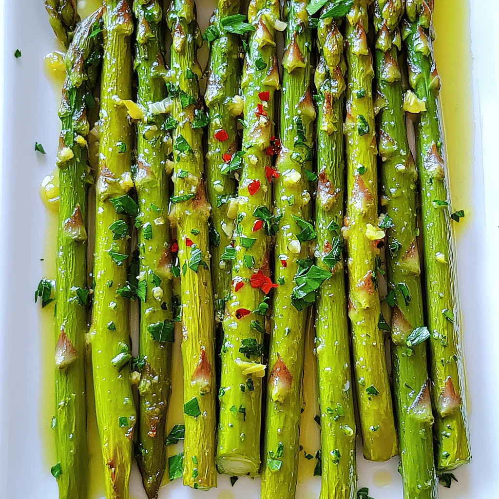 To make this tasty dish, gather these key items: - 1 pound fresh asparagus, trimmed - 3 cloves garlic, minced - 2 tablespoons olive oil - Zest and juice of 1 lemon - 1 teaspoon sea salt - 1/2 teaspoon black pepper You can add a few optional items for more taste: - 1/4 teaspoon red pepper flakes (for heat) - Fresh parsley, chopped (for garnish) This dish is not just tasty; it’s healthy too. Here are some key facts: - Calories: About 100 per serving - Protein: 3 grams - Fat: 7 grams - Carbohydrates: 8 grams - Fiber: 4 grams - Vitamin A: 20% of daily value - Vitamin C: 15% of daily value Lemon garlic roasted asparagus is a great way to enjoy healthy veggies. Try the full recipe for a delightful meal! To start, gather your ingredients. You will need: - 1 pound fresh asparagus, trimmed - 3 cloves garlic, minced - 2 tablespoons olive oil - Zest and juice of 1 lemon - 1 teaspoon sea salt - 1/2 teaspoon black pepper - 1/4 teaspoon red pepper flakes (optional for heat) - Fresh parsley, chopped (for garnish) Trim the tough ends off the asparagus. This makes them tender and easy to eat. Mince the garlic finely. The more you mince, the stronger the flavor. Zest the lemon first, then cut it in half to juice it later. Now, let’s get cooking! Preheat your oven to 425°F (220°C). In a large bowl, mix the minced garlic, olive oil, lemon zest, lemon juice, sea salt, black pepper, and red pepper flakes. Stir well to combine. Add the trimmed asparagus to the bowl. Toss until the asparagus is fully coated in your tasty marinade. This step is key! Next, spread the asparagus out in a single layer on a baking sheet lined with parchment paper. This helps it roast evenly. Roast the asparagus for 15-20 minutes, turning them halfway. You want them to be tender yet slightly crispy. When done, remove from the oven and let them cool for a minute. Transfer to a serving dish and drizzle any leftover marinade on top. Garnish with fresh parsley before serving. For the best results, choose thick and vibrant asparagus. Thin stalks may cook too quickly. Always preheat your oven. This ensures even cooking and great texture. Avoid crowding the baking sheet. This allows hot air to circulate around the asparagus, giving it a nice roast. If you want more flavor, try adding lemon slices on top. They create a bright, zesty taste. Remember, roasting time may vary based on the size of your asparagus. Keep an eye on them as they roast. Enjoy this flavorful veggie dish as a side or a light main dish! For the full recipe, check the link again. To get the best asparagus, look for bright green stalks. They should be firm and straight. The tips should be closed and tight. Avoid asparagus with limp stalks or yellowing tips. Freshness is key for great flavor. If you can, buy local and seasonal asparagus for the best taste. The lemon and garlic make this dish shine. Use fresh garlic for a strong punch. Minced garlic mixes well with olive oil and lemon juice. Zest the lemon before juicing, as this adds an extra burst of flavor. Balance the acidity of the lemon with a pinch of sea salt. You can also add red pepper flakes for a spicy kick. One mistake is overcrowding the baking sheet. Give the asparagus space to roast evenly. If they are too close, they will steam instead of roast. Another mistake is not preheating the oven. A hot oven helps achieve that perfect crispy texture. Finally, don’t skip the resting time after roasting. This allows flavors to settle before serving. For the complete recipe, check out the Full Recipe. {{image_2}} You can mix in other vegetables with your asparagus. Carrots and bell peppers work great. Slice them thinly for even cooking. Broccoli florets also add a nice crunch. Just remember to adjust the cooking time. Some veggies may roast faster than asparagus. Keep an eye on them to avoid burning. Feel free to play with seasonings and herbs. Try adding thyme or oregano for a new twist. A sprinkle of Parmesan cheese can give it a savory kick. If you love heat, add more red pepper flakes. For a fresh touch, squeeze extra lemon juice before serving. These changes can elevate the flavor in fun ways. Lemon garlic roasted asparagus pairs well with many dishes. Serve it as a side for grilled chicken or fish. It also complements pasta dishes nicely. You can even toss it into a salad for extra crunch. Drizzle with balsamic glaze for a sweet finish. The options are endless, making this veggie dish versatile and exciting. For the complete guide, check the Full Recipe. After you enjoy your lemon garlic roasted asparagus, store any leftovers in an airtight container. This keeps the asparagus fresh and tasty. Place the container in the fridge. It will stay good for about 3 to 4 days. Make sure the container seals well to avoid moisture loss and keep the flavors intact. To reheat the asparagus, preheat your oven to 350°F (175°C). Spread the asparagus on a baking sheet. Heat for about 10 minutes or until warm. You can also use a microwave if you're in a hurry. Place the asparagus on a microwave-safe plate and cover it with a damp paper towel. Heat it for about 30 seconds at a time until warm. You can freeze roasted asparagus, but it changes the texture. First, let it cool completely. Then, place the asparagus in a freezer bag, removing as much air as possible. It will last in the freezer for up to three months. When you're ready to eat, thaw it overnight in the fridge. Reheat it in the oven or microwave for best results. For more tips, check the Full Recipe. Roasting asparagus takes about 15 to 20 minutes. The time may vary based on the thickness of the stalks. I suggest checking for tenderness after 15 minutes. You want them tender yet slightly crispy. This gives them a great texture. Yes, you can use frozen asparagus. However, fresh asparagus tastes better. If you use frozen, thaw them first. Pat them dry with a towel before marinating. This helps to prevent sogginess during roasting. Lemon Garlic Roasted Asparagus goes well with many dishes. Try it with grilled chicken or fish. It also complements pasta dishes nicely. You can serve it alongside a fresh salad for a light meal. The bright flavors enhance any dish. Yes, this recipe is vegan-friendly. It contains no animal products. The ingredients are all plant-based, making it perfect for vegans. You can enjoy it alongside other vegan dishes for a wholesome meal. For the full recipe, check out the detailed instructions. Lemon garlic roasted asparagus is easy to make and packed with taste. We covered the key ingredients, step-by-step cooking, and helpful tips. You can enhance the dish by adding more veggies or changing spices. Proper storage keeps leftovers fresh for later meals. Remember these details to avoid common mistakes. Now, you’re ready to impress friends and family with this simple, healthy side dish. Enjoy your cooking and explore new ways to savor asparagus!