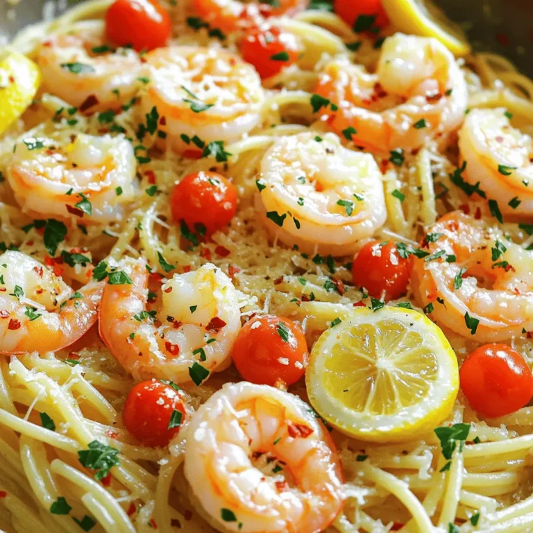 To make Garlic Butter Shrimp Pasta, you need simple, fresh ingredients. Here’s what you will need: - 8 oz spaghetti or linguine - 1 lb large shrimp, peeled and deveined - 4 tablespoons unsalted butter - 4 cloves garlic, minced - 1 teaspoon red pepper flakes - 1 lemon, juiced and zested - 1 cup cherry tomatoes, halved - 1/4 cup fresh parsley, chopped - Salt and pepper to taste - Grated Parmesan cheese for serving (optional) These ingredients create a dish full of flavor and color. The shrimp adds protein, while the pasta serves as a hearty base. Garlic and lemon bring a fresh zing. Red pepper flakes give a touch of heat, but you can adjust this to your taste. The cherry tomatoes add sweetness and a pop of color. Fresh parsley not only looks great but also adds freshness to each bite. You can find the full recipe to guide you through the cooking process. Enjoy your cooking! 1. Start by boiling a large pot of water. 2. Add 8 oz of spaghetti or linguine. 3. Cook until the pasta is al dente, about 8-10 minutes. 4. Reserve 1 cup of pasta water before draining. 5. Drain the pasta and set it aside. 1. In a large skillet, melt 4 tablespoons of unsalted butter over medium heat. 2. Once the butter melts, add 4 cloves of minced garlic and 1 teaspoon of red pepper flakes. 3. Sauté for about 1-2 minutes. Keep an eye on the garlic; you don’t want it to brown. 1. Increase the heat to medium-high. 2. Add 1 lb of large shrimp, peeled and deveined, to the skillet. 3. Season with salt and pepper to taste. 4. Cook the shrimp for 3-4 minutes until they turn pink and are fully cooked. 1. Stir in 1 cup of halved cherry tomatoes, the juice of 1 lemon, and the lemon zest. 2. Sauté for another 2 minutes. You want the tomatoes to soften but not break down. 3. Add the cooked pasta to the skillet. Toss everything together well. 4. If the pasta looks dry, add reserved pasta water a little at a time until you reach your desired texture. This Garlic Butter Shrimp Pasta is simple and quick to make. You can find the full recipe for more details. When making garlic butter shrimp pasta, the type of shrimp matters. You can choose between fresh and frozen shrimp. Fresh shrimp can taste better, but frozen shrimp is often more convenient. Just make sure to thaw frozen shrimp properly before cooking. For size, I recommend using large shrimp. They are easy to handle and cook evenly. Look for shrimp labeled as U10 or U12. This means you get about 10 to 12 shrimp per pound. These sizes give you a nice bite and hold up well in the dish. The garlic butter sauce is key to this dish. Start with four cloves of garlic, but feel free to adjust to your taste. If you love garlic, add more! For spice, red pepper flakes are great. Start with one teaspoon, then taste and add more if you want more heat. When it comes to butter, I suggest using high-quality unsalted butter. Brands like Kerrygold or Plugra offer rich flavor. They melt nicely and blend well with garlic. To make your meal complete, consider side dishes. A simple green salad pairs well. You can also serve garlic bread for extra flavor. For drinks, a crisp white wine is perfect. Sauvignon Blanc or Pinot Grigio complements the shrimp nicely. If you prefer non-alcoholic options, lemonade or sparkling water with lemon works well. Check out the Full Recipe for more details on how to make this dish! {{image_2}} You can easily make this dish gluten-free. Just swap regular pasta for gluten-free pasta alternatives. Look for options made from rice, quinoa, or chickpeas. These options cook well and taste great, too. Feel free to get creative by adding more ingredients. Toss in some fresh spinach or colorful bell peppers for added nutrition and flavor. You can also try different proteins. Chicken or scallops work nicely in this dish. Just adjust the cooking time as needed. Don’t be afraid to play with flavors. Fresh herbs like basil or thyme can add a lovely touch. You might also try using white wine in the sauce. It adds depth and a nice acidity. Just remember to reduce the heat before adding the wine, letting it cook down for a few minutes. With these variations, you can make the Garlic Butter Shrimp Pasta your own. Explore and enjoy your cooking journey! For the complete recipe, check out the Full Recipe section. After you enjoy your meal, store leftovers in proper containers. Use an airtight container to keep the shrimp and pasta fresh. You can refrigerate the dish for up to three days. If you wait longer, the shrimp may lose flavor and texture. To reheat, use low heat on the stove. This method helps keep the shrimp juicy. Add a splash of water or broth to prevent dryness. Stir gently until warmed through. Avoid using high heat, as it can make shrimp rubbery. You want to enjoy every bite of your garlic butter shrimp pasta! For the full recipe, check out the detailed steps above. You can tell shrimp are cooked by their color and texture. They turn pink and form a C shape. If they curl tightly, they are overcooked. Perfectly cooked shrimp will have a firm feel but remain juicy. You can use dried garlic, but the flavor will change. Fresh garlic gives a brighter taste. If using dried, use about 1/8 teaspoon for each clove. This way, you can still enjoy some garlic flavor. If you want to avoid butter, try olive oil or coconut oil. Both options add great flavor. You can also use vegan butter for a dairy-free dish. Each fat gives its own taste, so pick what you like best. To prep this dish early, cook the pasta and shrimp separately. Store them in the fridge in airtight containers. When ready to eat, warm each part and mix them together. This keeps the shrimp from getting rubbery. Garlic Butter Shrimp Pasta can be healthy. Shrimp are high in protein and low in fat. You can use whole grain pasta for added fiber. To lighten it, cut back on butter and cheese. Enjoy a tasty meal without extra calories. For the detailed cooking method, check the Full Recipe. You can create a delicious garlic butter shrimp pasta with just a few steps. We covered the ingredients, how to cook, and ways to customize the dish. Remember to choose fresh shrimp for the best taste and adjust the sauce to suit your palate. Don’t be afraid to mix in vegetables or alternative proteins. With the right storage, your leftovers will stay fresh. This dish is not only tasty but also easy to make ahead. Enjoy your cooking journey and savor each bite!