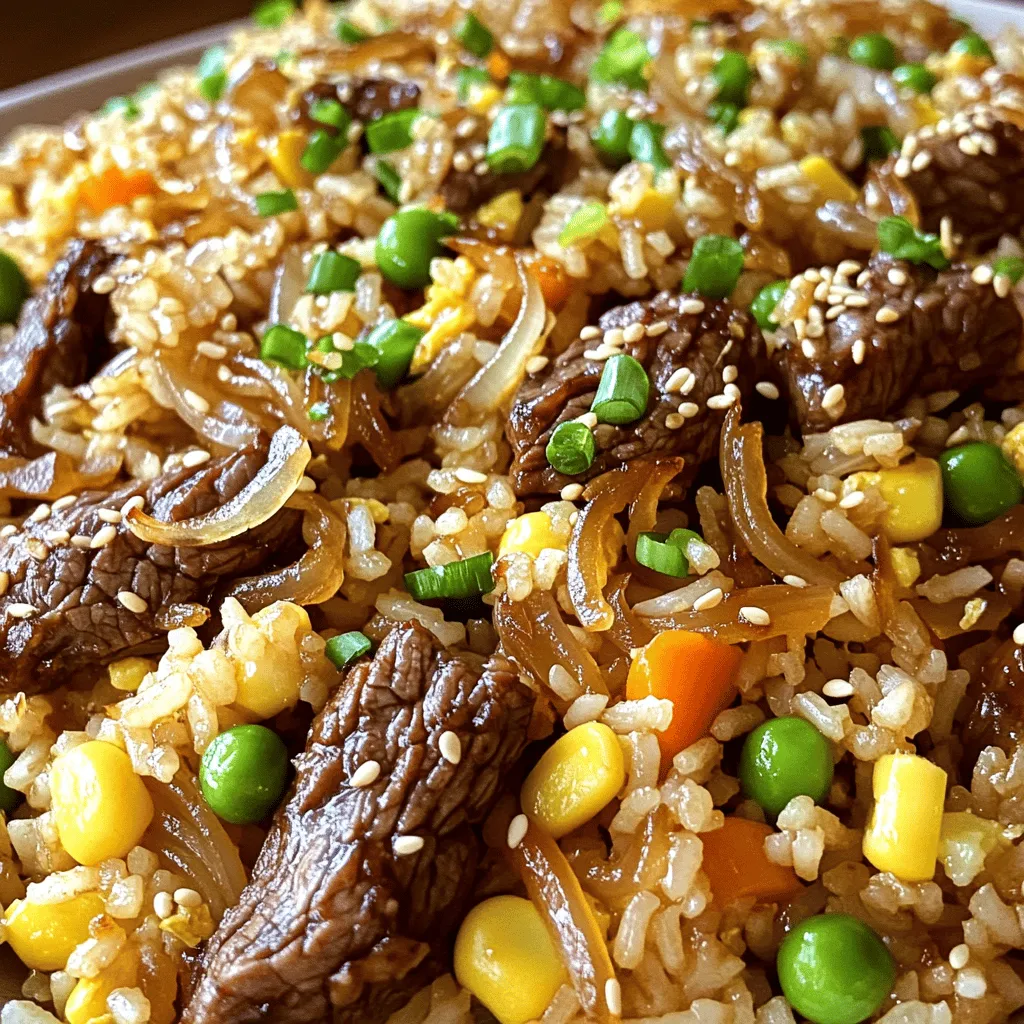 To make Savory Onion Beef Fried Rice, gather these key ingredients: - 2 cups cooked jasmine rice (preferably day-old) - 1 lb (450g) beef sirloin, thinly sliced - 2 tablespoons soy sauce - 1 tablespoon sesame oil - 2 tablespoons vegetable oil - 1 large onion, thinly sliced - 2 garlic cloves, minced - 1 cup mixed vegetables (peas, carrots, corn) - 2 green onions, chopped - Salt and pepper to taste - 1 tablespoon ginger, minced For an extra kick, you can add these optional ingredients: - 1 tablespoon oyster sauce - Sesame seeds for garnish You will need a few tools to make this dish: - A large skillet or wok - A mixing bowl - A spatula or wooden spoon - Measuring spoons - A sharp knife for slicing These ingredients and tools will help you create a delicious meal. If you want the full recipe, it’s all laid out for you to follow with ease! First, take your beef sirloin and slice it thinly. Place the beef in a bowl. Add two tablespoons of soy sauce and a pinch of pepper. Mix it well, so each piece is coated. Let the beef marinate for at least 15 minutes. This helps the beef soak up those yummy flavors. Heat one tablespoon of vegetable oil in a large skillet over high heat. Once hot, add the marinated beef. Stir-fry it for about 2-3 minutes. You want it browned and fully cooked. When done, remove the beef and set it aside. In the same skillet, add another tablespoon of vegetable oil. Toss in your sliced onion. Cook it for about 5 minutes, stirring often. You want the onions to turn translucent and a bit golden. Then, add in minced garlic and ginger. Stir-fry for another minute until you smell that great aroma. Next, stir in your mixed vegetables. Cook them until they get tender, about 3-4 minutes. After that, add the cooked jasmine rice to the skillet. Break apart any clumps with your spatula. Pour in the sesame oil and oyster sauce if you like. Toss everything together until it’s evenly mixed. Now, return the cooked beef to the skillet. Mix it well with the rice and veggies. Stir everything together and cook for another 2-3 minutes. This heats it all through. Season with salt and pepper to taste. Finally, fold in the chopped green onions. Give the rice one last toss to mix. To serve, place the fried rice on a large platter. Garnish it with sesame seeds and more green onions. For a fresh kick, add lime wedges on the side. Enjoy your meal! Use jasmine rice for the best taste. This rice has a lovely aroma and a soft texture. Day-old rice works best as it is drier and firmer. Fresh rice can clump, making your dish mushy. If you must use fresh rice, spread it out to cool after cooking. To avoid mushy fried rice, ensure your rice is cold. If using fresh rice, let it sit and cool for 30 minutes. Stir-frying over high heat helps keep the grains separate. Avoid overcooking the rice in the skillet. Quick cooking keeps it firm and fluffy. Add soy sauce and oyster sauce for a savory kick. A touch of sesame oil gives depth to the dish. Include fresh ginger and garlic for extra flavor. You can also toss in some crunchy vegetables like bell peppers or snap peas. Don’t forget a sprinkle of sesame seeds for a nutty finish. For the full recipe, check out the detailed instructions to make this delicious dish yourself. {{image_2}} If you want a meat-free version, swap the beef for tofu. Tofu absorbs flavors well. Use firm or extra-firm tofu for the best texture. Cut it into bite-sized cubes and marinate it in soy sauce. Cook it until golden brown, just like the beef. This makes a tasty and satisfying meal. Feel free to mix in your favorite vegetables. Broccoli, bell peppers, or mushrooms work great. You can even use leftover veggies from your fridge. Just chop them small to cook evenly. This adds color and nutrients to your dish. The more veggies, the better! If you love heat, add chili flakes or a splash of Sriracha. Mix it in while you sauté the onions. This will give your fried rice a nice kick. Adjust the amount based on your heat preference. It’s a simple way to elevate the flavor. For the full recipe, check out the [Full Recipe]. To keep your Savory Onion Beef Fried Rice fresh, store it in an airtight container. Make sure to let the rice cool down before sealing it. This helps prevent moisture buildup, which can make the rice soggy. Place it in the fridge if you plan to eat it within three days. If you want to keep it longer, freezing is a better option. When you are ready to enjoy your leftovers, you can reheat the rice easily. The best method is to use a skillet. Heat a bit of oil in the pan, then add the rice. Stir it often to heat it evenly. If the rice seems dry, splash in a little water or soy sauce. You can also use a microwave. Just cover the bowl with a lid or damp paper towel to keep moisture in. Heat for one to two minutes, stirring halfway through. If you want to save your Savory Onion Beef Fried Rice for later, freezing works well. Portion the rice into smaller containers. This makes it easier to thaw just what you need. Make sure to label each container with the date. When you are ready to eat, move it to the fridge to thaw overnight. Then, follow the reheating instructions to enjoy a quick meal. Yes, you can use fresh rice. However, day-old rice works best. Fresh rice is wet and can make your dish mushy. Day-old rice is drier, which helps each grain stay separate. If you use fresh rice, spread it out to cool before cooking. To make this dish gluten-free, switch to gluten-free soy sauce. Look for brands that specify gluten-free on the label. You can also skip the oyster sauce or find a gluten-free version. This way, you can enjoy the same great flavors without gluten. Fried rice pairs well with many side dishes. Here are some ideas: - Steamed broccoli - Egg rolls - Sweet and sour chicken - Spring rolls - A light cucumber salad These sides complement the savory flavors of the fried rice. Savory Onion Beef Fried Rice lasts about 3 to 4 days in the fridge. Make sure to store it in an airtight container. To enjoy leftovers, reheat them in the microwave or on the stove. Yes, you can prepare this dish ahead of time. Cook the beef and vegetables, then store them separately. When ready to eat, just fry them with day-old rice. This makes for a quick meal on busy days. For the full recipe, check out the earlier sections. In this post, we covered essential ingredients, step-by-step cooking, and helpful tips. You learned how to make savory onion beef fried rice, choose the right rice, and prevent mushy results. We also explored variations, storage tips, and frequently asked questions. Now, you can enjoy a tasty meal that fits your needs. Dive into cooking, experiment with flavors, and share your wins. Cooking can be fun and rewarding!