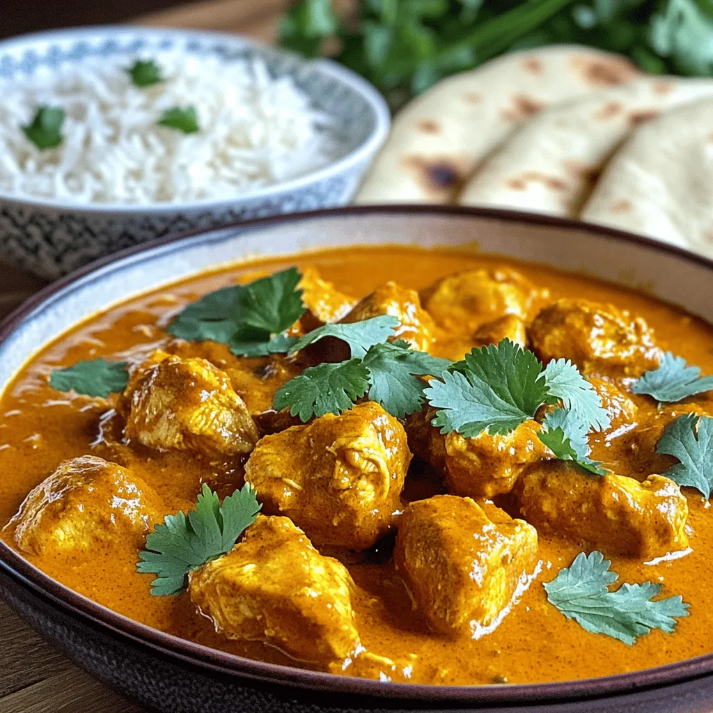 To make this tasty dish, gather these ingredients: - 1 pound boneless, skinless chicken thighs, cut into bite-sized pieces - 1 tablespoon vegetable oil - 1 medium onion, finely chopped - 4 cloves garlic, minced - 1 tablespoon ginger, minced - 2 teaspoons ground cumin - 2 teaspoons ground coriander - 1 teaspoon turmeric - 1 teaspoon garam masala - 1 teaspoon chili powder (adjust to taste) - 1 can (15 oz) tomato puree - 1 cup coconut milk - Salt to taste - Fresh cilantro, for garnish - Cooked basmati rice or naan for serving These ingredients create a rich and smooth sauce. The chicken becomes tender and soaks up all the flavors. If you have dietary needs, here are some swaps you can try: - Use chicken breast instead of thighs for a leaner option. - Substitute vegetable oil with olive oil for a healthier fat. - Replace coconut milk with almond milk for a lower-calorie choice. - Skip the chili powder if you prefer a milder dish. These changes can help fit your diet while keeping the dish tasty. To make your meal complete, consider these sides: - Steamed basmati rice, perfect for soaking up the sauce. - Warm naan, great for scooping up the chicken. - A fresh salad with cucumbers and tomatoes to add crunch. - Raita, a yogurt dip, helps cool the spice. These sides will enhance your dining experience and add balance to your meal. For the full recipe, check out the details above. To start, set your Instant Pot to the Sauté function. Add one tablespoon of vegetable oil and let it heat for a minute. Next, chop one medium onion finely and add it to the pot. Sauté the onion for about 3-4 minutes. You want it to turn soft and slightly golden. Then, take four cloves of garlic and mince them. Add the minced garlic to the pot along with a tablespoon of minced ginger. Cook these together for another minute. You should smell a nice aroma. Now it’s time to build the flavor. Add two teaspoons of ground cumin, two teaspoons of ground coriander, one teaspoon of turmeric, one teaspoon of garam masala, and one teaspoon of chili powder to the pot. Stir these spices for about 30 seconds. This step toasts the spices and releases their oils. It makes a rich base for your tikka masala. After that, add your chicken pieces, cut into bite-sized bits. Stir them well to coat in the spices. Sauté for another 3-4 minutes until the chicken is lightly browned. Now we’ll add the liquids. Pour in one can of tomato puree and one cup of coconut milk. Stir everything together until mixed. Add salt to taste. Close the Instant Pot lid and ensure the vent is sealed. Set it to Manual or Pressure Cook on high for 10 minutes. After cooking, let it sit for 5 minutes for natural pressure release. Then, carefully release any remaining pressure. Open the lid and stir the chicken tikka masala. Adjust seasoning if needed. Serve hot over basmati rice or with warm naan. Garnish with fresh cilantro leaves for a lovely touch. Enjoy this flavorful delight! For the complete recipe, check out the Full Recipe. One common mistake is overcooking the chicken. Chicken thighs need just the right time in the Instant Pot. If you cook them too long, they can get tough. Also, don’t skip the sauté step. This helps build flavor from the spices. Stir often to avoid burning. Lastly, ensure you seal the vent properly to avoid a mess. To change the spice level, start with less chili powder. You can always add more later if you like heat. For a milder dish, try adding more coconut milk. It cools the heat while keeping the dish creamy. You can also serve it with yogurt or raita to balance spiciness. There are many ways to boost flavor in your chicken tikka masala. Adding a splash of lemon juice can brighten the dish. Fresh cilantro adds a nice touch at the end. If you want a smokier flavor, try using smoked paprika. Finally, let your dish rest for a few minutes after cooking. This helps the flavors meld together, making each bite more delicious. For the complete recipe, check out the Full Recipe. {{image_2}} You can easily make this dish vegetarian or vegan. Use chickpeas or tofu instead of chicken. Both options soak up the spices well. For a creamy sauce, keep the coconut milk. You can add more veggies like bell peppers or spinach for extra nutrition. Chicken is great, but you can switch to other proteins. Try shrimp for a quick cook option. Lamb also works well; it adds rich flavor. If you want something lighter, turkey is a good choice. Cooking times may vary based on the protein you choose. Spice levels can change based on your taste. If you prefer a milder dish, cut back on chili powder. For a bolder flavor, add more garam masala or try some fenugreek leaves. Each region has its own twist on chicken tikka masala. Experiment and find what you like best! To store your Chicken Tikka Masala, let it cool down first. Place it in an airtight container. This keeps the flavor fresh. It can last in the fridge for up to 3 days. Always label your container with the date. If you want to save it longer, freezing is a great option. Pour the cooled dish into freezer-safe bags or containers. Make sure to remove as much air as possible. You can freeze it for up to 3 months. When you're ready to eat it, just thaw it in the fridge overnight. Reheat your Chicken Tikka Masala in the microwave or on the stove. If using the microwave, heat it in short bursts, stirring in between. On the stove, use low heat and add a splash of water or coconut milk for moisture. This helps keep the dish creamy and tasty. Enjoy your meal again! For the full recipe, check the section above. Yes, you can use frozen chicken. Just add a few extra minutes to the cooking time. It will still turn out great. However, make sure to cut the chicken into smaller pieces when possible. This helps it cook evenly. Coconut milk gives a nice creaminess. If you need a substitute, you can use heavy cream or plain yogurt. Almond milk can work, but it may change the taste. Always adjust the spices to balance the flavors. Chicken tikka masala lasts about 3 to 4 days in the fridge. Store it in an airtight container to keep it fresh. Reheat it on the stove or in the microwave before serving. Yes, you can make this dish in advance. It tastes even better the next day. Prepare it and let it cool before storing. You can freeze it too, but make sure to thaw it overnight before reheating. For the full recipe, check out the detailed instructions above. This article guides you through making Instant Pot Chicken Tikka Masala. You learned about the key ingredients, including alternatives for dietary needs. We discussed easy steps to make this dish, plus tips to avoid common mistakes. You can experiment with variations like vegan options or different proteins. In conclusion, try this dish to impress your friends and family. It is simple, flavorful, and adaptable. Enjoy cooking your own tasty Chicken Tikka Masala!