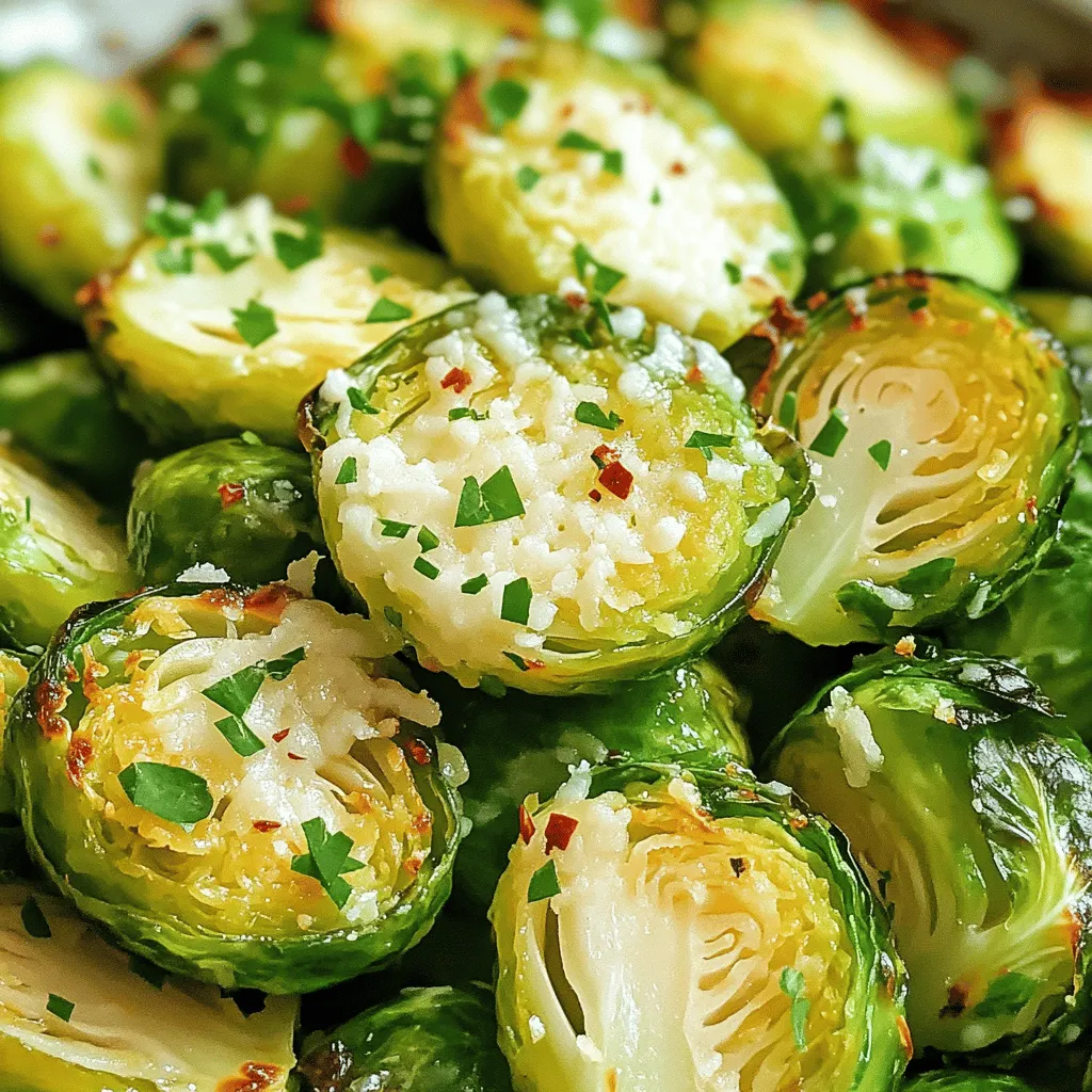 - 1 lb Brussels sprouts, trimmed and halved - 3 tablespoons olive oil - 4 cloves garlic, minced - 1/2 teaspoon salt - 1/2 teaspoon black pepper - 1/2 teaspoon red pepper flakes (optional) - 1/2 cup grated Parmesan cheese - Zest of 1 lemon - 2 tablespoons lemon juice - Fresh parsley, chopped for garnish Gather these ingredients before you start cooking. Fresh Brussels sprouts are key for a great taste. Look for firm, green sprouts without any yellow leaves. Garlic adds a strong flavor, while olive oil helps crisp them up. I love the kick from red pepper flakes, but feel free to skip them if you prefer milder flavors. Once you have everything, you’re ready to make the best crispy garlic Parmesan Brussels sprouts. This recipe is simple yet packed with flavor. For the full recipe, check the section above. - Preheat your oven to 425°F (220°C). Line a baking sheet with parchment paper. - Toss halved Brussels sprouts with olive oil, garlic, salt, pepper, and optional red pepper flakes. Make sure every sprout is well coated. This step adds great flavor. - Spread in a single layer on the baking sheet, cut side down, and roast for 20-25 minutes. You want them golden and crispy. Flip them halfway for even cooking. - Sprinkle Parmesan on hot Brussels sprouts and return to the oven for 5 minutes. This melts the cheese perfectly. It adds a rich, salty flavor that makes them irresistible. - Drizzle with lemon juice, add lemon zest, and garnish with parsley. The lemon brightens the dish. It gives a fresh taste that balances the savory flavors. Enjoy these tasty treats as a side or snack! For the full recipe, check out the details above. To get crispy Brussels sprouts, preheat your oven to 425°F (220°C). This high heat helps them cook well. Use a baking sheet lined with parchment paper. This makes cleanup easy and helps with crisping. Spread the sprouts out in one layer with the cut side down. This placement boosts their crispiness. Flip them halfway through for even browning. Want to add more flavor? Try using smoked paprika for a smoky taste. You can also add a pinch of cumin for warmth. If you like herbs, fresh thyme or rosemary works great. These additions will make your Brussels sprouts even tastier. If you want to switch it up, consider adding nuts. Chopped walnuts or pecans add crunch and flavor. You can also experiment with different cheeses. Pecorino Romano gives a salty kick. For a vegan option, use nutritional yeast for a cheesy flavor without dairy. Each change brings a new twist to this dish. {{image_2}} You can switch up the cheese in this recipe. Try using Pecorino Romano for a sharper taste. For a vegan option, use nutritional yeast. It adds a cheesy flavor without any dairy. Both options work well and create a tasty twist on the classic dish. If you're short on time, an air fryer works great. Simply toss the Brussels sprouts with olive oil and seasonings. Place them in the air fryer basket. Cook at 375°F for about 15 minutes. Shake the basket halfway through for even cooking. This method gives you crispy sprouts in less time. Feel free to add seasonal veggies or herbs. Fresh thyme or rosemary can enhance the flavor. You can also mix in veggies like carrots or sweet potatoes for extra color and nutrition. Using what’s in season boosts freshness and taste. To keep your Crispy Garlic Parmesan Brussels Sprouts fresh, store them in the fridge. Place them in an airtight container. They stay tasty for about 3 days. If you notice any moisture, use a paper towel to absorb it. This can help keep them crisp. When it’s time to enjoy leftovers, reheating them well is key. The oven is the best way to keep them crispy. Preheat the oven to 350°F (175°C) and spread the sprouts on a baking sheet. Heat for about 10 minutes. Check to make sure they are heated through. The microwave is quicker but can make them soft. If you use a microwave, heat them in short bursts. This will help reduce sogginess. If you want to freeze your Brussels sprouts, follow these steps: 1. First, let the cooked sprouts cool to room temperature. 2. Place them in a single layer on a baking sheet. 3. Freeze them for about 1-2 hours until solid. 4. Transfer the frozen sprouts into a freezer bag. 5. Remove as much air as possible before sealing. They can last for up to 3 months. To thaw, place them in the fridge overnight or use the microwave on defrost. Reheat as needed, following the tips above. For the full recipe, check the section above. To make Brussels sprouts less bitter, choose small, firm sprouts. Look for bright green color. Trim off the ends and remove outer leaves. Cutting them in half helps too. Roasting them with garlic and cheese adds great flavor. A splash of lemon juice also balances the bitterness. Yes, you can prep the Brussels sprouts ahead of time. Trim and halve them, then store in the fridge. Toss them with olive oil and spices just before cooking. You can roast them and reheat later. Just make sure to use the oven for best crispiness. These Brussels sprouts pair well with many dishes. Try them with grilled chicken or salmon for a tasty meal. They also go great with steak or pork chops. For a vegetarian option, serve with quinoa or a warm grain salad. Don't forget a nice dip! This recipe can be made vegan-friendly. Simply replace Parmesan with nutritional yeast or a vegan cheese. Use olive oil as your fat source. This ensures you keep the flavor without dairy. Your guests will love the taste without knowing it’s vegan. You can use frozen Brussels sprouts, but texture may change. They tend to be softer after cooking. If using frozen, thaw them first and pat dry. Adjust cooking time to ensure they get crispy. Fresh sprouts are best for that crunchy bite. Cooking Brussels sprouts can be simple and fun. We explored fresh ingredients, like Brussels sprouts and garlic, mixed with olive oil and lemon. I shared detailed steps to ensure they turn out crispy and flavorful. You can customize this dish with different cheeses or spices. Storing leftovers and reheating them is easy, too. Whether you're new to cooking or want a tasty side, this recipe fits the bill. Enjoy making these delicious Brussels sprouts and impress your friends or family!