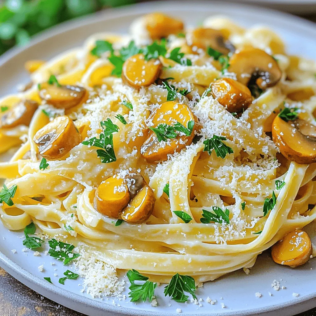 - Pasta selection: Spaghetti or fettuccine - Essential flavor boosters: Olive oil and unsalted butter - Fresh ingredients: Garlic and mushrooms - Seasonings: Dried thyme, salt, and pepper - Optional additions: Parmesan cheese and fresh parsley For the Garlic Butter Mushroom Pasta, you'll need some key ingredients to make it tasty. Start with 8 oz of spaghetti or fettuccine. Choose the type you like best. Then, grab 2 tablespoons of unsalted butter and 2 tablespoons of olive oil. These fats will give your dish a rich flavor. Next, use 4 cloves of garlic, minced finely. Garlic adds a strong, savory taste. You’ll also need 12 oz of cremini mushrooms, sliced. These mushrooms bring great texture and umami flavor. To season, add 1 teaspoon of dried thyme, salt, and pepper to taste. Thyme gives a nice herby touch. For an extra treat, consider 1/4 cup of grated Parmesan cheese. It adds creaminess and depth. Finally, chop some fresh parsley for garnish. This will give your dish a fresh pop. With these ingredients, you’ll create a meal that impresses everyone. For the complete recipe, check out the [Full Recipe]. To boil pasta perfectly, start with a large pot of salted water. Bring it to a rolling boil. Add 8 oz of spaghetti or fettuccine. Cook it for about 8-10 minutes. You want it to be al dente, meaning it should have a slight bite. This texture holds up well when you mix it with the sauce. Don't forget to reserve 1/2 cup of pasta water before draining the pasta. This water adds flavor and helps the sauce cling. For fragrant garlic, melt 2 tablespoons of unsalted butter and 2 tablespoons of olive oil in a skillet over medium heat. Add 4 cloves of minced garlic and sauté for about 1 minute. Watch it closely so it does not burn. Next, add 12 oz of sliced cremini mushrooms. Stir gently and cook for 5-7 minutes. You want the mushrooms to turn golden brown and tender. This step brings out their rich flavor. Once your mushrooms are ready, it’s time to season the mixture. Stir in 1 teaspoon of dried thyme, salt, and pepper to taste. Allow these flavors to meld for about 2 minutes. Then, add your drained pasta to the skillet. Pour in a splash of that reserved pasta water to create a sauce. Toss everything well so the pasta is evenly coated. If you like, stir in 1/4 cup of grated Parmesan cheese. This will make the dish creamier and richer. Taste it and adjust the seasoning if needed. Enjoy your meal! For the full recipe, check out the detailed instructions above. To make Garlic Butter Mushroom Pasta even better, add herbs like basil or oregano. Fresh herbs bring bright flavor. You can also sprinkle some red pepper flakes for a kick. Try cheese on top for extra creaminess. Crushed nuts like walnuts or pine nuts add crunch and depth. Be careful not to overcook the garlic. If it turns brown, it can taste bitter. Keep an eye on it while cooking. Also, don’t rush the mushrooms. Let them brown well. This step is key for rich flavor. If you skip this, the dish may taste flat. Pair Garlic Butter Mushroom Pasta with a simple side salad. A light green salad works well. For a cozy meal, serve it with garlic bread. To plate, twist the pasta into a nest. This makes it look fancy and fun. Add a sprinkle of parsley for color. This makes your dish pop! You can find the full recipe here for all the details. {{image_2}} You can easily make this dish even more nutritious. Adding fresh veggies like spinach, bell peppers, or zucchini boosts vitamins and adds color. You can also use gluten-free pasta, like brown rice or chickpea pasta, for those with dietary needs. They provide the same great taste while being easier on the stomach. Want to make your meal heartier? Add cooked chicken or shrimp. They blend well with the garlic butter sauce. If you prefer vegetarian proteins, consider tofu or legumes. Both options add protein and make the dish filling without meat. For a creamier pasta, stir in heavy cream after sautéing the mushrooms. This gives a rich texture that many love. If you want a lighter dish, try dairy-free options like coconut milk or almond milk. Both keep the meal flavorful while being easier on digestion. For the full recipe, check the detailed instructions above. To store leftover Garlic Butter Mushroom Pasta, let it cool first. This will help keep it fresh. Place the pasta in an airtight container. You can use glass or plastic containers, but make sure they seal well. If you don’t have a container, a heavy-duty plastic bag works too. Just squeeze out any extra air. This helps prevent freezer burn. When reheating, use a skillet for the best texture. Heat it on low to avoid drying the pasta out. Add a splash of water or broth to keep it moist. Stir gently as you warm it up. If you prefer the microwave, cover the pasta with a damp paper towel. This helps trap steam and keeps it from getting hard. Yes, you can freeze Garlic Butter Mushroom Pasta! Just make sure it’s fully cooled before freezing. Place the pasta in a freezer-safe bag or container. Squeeze out the air to avoid freezer burn. For thawing, take it out and leave it in the fridge overnight. This keeps the taste fresh. You can also microwave it on low if you're in a hurry. Garlic Butter Mushroom Pasta stays good in the fridge for about 3 to 5 days. Make sure to store it in an airtight container. This keeps the pasta fresh and prevents it from drying out. If you notice any off smells or changes in color, it's best to toss it. You can use dried mushrooms, but there are some trade-offs. Dried mushrooms have a stronger flavor, which can add depth to your dish. However, they also need rehydrating. Soak them in warm water for about 20 to 30 minutes before cooking. This adds extra time to your prep, but it can be worth it for the flavor. To boost garlic flavor, try these tips. First, use more cloves in the recipe. You can also roast the garlic before adding it to the dish. Roasting mellows the garlic and gives it a sweet taste. If you want a sharper flavor, add minced garlic toward the end of cooking. Just be careful not to burn it, as burnt garlic tastes bitter. For the full recipe, check out [Full Recipe]. This blog post covered all you need to know about Garlic Butter Mushroom Pasta. We discussed the right ingredients, cooking steps, and common mistakes to avoid. I shared tips for enhancing flavors and provided variations to suit your taste. Proper storage techniques ensure your leftovers stay fresh. In the end, creating this dish can be simple and fun. With practice, you’ll impress everyone with great flavors. Enjoy cooking and experimenting with your pasta dish!