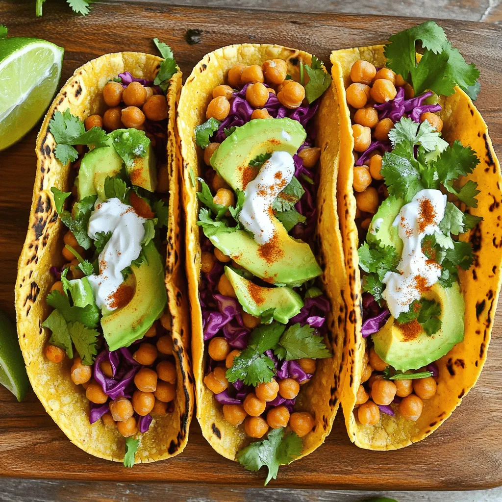 To make these crispy chickpea tacos, you need some simple and tasty ingredients. Here’s the list of what you will need: - 1 can (15 oz) chickpeas, drained and rinsed - 1 tablespoon olive oil - 1 teaspoon smoked paprika - 1 teaspoon ground cumin - ½ teaspoon garlic powder - ½ teaspoon onion powder - ½ teaspoon salt - ¼ teaspoon black pepper - 8 small corn tortillas - 1 avocado, sliced - 1 cup shredded red cabbage - ½ cup fresh cilantro, chopped - 1 lime, cut into wedges - ¼ cup Greek yogurt or a dairy-free alternative (for drizzling) These ingredients work well together to create bold flavors in each taco. The chickpeas provide a wonderful crunch, and the spices add depth. The toppings, like avocado and cabbage, give freshness and crunch. You can mix and match based on your taste. For serving, I recommend adding lime wedges for a zesty kick. The Greek yogurt adds a nice creaminess that balances the spices. With this full recipe, you’ll have a delightful meal that is both filling and healthy. Each bite will burst with flavor, making your dinner special. 1. Preheating the oven First, set your oven to 400°F (200°C). This heat helps the chickpeas become crispy. 2. Coating chickpeas with spices In a medium bowl, add the drained and rinsed chickpeas. Pour in one tablespoon of olive oil. Add the spices: one teaspoon of smoked paprika, one teaspoon of ground cumin, half a teaspoon of garlic powder, half a teaspoon of onion powder, half a teaspoon of salt, and a quarter teaspoon of black pepper. Mix well until every chickpea is coated. 3. Roasting instructions Spread the chickpeas on a lined baking sheet. Bake them for 25 to 30 minutes. Stir them halfway through to ensure even crisping. They should be golden brown and crunchy. 1. Warming tortillas In a dry skillet, warm the corn tortillas over medium heat. Heat each side for about 30 seconds. This makes them soft and easy to fold. 2. Assembling the tacos Take a tortilla and place a generous amount of roasted chickpeas in the center. This is the heart of your taco! 3. Adding garnishes Top the chickpeas with sliced avocado, shredded red cabbage, and chopped cilantro. For a creamy touch, drizzle Greek yogurt on top. Serve with lime wedges for a zesty kick. Enjoy your delicious Crispy Chickpea Tacos! For the complete cooking process, check the Full Recipe. To get crispy chickpeas, start by roasting them at the right temperature. I set my oven to 400°F (200°C). This heat crisps the outside while keeping the inside soft. Spread the chickpeas evenly on the baking sheet. This helps them cook evenly. Stirring the chickpeas halfway through roasting is key. I usually set a timer for 15 minutes. Then, I give them a good toss. This makes sure all sides get that nice golden color and crunch. If you want extra crunch, try these ideas: - Coat the chickpeas in cornstarch before roasting. - Use panko breadcrumbs for a crispier texture. - Roast them a bit longer but keep an eye on them to avoid burning. To boost the flavor, play with spices! Try adding cayenne pepper for heat or dried herbs like oregano. These options can really change the taste. I love making homemade sauces for drizzling. A simple yogurt sauce with lime juice and garlic can add creaminess. You can also make a spicy salsa or a refreshing avocado crema. Using seasonal veggies makes your tacos fresh and colorful. In summer, add juicy tomatoes or corn. In fall, try roasted butternut squash. Seasonal ingredients bring a lot of flavor and nutrients. Find the full recipe to make these tasty tacos that everyone will love! {{image_2}} For a vegan twist, swap Greek yogurt for a dairy-free sauce. You can use cashew cream or a simple tahini dressing. Both options add creaminess and flavor without dairy. If you want extra protein, add black beans or lentils to the tacos. These options boost the protein while keeping the meal plant-based. To change up the taste, try different spice blends. For a smoky flavor, add chipotle or cayenne pepper. For a fresh kick, use fresh herbs like parsley or dill. You can also explore international flavors. Think about adding curry powder for an Indian twist or za'atar for a Middle Eastern flair. Each variation opens up a world of taste, making your tacos unique and exciting. For the full recipe, check the Crunchy Chickpea Fiesta Tacos. To keep your chickpeas fresh, store them in an airtight container. This helps them stay crispy longer. If you have leftover tacos, separate the filling and tortillas. Place the chickpeas in one container and the tortillas in another. This way, the tortillas won’t get soggy. You can store both in the fridge for up to three days. When you're ready to enjoy leftovers, reheat the chickpeas in the oven. Set it to 375°F (190°C) and place them on a baking sheet. Heat for about 10-15 minutes until they’re hot and crispy again. For the tortillas, warm them in a dry skillet. Heat each side for about 20 seconds. This helps them stay soft and avoid becoming chewy. Never microwave the tortillas; this makes them soggy. Enjoy your delicious tacos again! For the full recipe, check out the complete guide. How to make chickpeas crispy without an oven? You can make chickpeas crispy on the stovetop. Heat a skillet over medium-high heat. Add olive oil and chickpeas. Stir often for about 10 to 15 minutes. Cook until they are golden and crunchy. Can I use canned chickpeas for this recipe? Yes, canned chickpeas work great! Just rinse and drain them well. This saves time and still gives you that tasty crunch. What to serve with Crispy Chickpea Tacos? These tacos shine with fresh toppings. Serve them with avocado, shredded cabbage, and cilantro. You can also add lime wedges and a drizzle of Greek yogurt for extra creaminess. Caloric content per serving Each serving of Crispy Chickpea Tacos has about 350 calories. This can vary based on toppings and portion sizes. Health benefits of chickpeas Chickpeas are rich in protein and fiber. They help with digestion and keep you feeling full. They also provide vitamins and minerals. This makes them a healthy choice for any meal. Making crispy chickpea tacos is fun and easy. We started with key ingredients like chickpeas and spices. Next, I laid out step-by-step cooking instructions to guide you through roasting and assembling. Tips for extra crunch and flavor help bring this dish to life. In the end, you can customize tacos to fit your taste. Whether you want vegan options or international flavors, the choices are yours. With these ideas, your meals will be tasty and satisfying. Enjoy your cooking adventure!