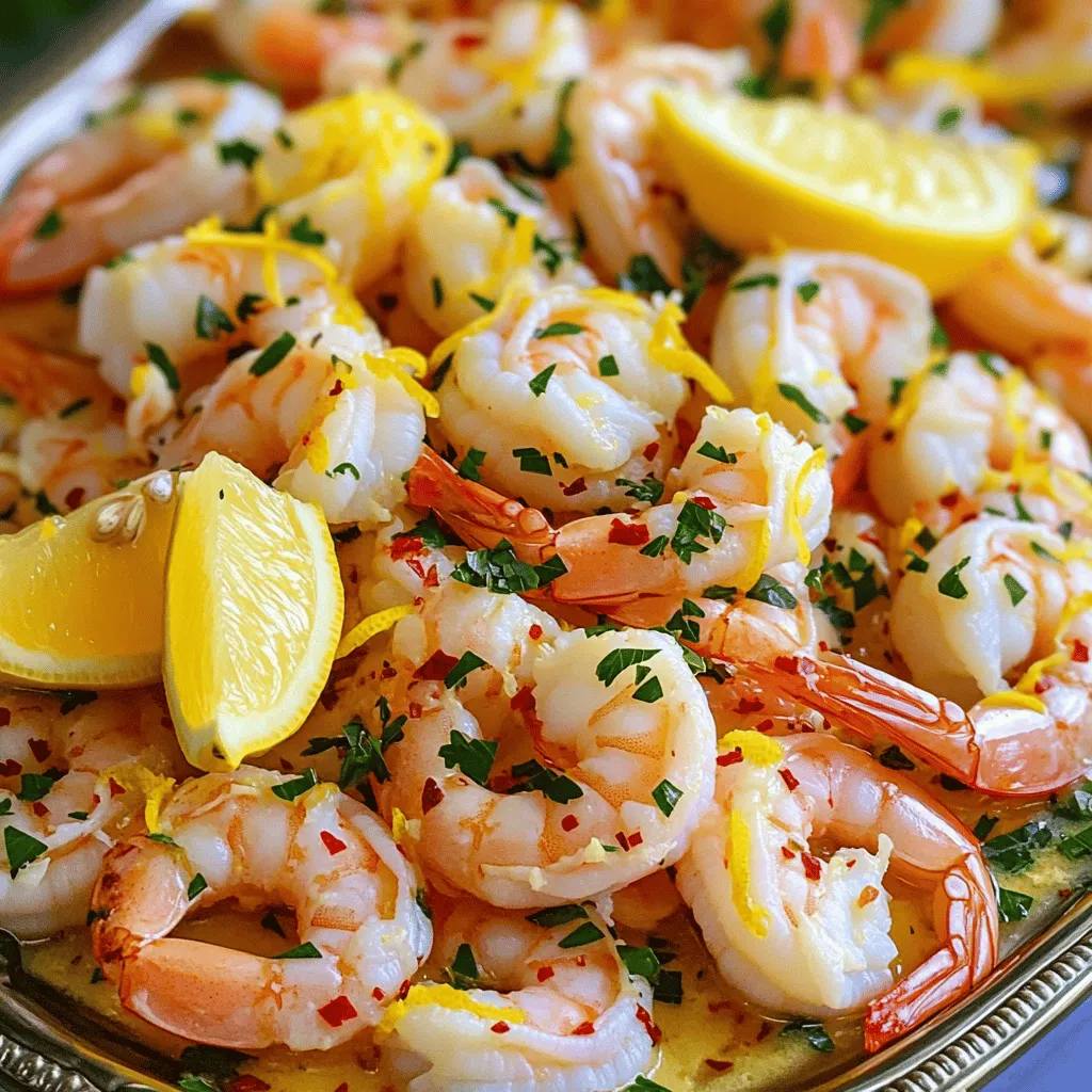 - 1 pound large shrimp, peeled and deveined - 4 tablespoons unsalted butter - 4 cloves garlic, minced - Zest of 1 lemon - Juice of 1 lemon In this dish, the large shrimp shine as the star. I love using fresh shrimp for the best taste. The unsalted butter adds richness, while the garlic brings a delightful aroma. Lemon zest and juice provide a bright, tangy flavor, making every bite refreshing. - 1 teaspoon red pepper flakes (adjust to taste) - 2 tablespoons fresh parsley, chopped - Salt and pepper to taste - Lemon wedges for garnish Red pepper flakes give the dish a nice kick. I often adjust the amount based on how spicy you like it. Fresh parsley adds a pop of color and freshness. Don't forget the salt and pepper; they enhance all the flavors. Lemon wedges on the side are perfect for extra zest. - Large skillet - Spatula - Measuring spoons A large skillet is key for even cooking. I recommend a good spatula to toss the shrimp without breaking them. Measuring spoons help you get the right amounts for each ingredient. With these tools ready, you are set to make this lovely dish. For the Full Recipe, check the details above. To make Lemon Garlic Butter Shrimp, start by prepping your shrimp. Use 1 pound of large shrimp. Peel and devein them if needed. Rinse them under cold water and pat dry with paper towels. This step is key for the best texture. Next, gather your other ingredients. You will need: - 4 tablespoons unsalted butter - 4 cloves garlic, minced - Zest of 1 lemon - Juice of 1 lemon - 1 teaspoon red pepper flakes (adjust to taste) - 2 tablespoons fresh parsley, chopped - Salt and pepper to taste - Lemon wedges for garnish Now, measure your ingredients. Set up your cooking tools, too. Get a large skillet, a spatula, and measuring spoons. Having everything ready makes cooking smooth and fun. Heat your skillet over medium heat. Add the butter and let it melt until it foams. This is where the magic starts. Once the butter is ready, add the minced garlic and red pepper flakes. Sauté for about 1 minute. You want the garlic to turn lightly golden, but be careful not to burn it! Now, it’s time for the shrimp. Turn the heat to medium-high and add the shrimp to the skillet. Season them with salt and pepper. Cook for about 2-3 minutes. Stir occasionally. The shrimp will turn pink and opaque, which signals they are done. After the shrimp look perfect, stir in the lemon zest and lemon juice. Mix everything well. Let it cook for an extra 1-2 minutes. This allows the flavors to blend nicely. Remove the skillet from heat. Sprinkle chopped parsley over the shrimp and toss gently. This adds color and freshness. For serving, place the shrimp on a large platter. Garnish with lemon wedges for a bright touch. You can serve it over rice or with crusty bread to soak up that yummy garlic butter sauce. Enjoy your delicious Lemon Garlic Butter Shrimp! For a complete guide, refer to the Full Recipe. To get the best out of your shrimp, heat the skillet on medium-high. This helps the shrimp cook evenly. When you add the shrimp, make sure they are not crowded. This allows for a nice sear. Once they turn pink, they are ready. For the butter sauce, melt the butter slowly. This keeps it from burning. Once melted, add the garlic for flavor. Sauté until fragrant but not brown. This will give your dish a rich taste without bitterness. To spice things up, consider adding herbs. Fresh basil or cilantro can add depth. You can also try a pinch of smoked paprika for a twist. This gives the dish a unique flavor profile. For sides, serve the shrimp with rice or pasta. Both soak up the sauce well. A fresh salad is also a good choice. It balances the richness of the butter sauce. Plating is key to a great meal. Serve the shrimp on a large white platter. This makes the colors pop. Add lemon wedges on the side for a cheerful touch. Garnishing is another way to impress. Sprinkle fresh parsley over the top. A few lemon slices add freshness. This not only looks good but also enhances the flavor. For a fun twist, serve with crusty bread to soak up the garlic butter sauce. For the complete recipe, check the *Full Recipe* section. {{image_2}} If you want to change up the flavor, try using olive oil instead of butter. It gives a nice taste and is healthy. For seasoning, use garlic powder if you don’t have fresh garlic. You can even swap out the red pepper flakes for paprika if you like less heat. When it comes to seafood, shrimp isn’t the only option. You can use scallops or fish like salmon or tilapia. They cook well in the lemon garlic sauce too. Just adjust the cooking time based on the seafood you choose. Grilling adds a smoky flavor to your shrimp. Just skewer them and place them on the grill. Sautéing is quicker and keeps the shrimp juicy. Both methods work well, so pick what you prefer. For an oven-baked lemon garlic shrimp recipe, preheat your oven to 400°F. Place the shrimp in a baking dish and drizzle with lemon juice and melted butter. Bake for about 10-12 minutes until the shrimp are pink and cooked through. To make this dish gluten-free, just use gluten-free butter or oil. For a dairy-free version, olive oil or coconut oil works well. They keep the dish tasty without dairy. If you need low-sodium options, use unsalted butter or omit added salt. Fresh herbs can add flavor without sodium. You can enjoy this dish while sticking to your dietary needs! To store your Lemon Garlic Butter Shrimp, let it cool first. Place the shrimp in an airtight container. This helps keep it fresh and safe. I prefer glass containers because they do not hold odors. You can also use plastic containers if you like. Make sure the lid seals well to prevent air from getting in. If you want to save your shrimp for later, freezing is a great option. Place the shrimp in a freezer-safe bag. Remove as much air as you can before sealing it. This helps prevent freezer burn. When you are ready to eat, thaw the shrimp in the fridge overnight. For quick thawing, you can place the bag in cold water for about 30 minutes. To reheat frozen shrimp, warm them gently in a skillet over low heat. This keeps the shrimp from getting tough. You can also add a splash of lemon juice or butter to keep it moist. In the fridge, your leftovers can last about 2 to 3 days. Always check for signs of spoilage before eating. If the shrimp smells off or has a slimy texture, it’s best to throw it away. Fresh shrimp should smell like the ocean, not like fish. You can enjoy Lemon Garlic Butter Shrimp with many tasty sides. Here are some great ideas: - Rice: White rice or brown rice works well. - Pasta: Tossed with olive oil and herbs is perfect. - Crusty Bread: Use it to soak up the sauce. - Steamed Vegetables: Broccoli, asparagus, or green beans add color and nutrition. - Salad: A fresh salad with lemon vinaigrette balances the meal. These sides create a full and satisfying plate. Yes, you can use frozen shrimp! Here are some tips: - Thaw Shrimp: Place shrimp in a bowl of cold water for about 15-20 minutes. - Pat Dry: After thawing, dry the shrimp with paper towels. - Cook Time: Frozen shrimp may take a minute or two longer to cook. Using frozen shrimp is a great option when fresh shrimp isn't available. Look for these signs to know shrimp is ready: - Color: Shrimp should turn pink and opaque. - Shape: Cooked shrimp curl into a nice "C" shape. - Texture: Firm to the touch, not mushy. These signs ensure your shrimp is perfectly cooked and safe to eat. This blog post shared a simple and tasty way to make Lemon Garlic Butter Shrimp. I broke down key ingredients, like shrimp and butter, and easy steps for cooking. You learned tips for perfect flavor and nice presentation. Overall, this dish is quick, flavorful, and fun to make. Enjoy crafting this meal and impressing family or friends. Remember, with a few tweaks and storage tips, you can enjoy it later too! Happy cooking!