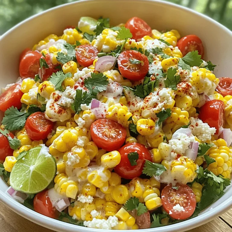 For this salad, fresh corn is key. I use 4 ears of corn. The sweet, juicy kernels make the dish bright and fresh. Grilling the corn adds a wonderful smoky flavor. After grilling, let it cool before removing the kernels. I add colorful veggies to the mix. One cup of halved cherry tomatoes gives a nice pop. They add sweetness and color. I also use half a cup of finely chopped red onion. This gives a bit of crunch and flavor. Fresh cilantro is a must, too! I like to add a quarter cup, chopped. It brings a fresh taste that pairs well with the corn. The dressing ties everything together. I mix two tablespoons of mayonnaise with one tablespoon of lime juice. This gives a creamy, zesty kick. I add one teaspoon of chili powder for some heat. Finally, I season with salt and pepper. This simple dressing makes the salad rich and flavorful. For the full recipe, check out the detailed instructions. First, I grill the corn. I do this until it gets a nice char. This usually takes about 10 minutes. I turn the corn every few minutes for even cooking. Once it's done, I let it cool down a bit. Then, I slice the kernels off the cob into a large bowl. This fresh corn brings a sweet and smoky flavor to the salad. Next, I add the other ingredients. I toss in the halved cherry tomatoes and the chopped red onion. I also add the fresh cilantro and crumbled cotija cheese. In a small bowl, I mix the mayonnaise, lime juice, chili powder, salt, and pepper until smooth. Then, I pour this dressing over the corn mixture. I gently toss everything together until well coated. It’s bright, fresh, and full of flavor. After mixing, I let the salad chill. I pop it in the fridge for about 20 minutes. This allows the flavors to blend beautifully. Chilling also makes the salad refreshing. When ready to serve, it tastes even better! For the full recipe, check out the link. Grilling corn is fun and easy. Start with fresh corn. Husk it and soak it in cold water for 20 minutes. This helps keep it moist. Heat your grill to medium-high. Place the corn on the grill and cook for about 10 minutes. Turn the corn often for even charring. You want a nice golden color. This adds a great smoky flavor. To boost flavor, add lime juice. It brightens the salad. Chili powder gives it a nice kick. If you like more heat, use cayenne pepper. You can also add garlic for depth. Fresh cilantro brings a burst of freshness. Mix everything well to let the flavors blend. Taste and adjust the seasoning. This step is key to a tasty salad. Serve this salad as a side dish. It pairs well with grilled meats or tacos. You can also serve it at a picnic or barbecue. For a fun twist, use it as a topping for nachos. This salad looks great in a clear bowl. The colors pop, making it eye-catching. Chill it for 20 minutes before serving. This allows the flavors to meld perfectly. For the full recipe, check out the details above. {{image_2}} To make a spicy version, add jalapeños. You can use fresh or pickled jalapeños. Chop them finely and mix them in with the other veggies. This adds heat and flavor. If you like it extra spicy, add hot sauce to the dressing. You can also try adding cayenne pepper to the mix. Just a dash can make a big difference. This variation really brings the heat! For a vegetarian twist, consider adding black beans. They add protein and a nice texture. Just rinse and drain a can before mixing them in. You can also throw in diced avocado for creaminess. It pairs well with the corn and cheese. Another idea is to add bell peppers. They add crunch and a pop of color. Use red or yellow for sweetness. If you can’t find cotija cheese, don’t worry. Feta cheese works well too. It has a similar crumbly texture. You can also try queso fresco for a milder taste. For a dairy-free option, use nutritional yeast. It gives a cheesy flavor without the milk. Use it to sprinkle on top after mixing. These variations keep the salad fresh and fun. Try them out to find your favorite twist! For the full recipe, check out the section above. After enjoying your Mexican Street Corn Salad, store any leftovers in an airtight container. This keeps the salad fresh and tasty. You can store it in the fridge for up to three days. Make sure to mix it gently before serving again. If you notice any liquid, that’s normal. Just stir it in before you eat. Freezing is not the best choice for this salad. The fresh ingredients can lose their crunch and flavor. However, if you must freeze it, put it in a freezer-safe container. Use it within one month for the best taste. When you’re ready to eat it, thaw it in the fridge overnight. To reheat, avoid using a microwave as it can make the salad soggy. Instead, gently warm it on the stove over low heat. Stir occasionally until just heated through. If you want, add a splash of lime juice for extra flavor. Enjoy the salad warm, or serve it cold right from the fridge. For the full recipe, check out the ingredients and steps above. Yes, you can use frozen corn. It is a great option when fresh corn is not in season. To use frozen corn, simply thaw it first. Then, heat it in a pan or microwave. This helps bring out the sweet flavor. You can skip the grilling step if you want. The salad will still taste good! If you cannot find cotija cheese, feta cheese works well too. It has a similar crumbly texture. You can also try queso fresco for a milder taste. For a dairy-free option, use vegan feta. It adds a nice flavor without the dairy. This salad stays fresh for about 3 days in the fridge. Keep it in an airtight container for best results. The flavors will blend more as it sits, making it tasty. Just check for freshness before serving it again. Enjoy it chilled for the best taste. For the full recipe, check out the complete instructions above! This blog post covered how to make a fresh and tasty corn salad. We reviewed the key ingredients, step-by-step instructions, and added tips for flavor and serving. You learned variations to make the dish your own. We also discussed storage and answered common questions to help you. Enjoy this salad at any meal. With fresh ingredients and a few twists, it becomes a crowd-pleaser. Happy cooking!