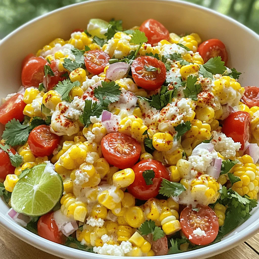 For this salad, fresh corn is key. I use 4 ears of corn. The sweet, juicy kernels make the dish bright and fresh. Grilling the corn adds a wonderful smoky flavor. After grilling, let it cool before removing the kernels. I add colorful veggies to the mix. One cup of halved cherry tomatoes gives a nice pop. They add sweetness and color. I also use half a cup of finely chopped red onion. This gives a bit of crunch and flavor. Fresh cilantro is a must, too! I like to add a quarter cup, chopped. It brings a fresh taste that pairs well with the corn. The dressing ties everything together. I mix two tablespoons of mayonnaise with one tablespoon of lime juice. This gives a creamy, zesty kick. I add one teaspoon of chili powder for some heat. Finally, I season with salt and pepper. This simple dressing makes the salad rich and flavorful. For the full recipe, check out the detailed instructions. First, I grill the corn. I do this until it gets a nice char. This usually takes about 10 minutes. I turn the corn every few minutes for even cooking. Once it's done, I let it cool down a bit. Then, I slice the kernels off the cob into a large bowl. This fresh corn brings a sweet and smoky flavor to the salad. Next, I add the other ingredients. I toss in the halved cherry tomatoes and the chopped red onion. I also add the fresh cilantro and crumbled cotija cheese. In a small bowl, I mix the mayonnaise, lime juice, chili powder, salt, and pepper until smooth. Then, I pour this dressing over the corn mixture. I gently toss everything together until well coated. It’s bright, fresh, and full of flavor. After mixing, I let the salad chill. I pop it in the fridge for about 20 minutes. This allows the flavors to blend beautifully. Chilling also makes the salad refreshing. When ready to serve, it tastes even better! For the full recipe, check out the link. Grilling corn is fun and easy. Start with fresh corn. Husk it and soak it in cold water for 20 minutes. This helps keep it moist. Heat your grill to medium-high. Place the corn on the grill and cook for about 10 minutes. Turn the corn often for even charring. You want a nice golden color. This adds a great smoky flavor. To boost flavor, add lime juice. It brightens the salad. Chili powder gives it a nice kick. If you like more heat, use cayenne pepper. You can also add garlic for depth. Fresh cilantro brings a burst of freshness. Mix everything well to let the flavors blend. Taste and adjust the seasoning. This step is key to a tasty salad. Serve this salad as a side dish. It pairs well with grilled meats or tacos. You can also serve it at a picnic or barbecue. For a fun twist, use it as a topping for nachos. This salad looks great in a clear bowl. The colors pop, making it eye-catching. Chill it for 20 minutes before serving. This allows the flavors to meld perfectly. For the full recipe, check out the details above. {{image_2}} To make a spicy version, add jalapeños. You can use fresh or pickled jalapeños. Chop them finely and mix them in with the other veggies. This adds heat and flavor. If you like it extra spicy, add hot sauce to the dressing. You can also try adding cayenne pepper to the mix. Just a dash can make a big difference. This variation really brings the heat! For a vegetarian twist, consider adding black beans. They add protein and a nice texture. Just rinse and drain a can before mixing them in. You can also throw in diced avocado for creaminess. It pairs well with the corn and cheese. Another idea is to add bell peppers. They add crunch and a pop of color. Use red or yellow for sweetness. If you can’t find cotija cheese, don’t worry. Feta cheese works well too. It has a similar crumbly texture. You can also try queso fresco for a milder taste. For a dairy-free option, use nutritional yeast. It gives a cheesy flavor without the milk. Use it to sprinkle on top after mixing. These variations keep the salad fresh and fun. Try them out to find your favorite twist! For the full recipe, check out the section above. After enjoying your Mexican Street Corn Salad, store any leftovers in an airtight container. This keeps the salad fresh and tasty. You can store it in the fridge for up to three days. Make sure to mix it gently before serving again. If you notice any liquid, that’s normal. Just stir it in before you eat. Freezing is not the best choice for this salad. The fresh ingredients can lose their crunch and flavor. However, if you must freeze it, put it in a freezer-safe container. Use it within one month for the best taste. When you’re ready to eat it, thaw it in the fridge overnight. To reheat, avoid using a microwave as it can make the salad soggy. Instead, gently warm it on the stove over low heat. Stir occasionally until just heated through. If you want, add a splash of lime juice for extra flavor. Enjoy the salad warm, or serve it cold right from the fridge. For the full recipe, check out the ingredients and steps above. Yes, you can use frozen corn. It is a great option when fresh corn is not in season. To use frozen corn, simply thaw it first. Then, heat it in a pan or microwave. This helps bring out the sweet flavor. You can skip the grilling step if you want. The salad will still taste good! If you cannot find cotija cheese, feta cheese works well too. It has a similar crumbly texture. You can also try queso fresco for a milder taste. For a dairy-free option, use vegan feta. It adds a nice flavor without the dairy. This salad stays fresh for about 3 days in the fridge. Keep it in an airtight container for best results. The flavors will blend more as it sits, making it tasty. Just check for freshness before serving it again. Enjoy it chilled for the best taste. For the full recipe, check out the complete instructions above! This blog post covered how to make a fresh and tasty corn salad. We reviewed the key ingredients, step-by-step instructions, and added tips for flavor and serving. You learned variations to make the dish your own. We also discussed storage and answered common questions to help you. Enjoy this salad at any meal. With fresh ingredients and a few twists, it becomes a crowd-pleaser. Happy cooking!