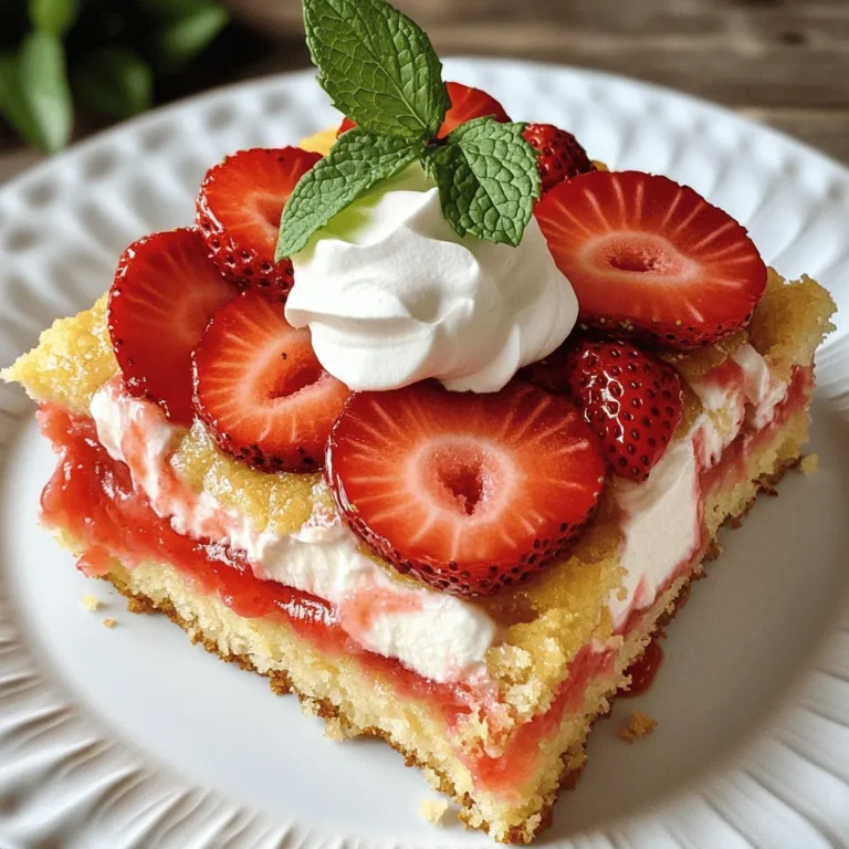 To make this wonderful dessert, gather these simple ingredients: - 2 cups fresh strawberries, hulled and sliced - 1 cup cream cheese, softened - 1 cup sugar, divided - 1 teaspoon vanilla extract - 1 cup all-purpose flour - 1 cup milk - 1/2 cup butter, melted - 2 teaspoons baking powder - 1/4 teaspoon salt - Whipped cream, for serving (optional) - Fresh mint leaves, for garnish (optional) When choosing strawberries, look for bright red color. They should be firm and plump. Avoid berries with green or white spots. Smell the strawberries, too; ripe ones have a sweet scent. Check for any signs of mold or bruising. Fresh strawberries taste best in this dish. If you want a change from cream cheese, try using mascarpone. It gives a similar texture and taste. Greek yogurt is another option, offering a lighter feel. You can also use ricotta for a different flavor. Just make sure to adjust sugar levels if you switch. First, set your oven to 350°F (175°C). This is the perfect heat for baking the cake. Grease a 9x13 inch baking dish with butter or cooking spray. This will help the cake come out easily. You don’t want it to stick! 1. In a bowl, combine the sliced strawberries with 1/4 cup of sugar. Toss them gently and let them sit for about 10 minutes. This helps the strawberries release their sweet juices. 2. In another bowl, beat 1 cup of softened cream cheese with 3/4 cup of sugar and 1 teaspoon of vanilla. Mix until it’s smooth and creamy. This will be your rich cream cheese layer. 3. In a large mixing bowl, mix the dry ingredients. Combine 1 cup of flour, 2 teaspoons of baking powder, and 1/4 teaspoon of salt. 4. Add 1/2 cup of melted butter and 1 cup of milk to the dry mix. Stir until just combined. Don’t overmix! 5. Pour the cake batter into the greased dish. Spread it out evenly. Next, spoon dollops of the cream cheese mixture over the batter. 6. Finally, add the sugared strawberries on top. Do not mix; just layer everything nicely. Now, place your dish in the preheated oven. Bake for 45 to 55 minutes. Check if it’s done by inserting a toothpick in the center. If it comes out clean, your cake is ready! Let it cool slightly after baking. You can serve it warm or at room temperature. Top it with whipped cream and fresh mint if you like. Enjoy your delightful dessert! For the full recipe, click here. To get a smooth cream cheese layer, start with softened cream cheese. I let it sit out for about 30 minutes before mixing. This helps it blend well. Use a hand mixer or stand mixer for the best results. Beat it with sugar and vanilla until it is creamy. Make sure there are no lumps. If you prefer a lighter mix, add a splash of milk. Greasing your baking dish is key to a clean release. I use spray oil or butter to coat the dish well. You can also line the dish with parchment paper for extra safety. If the cake does stick, run a knife around the edges to loosen it. Then, gently lift it out with a spatula. For a tasty twist, serve the dump cake with whipped cream. It adds a light, fluffy texture. Fresh mint leaves make a nice garnish. They add color and a refreshing taste. You might also try drizzling some chocolate or caramel sauce on top for extra flavor. If you love nuts, sprinkle some chopped almonds or walnuts for crunch. For the complete Strawberry Cheesecake Dump Cake recipe, you can check the Full Recipe. {{image_2}} You can easily make this dessert gluten-free. Use gluten-free all-purpose flour instead of regular flour. Look for brands that contain xanthan gum. This will help bind the cake. The texture will still be soft and tasty. If you want a twist, try different fruits. Blueberries, raspberries, or peaches work well. Each fruit brings its own flavor. Mix and match to find your favorite. Just remember to adjust the sugar based on the fruit's sweetness. You can change the flavor by using different extracts. Almond or lemon extract adds a nice touch. Just use a half teaspoon to start. This small change can make a big impact on taste. Have fun experimenting with your favorite flavors. For the full recipe, check out the instructions above. Store any leftover strawberry cheesecake dump cake in an airtight container. This keeps it fresh for days. Let the cake cool completely before covering it. Place it in the fridge within two hours of baking. The cool air helps to prevent sogginess. Enjoy the cake within three to four days for the best taste. To reheat, preheat your oven to 350°F (175°C). Cut a slice of the cake and place it on a baking sheet. Heat for about 10 to 15 minutes. This warms the cake without drying it out. You can also use a microwave. Heat for 30 seconds to one minute, checking often. Serve warm for the best flavor. If you want to freeze the dump cake, let it cool completely first. Wrap it tightly in plastic wrap. Then, place it in a freezer-safe container or bag. This helps to prevent freezer burn. It can last for up to three months in the freezer. To enjoy, thaw it in the fridge overnight. Reheat it as mentioned above before serving. You can find the full recipe for strawberry cheesecake dump cake earlier in this article. Yes, you can make it ahead of time. I suggest baking it the day before. Let it cool and store it covered in the fridge. This allows the flavors to blend well. When you're ready to serve, warm it in the oven for a few minutes. It tastes great warm! Serving this dessert is easy. I love to serve it warm with a dollop of whipped cream. You can add fresh mint leaves on top for a nice touch. Some people enjoy it with a scoop of vanilla ice cream. The choice is yours! Yes, you can use frozen strawberries. Just thaw them and drain excess juice before using. The flavor will still be delicious! However, fresh strawberries provide a brighter taste and better texture. If you choose frozen, make sure to adjust the sugar to taste. For the full recipe, check out the details above! This post covered how to make a delicious Strawberry Cheesecake Dump Cake. We talked about the right ingredients, tips for selecting fresh fruit, and alternative options for cream cheese. I shared step-by-step instructions for preparing and baking your cake. You also learned serving ideas and handy storage tips. Make this cake your own using different fruits or flavors. Enjoy tasty moments with family and friends!