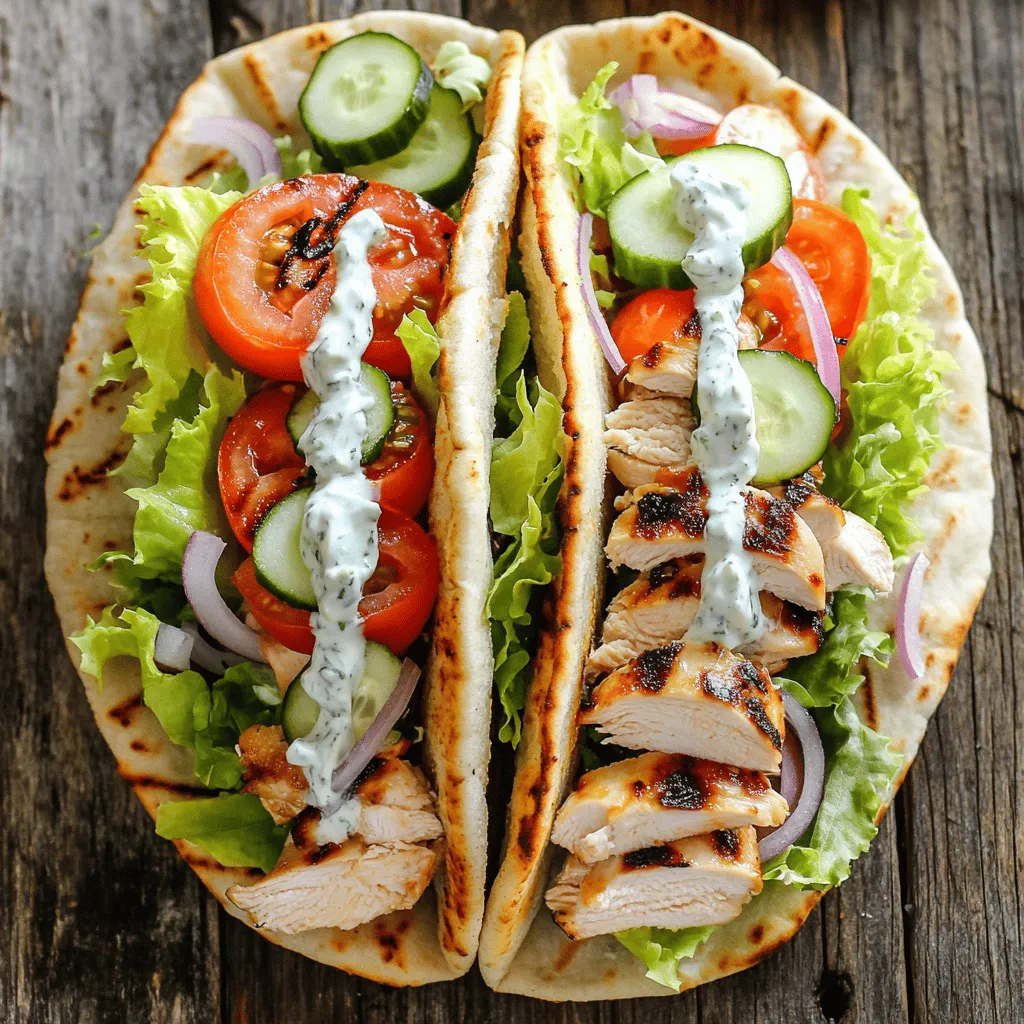 To make great Greek chicken gyros, you need fresh, quality ingredients. Here’s what you’ll need: - 1 lb boneless, skinless chicken thighs - 3 tablespoons olive oil - 1 tablespoon Greek yogurt - Juice of 1 lemon - 3 cloves garlic, minced - 1 teaspoon dried oregano - 1 teaspoon paprika - Salt and pepper to taste - 4 pita breads - 1 cup shredded lettuce - 1 medium tomato, diced - ½ cucumber, thinly sliced - ½ red onion, thinly sliced - ½ cup tzatziki sauce Using fresh ingredients makes a big difference. The chicken thighs stay tender and juicy when cooked. The olive oil adds a rich flavor, while Greek yogurt makes the marinade creamy. Fresh veggies like tomatoes and cucumbers add crunch and brightness. Tzatziki sauce brings it all together with its cool, tangy taste. If you want to switch up your gyros, here are some ideas: - Try lamb or beef instead of chicken for a different flavor. - For a gluten-free option, use gluten-free pita bread or lettuce wraps. These substitutions keep the dish close to the original while allowing for personal tastes and dietary needs. To start, we need to make a tasty marinade. In a large bowl, mix together: - 3 tablespoons olive oil - 1 tablespoon Greek yogurt - Juice of 1 lemon - 3 cloves garlic, minced - 1 teaspoon dried oregano - 1 teaspoon paprika - Salt and pepper to taste Whisk these ingredients until they blend well. Next, add 1 pound of boneless, skinless chicken thighs. Make sure the chicken is fully coated in the marinade. Cover the bowl and place it in the fridge. For the best flavor, let it marinate for at least 1 hour. If you can, marinate overnight. This time allows the flavors to soak in deeply. Now, it’s time to cook! Preheat your grill or grill pan over medium-high heat. Remove the chicken from the marinade and let the excess drip off. Discard the leftover marinade. Grill the chicken for about 6-7 minutes on each side. You want the internal temperature to reach 165°F (75°C). This means the chicken is safe to eat and fully cooked. Look for nice grill marks for that perfect char. Once done, take the chicken off the grill and let it rest for 5 minutes. This helps keep it juicy. Now, let’s build your gyros! Start with warm pita bread. You can warm them on the grill or in a dry skillet for about 1-2 minutes. Take a piece of pita and layer on: - Shredded lettuce - Diced tomatoes - Cucumber slices - Red onion - Sliced chicken Finally, drizzle tzatziki sauce on top. Fold the pita to wrap it tightly around the fillings. Serve fresh and warm. You can add extra tzatziki on the side for dipping. This makes every bite even better! For the full recipe, check the earlier section. Making Greek chicken gyros can be simple. However, some common mistakes can ruin the dish. - Over-marinating: If you let the chicken sit too long in the marinade, it can become mushy. Aim for 1 to 6 hours for the best flavor. - Skipping the rest time: After grilling, let the chicken rest for about 5 minutes. This step helps keep the juices inside. To achieve the best texture, use boneless, skinless chicken thighs. They remain moist and tender during cooking. If you prefer chicken breasts, be careful not to overcook them. Adding extra toppings can elevate your gyros. Here are some great ideas: - Feta cheese: Crumble feta on top for a salty kick. - Olives: Sliced Kalamata olives add a briny flavor. You can also play with seasonings. Try adding: - Cumin: It gives a warm, earthy note. - Cayenne: For a touch of heat, blend in a pinch. For more flavor, explore the [Full Recipe] for more tips and tricks. This way, you make the most out of your gyros! {{image_2}} You can switch up the marinade for your gyros to keep things fun. Try using yogurt with added herbs. This will give your chicken a fresh taste. A blend of rosemary and thyme works wonders. You can also add some spice with chili powder or cayenne pepper. This gives the chicken a bit of heat. If you want a sweeter touch, use honey in the marinade. This adds a nice glaze when you grill the chicken. You might also try a Mediterranean twist with balsamic vinegar and garlic. Many local spices can enhance your dish. Gyros are great, but what about sides? Pairing your gyros with Greek salad is a classic choice. The fresh veggies add crunch and color. You can also serve your gyros with roasted potatoes. Their crispy texture complements the soft pita. If you want to make it a full meal, add some rice on the side. A side of hummus with pita chips is also a hit! This gives you a nice variety of flavors. Don't forget to serve extra tzatziki for dipping. It adds a cool, creamy touch that everyone loves. For the full recipe, check out the details above. After enjoying your Greek Chicken Gyros, store any leftovers properly. First, let them cool to room temperature. Then, wrap the gyros tightly in plastic wrap or foil. You can also place them in an airtight container. This keeps them fresh. Store them in the fridge for up to three days. For the best taste, eat them within two days. To keep your gyros fresh, separate the chicken and vegetables from the pita. This prevents sogginess. Store the chicken in one container and the veggies in another. The pita can go in a bag with some air removed. This helps maintain their texture. To reheat the chicken, avoid the microwave if you can. Microwaving dries it out. Instead, use a skillet over medium heat. Add a splash of water to keep it moist. Heat for about 5 minutes, stirring often. You can also use the oven. Preheat it to 350°F (175°C) and warm the chicken for 10 minutes. For the pita, warm it in a dry skillet over medium heat for about 1-2 minutes. You want it soft and pliable again. Avoid using the microwave for pita as it can make it chewy. Enjoy your gyros just like they were fresh! For the full recipe, check out the details above. If you don't have Greek yogurt, try sour cream or plain yogurt. Both give a creamy texture. You can also use a vegan option, like cashew yogurt. Each choice will offer a slightly different flavor but will still work well in the marinade. Yes, you can use chicken breast. It is leaner and cooks faster. However, chicken thighs are juicier and more flavorful. If you use breasts, be careful not to overcook them to avoid dryness. To check if chicken is done, use a meat thermometer. It should read 165°F (75°C) at the thickest part. You can also cut into the chicken; the juices should run clear, not pink. Absolutely! You can marinate the chicken a day ahead. Store it in the fridge. Cooked gyros can also be assembled and kept for a few hours. Just wrap them tightly to keep them fresh. Tzatziki sauce is the classic choice. It’s creamy and cool, perfect for gyros. You can also try garlic sauce or hummus for a twist. These sauces add flavor and moisture to your dish. To find great gyros, use apps like Yelp or Google Maps. Check reviews and ratings to help you choose. You can also ask friends or family for their favorite local spots. This article covered essential ingredients and steps for making Greek chicken gyros. We explored quality ingredients and their impact on flavor. I shared tips for marinating, cooking, and assembling for best results. Common mistakes and storage options were also discussed. As you prepare your gyros, remember to get creative with flavors. Enjoy the process and make it your own! You will impress everyone with your delicious creations. Happy cooking!