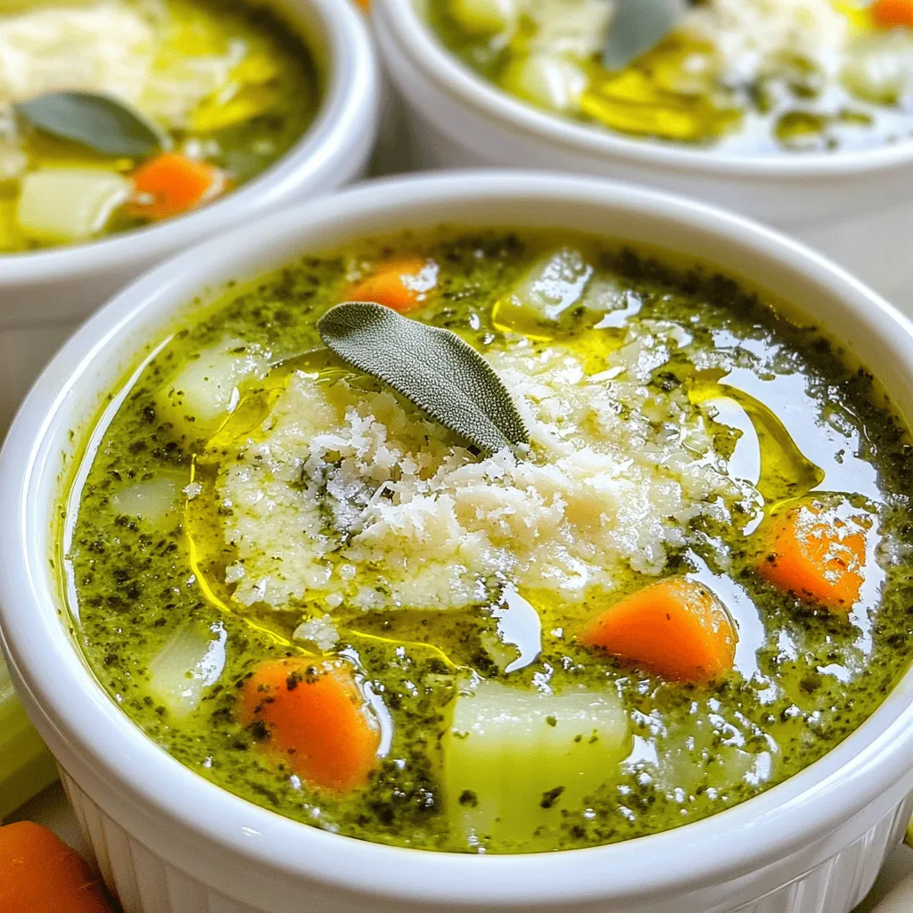 Roasted Garlic Sage Pesto Soup is a warm and rich dish. It combines roasted garlic, fresh herbs, and veggies. This soup is simple to make and packs a lot of flavor. You can enjoy it as a starter or a main dish. - 1 head of garlic - 1 tablespoon olive oil - 1 medium onion, chopped - 2 medium carrots, diced - 2 celery stalks, diced - 4 cups vegetable broth - 2 cups fresh spinach - 1 cup fresh basil - 1 cup fresh sage leaves - ½ cup grated Parmesan cheese - ½ cup walnuts, toasted - Salt and pepper to taste - 1 tablespoon lemon juice You can add more flavor with extra herbs like thyme or rosemary. A pinch of red pepper flakes gives a nice kick. If you want a creamier texture, try adding heavy cream or coconut milk. You can also use different nuts, like pine nuts or almonds, for the pesto. This recipe is all about balance and freshness. Feel free to mix in your favorite veggies, like zucchini or bell peppers. Each addition brings its own taste to the soup. Check out the Full Recipe to see how to make this delicious dish! To start, I preheat the oven to 400°F (200°C). I slice the top off a whole head of garlic. This exposes the cloves inside. Then, I drizzle it with olive oil and wrap it tightly in aluminum foil. I let it roast for 30-35 minutes. The garlic will turn soft and sweet as it cooks. Once done, I let it cool slightly before squeezing the cloves out of their skins. This roasted garlic adds rich flavor to the soup. Next, I heat 2 tablespoons of olive oil in a large pot over medium heat. I chop one medium onion and add it to the pot. Then, I dice two medium carrots and two celery stalks, tossing them in as well. I sauté these veggies for about 5-7 minutes. I wait until they soften and become fragrant. This step builds a great base for the soup. Now, I prepare the pesto. In my food processor, I combine the roasted garlic cloves, two cups of fresh spinach, one cup of fresh basil, and one cup of fresh sage leaves. I also add ½ cup of grated Parmesan cheese and ½ cup of toasted walnuts. I blend everything until smooth. If it feels too thick, I splash in some vegetable broth or water. This homemade pesto brings bold flavors to my soup. Once the vegetables are sautéed, I pour in four cups of vegetable broth. I bring it to a gentle simmer. Then, I stir in the pesto mixture. I let everything cook together for an extra 5-10 minutes. This allows the flavors to blend well. Finally, I add 1 tablespoon of lemon juice, salt, and pepper to taste. This step brightens the soup. If I want a creamier texture, I can blend it until smooth. I serve it hot, drizzled with olive oil or a sprinkle of Parmesan from the [Full Recipe]. To boost the taste of your roasted garlic sage pesto soup, use fresh herbs. Fresh basil and sage make a big impact. They add a bright, vibrant flavor. You can also add a squeeze of lemon juice. This will give your soup a nice zing. For a richer taste, try adding more Parmesan cheese. It melts beautifully and adds depth. Roasting garlic brings out its sweet, mellow flavor. Start by preheating your oven to 400°F (200°C). Slice the top off the garlic head. Drizzle olive oil over it and wrap it in foil. Roast for 30-35 minutes until soft. The cloves should be golden brown and caramelized. Let it cool slightly before squeezing the cloves out of their skins. Avoid burning your garlic while roasting. Keep an eye on it to prevent bitterness. Also, don’t skip the blending step for the pesto. A smooth texture helps the flavors mix well. Lastly, taste your soup before serving. Adjust the salt and pepper to your liking. This ensures a dish that is full of flavor. For the full recipe, check out the [Full Recipe]. {{image_2}} You can easily swap ingredients in this soup. If you want a different nut, try pine nuts or pecans. For cheese lovers, use feta or goat cheese instead of Parmesan. You can also replace spinach with kale for a heartier taste. If you prefer a creamier soup, add a splash of cream or coconut milk. To make this soup vegan, simply leave out the cheese. Use nutritional yeast instead for a cheesy flavor. Replace the butter with olive oil for sautéing. Check the vegetable broth to ensure it is vegan-friendly. This way, you can enjoy a delicious bowl without dairy. Feel free to play with spices and herbs! Add a pinch of red pepper flakes for heat. If you like it fresh, try adding thyme or oregano. For a twist, mix in a bit of lemon zest. These changes will add layers of flavor to your soup and keep it interesting. For the full recipe of Roasted Garlic Sage Pesto Soup, check out the complete details above. To keep your roasted garlic sage pesto soup fresh, let it cool first. Transfer it to an airtight container. It can last in the fridge for up to four days. Make sure to label the container with the date. This way, you can enjoy it later without worry. Reheating the soup is easy. Pour the soup into a pot over medium heat. Stir often to prevent sticking. Heat until it reaches your desired warmth. You can also use a microwave. Pour the soup into a microwave-safe bowl. Heat in short bursts, stirring in between. If you want to save some for later, freezing works well. Use freezer-safe containers or bags. Leave some space at the top for expansion. The soup keeps well in the freezer for up to three months. When you're ready to eat, thaw it overnight in the fridge. Then, reheat as mentioned above. Enjoy this delicious soup whenever you like! For the complete recipe, check the full recipe section. You can use pine nuts or pecans instead of walnuts. Both give a nice crunch. If you want a nut-free option, try sunflower seeds. They add a good texture and flavor too. You can also skip nuts altogether for a lighter pesto. Yes, but fresh herbs are best for flavor. If you use dried herbs, use less. Dried herbs are stronger, so about one-third of the amount should work. Try to add them early to let the flavor bloom in the soup. The soup is ready when all veggies are soft. You can check by piercing them with a fork. If they mash easily, it's done. The flavors should meld nicely after simmering for a few minutes. Taste to adjust salt and pepper. For the full recipe, see above. This blog post provided a complete guide on making roasted garlic soup with pesto. We covered the key ingredients, easy step-by-step instructions, helpful tips, tasty variations, and storage info. In closing, making this soup can be fun and rewarding. You can adjust flavors to match your taste. Follow these steps, and enjoy a warm bowl of comfort. Happy cooking!