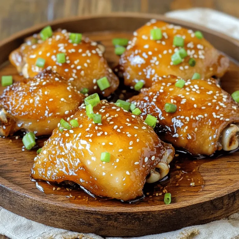 To make Honey Garlic Chicken, gather these main items: - 4 boneless, skinless chicken thighs - 1/4 cup honey - 3 tablespoons soy sauce (low sodium preferred) - 4 cloves garlic, minced - 1 tablespoon fresh ginger, grated - 1 tablespoon rice vinegar - 1 teaspoon sesame oil - Salt and pepper to taste - 2 green onions, chopped (for garnish) - Sesame seeds (for garnish) These simple ingredients create a sweet and savory flavor that many love. You can add some optional items to boost the taste: - Red pepper flakes for heat - Fresh herbs like cilantro for freshness - Lime juice for a zesty kick These extras can change the dish's flavor profile and make it more exciting. If you don't have some ingredients, here are some good swaps: - Chicken thighs can be replaced with chicken breasts. - Honey can be swapped with maple syrup for a different sweetness. - Soy sauce can be replaced with coconut aminos for a gluten-free option. These substitutes can help you make the recipe with what you have on hand. For the complete cooking process, check out the Full Recipe. To start, gather your ingredients. In a mixing bowl, mix these items: - 1/4 cup honey - 3 tablespoons soy sauce - 4 cloves garlic, minced - 1 tablespoon fresh ginger, grated - 1 tablespoon rice vinegar - 1 teaspoon sesame oil - Salt and pepper to taste Whisk everything together until smooth. This mix will flavor the chicken well. It’s important to coat the chicken fully. Next, place your chicken thighs in a bag or dish. Pour the marinade over them. Seal the bag or cover the dish. Let it sit in the fridge for at least 30 minutes. If you have time, marinate for up to 2 hours for more flavor. Now, preheat your oven to 400°F (200°C). Line a baking dish with parchment paper for easy cleanup. Remove the chicken from the marinade and set it in the dish. Keep some marinade for later. Bake the chicken for 20 minutes. While it bakes, take the reserved marinade. Pour it into a saucepan and heat it. Bring it to a boil, then lower the heat to let it simmer for 5-7 minutes. This will thicken it up. After 20 minutes, take the chicken out and brush it with the thickened sauce. Put it back into the oven for another 10-15 minutes. The chicken should reach 165°F (75°C) and turn golden brown. Let it rest before slicing. Serve your Honey Garlic Chicken warm. I like to garnish it with chopped green onions and a sprinkle of sesame seeds. This adds color and crunch. You can pair it with rice or steamed veggies for a complete meal. For the full recipe, refer to the previous section. To cook chicken just right, keep it at the right temperature. Aim for an internal temperature of 165°F (75°C). Use a meat thermometer for accuracy. This step ensures your chicken is safe to eat and juicy. Bake the chicken until golden brown for extra flavor. If you want crispy skin, broil it for a few minutes at the end. Marinating makes a big difference in taste. For the best flavor, let the chicken sit in the marinade for at least 30 minutes. If you have time, marinate it for 2 hours or even overnight. This allows the flavors to soak in deeply. Don't forget to save some marinade to use as a sauce later. It adds more flavor when brushed on during cooking. You can also grill or stir-fry honey garlic chicken. For grilling, preheat your grill and cook the chicken for 6-8 minutes on each side. This gives it a nice smoky taste. If you prefer stir-frying, cut the chicken into bite-sized pieces. Heat oil in a pan and cook on high heat for about 5-7 minutes. This method is quick and keeps the chicken tender. Try out these tips to make your honey garlic chicken even better. For a full recipe, check out the detailed instructions. {{image_2}} I love making honey garlic chicken wings for game day or a casual gathering. You can use the same marinade from the full recipe. Just coat the wings in the sauce and let them soak for about 30 minutes. Bake them at 400°F (200°C) for 25-30 minutes, flipping halfway. They turn crispy and sticky, perfect for dipping! If you want a quick meal, try honey garlic stir-fry. Cut the chicken into bite-sized pieces. Cook the chicken in a hot skillet until it's golden. Add your favorite veggies like bell peppers, broccoli, and snap peas. Then pour in the honey garlic sauce and stir until everything is well coated. Serve it over rice or noodles for a complete dish! For a kick, add some heat! Mix in red pepper flakes or sriracha to your marinade. This sweet and spicy honey garlic chicken is a flavor explosion. After baking, toss the chicken with extra sauce and serve it with a side of cool cucumber salad to balance the spice. Enjoy the sweet and spicy twist! After enjoying Honey Garlic Chicken, store leftovers properly. Let the chicken cool down first. Place it in an airtight container. This keeps the chicken fresh longer. Refrigerate it within two hours of cooking. Leftovers can stay good in the fridge for up to four days. Reheating the chicken is simple. You can use a microwave or an oven. For the microwave, place the chicken on a plate. Cover it with a damp paper towel to keep moisture. Heat in short bursts, about 30 seconds each, until warm. For the oven, preheat it to 350°F (175°C). Place the chicken in a baking dish and cover it with foil. Heat for about 15-20 minutes or until hot. Freezing is a great option for long-term storage. If you have extra chicken, let it cool completely. Wrap each piece in plastic wrap or foil. Then, place it in a freezer bag. Squeeze out all the air before sealing. Honey Garlic Chicken can last up to three months in the freezer. When ready to eat, thaw it in the fridge overnight before reheating. For best results, use the chicken within two months for optimal flavor. You can serve Honey Garlic Chicken with rice or noodles. Steamed broccoli pairs well too. Try a fresh salad for a crunch. You could also serve it with roasted vegetables for extra color and flavor. If you like it spicy, add some chili flakes on top. Yes, you can use pork or shrimp. Tofu is a great choice for a vegetarian version. Just adjust cooking times. Pork may need a few more minutes. Shrimp cooks quickly, so watch it closely. Tofu absorbs the marinade well, making it tasty. To make Honey Garlic Chicken in a slow cooker, follow these steps: 1. Mix the marinade as in the regular recipe. 2. Place the chicken in the slow cooker. 3. Pour the marinade over the chicken. 4. Cook on low for 4-5 hours or high for 2-3 hours. 5. Once done, you can thicken the sauce on the stove if desired. For a full and detailed recipe, check out the Full Recipe section. To make Honey Garlic Chicken, you need a few key ingredients. Here’s what you’ll need: - 4 boneless, skinless chicken thighs - 1/4 cup honey - 3 tablespoons soy sauce (low sodium preferred) - 4 cloves garlic, minced - 1 tablespoon fresh ginger, grated - 1 tablespoon rice vinegar - 1 teaspoon sesame oil - Salt and pepper to taste - 2 green onions, chopped (for garnish) - Sesame seeds (for garnish) This dish combines sweet and savory flavors. The honey gives a nice glaze, while the garlic and soy sauce add depth. Start by making the marinade. Mix honey, soy sauce, minced garlic, grated ginger, rice vinegar, sesame oil, salt, and pepper in a bowl. Whisk it until it’s smooth. This mixture is key for flavor. Next, take the chicken thighs and put them in a resealable bag or shallow dish. Pour the marinade over the chicken. Make sure it’s well coated. Seal the bag or cover the dish and let it sit in the fridge for at least 30 minutes. This helps the chicken absorb all the good flavors. While the chicken marinates, preheat your oven to 400°F (200°C). Line a baking dish with parchment paper. This makes cleanup easier. After marinating, take the chicken out of the fridge. Remove it from the marinade and place it in the dish. Save the marinade for later. Bake the chicken for 20 minutes. While it cooks, pour the leftover marinade into a small saucepan. Bring it to a boil over medium heat, then reduce it to a simmer. Let it thicken for about 5-7 minutes. After 20 minutes, take the chicken out. Brush it with the thickened marinade. Return it to the oven for another 10-15 minutes. The chicken should reach 165°F (75°C) and look golden brown. Once done, let it rest for a few minutes. Then slice it and serve. Garnish with chopped green onions and sesame seeds for a pop of color. Enjoy your Honey Garlic Chicken! For the complete steps, check the Full Recipe. Honey Garlic Chicken is tasty and easy to make. We explored key ingredients, like honey and garlic, and looked at useful substitutes. You learned step-by-step instructions, from marinade prep to delicious cooking methods. I shared tips for cooking perfectly and gave you fun variations to try. Lastly, I covered how to store leftovers and answered common questions. If you follow these steps, your meal will impress everyone. Enjoy cooking this dish and make it your own!