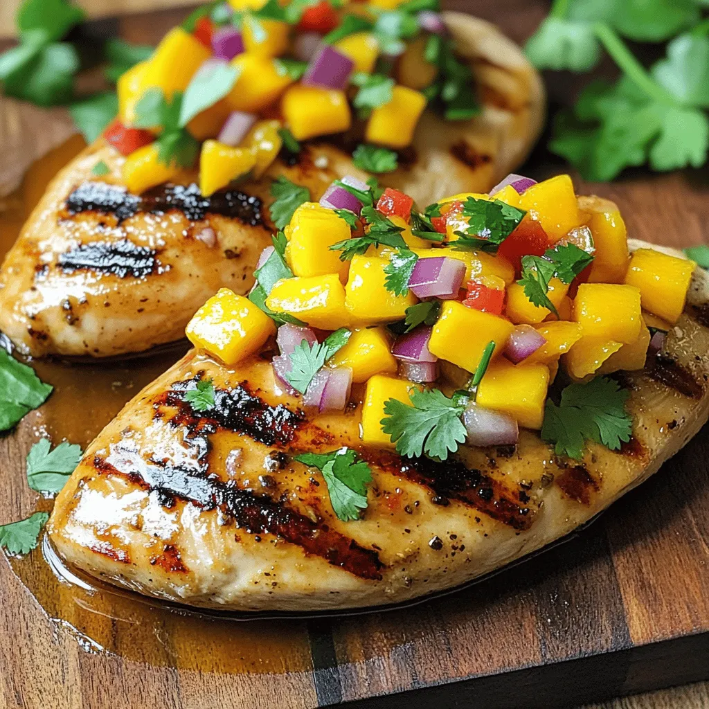 - 4 boneless chicken breasts - 1 ripe mango, diced - 1 small red onion, finely chopped - 1 red bell pepper, diced - 1 jalapeño, minced (optional for spice) - 3 tablespoons fresh lime juice - 2 tablespoons olive oil - 1 tablespoon honey - 1 teaspoon ground cumin - Salt and pepper to taste - Fresh cilantro, chopped, for garnish Mango Salsa Chicken shines with its vibrant flavors. The chicken breasts serve as a tender base. The bright mango and fresh veggies add a burst of color and taste. Lime juice ties everything together with zest. You can adjust the jalapeño to control the heat. This dish brings the joy of summer to your table. - Spicy jalapeño - Additional seasoning options Want more heat? Add jalapeño for a kick. You can also use your favorite spices. Try garlic powder or smoked paprika for depth. - Caloric breakdown per serving: Approximately 300 calories - Key nutrients in the dish: High in protein, vitamins A and C Mango Salsa Chicken gives you a good protein boost. It also packs vitamins from the mango and peppers. Each bite offers a tasty way to nourish your body. Enjoy this meal as part of a balanced diet. For the full recipe, check out the complete instructions. First, gather all your ingredients. You need four boneless chicken breasts, one ripe mango, one small red onion, one red bell pepper, one jalapeño (if you want spice), lime juice, olive oil, honey, ground cumin, salt, and pepper. Next, prepare the salsa. Dice the mango and chop the red onion and red bell pepper. If you want some heat, mince the jalapeño. In a large bowl, mix these items with lime juice and a pinch of salt and pepper. Stir well and set it aside. Now, make the marinade. In a separate bowl, combine olive oil, honey, ground cumin, and a bit of salt and pepper. Mix it until smooth. Brush the marinade over the chicken breasts. Make sure they are well coated. Let the chicken sit for at least 15 minutes. This will let the flavors sink in. Preheat your grill to medium-high heat. Once it’s hot, place the marinated chicken on the grill. Cook for about 6-7 minutes on each side. Use a meat thermometer to check the internal temperature. It should reach 165°F (75°C). After grilling, take the chicken off the grill. Let it rest for about five minutes. This helps keep the chicken juicy. Slice the grilled chicken breasts and place them on a platter. Top each piece generously with the mango salsa. For a nice touch, garnish with freshly chopped cilantro. You can serve this dish with rice or a fresh salad. A fruity drink pairs well too, like a mango smoothie or lemonade. Enjoy your flavorful creation! To grill chicken evenly, start by flattening the breasts. This helps them cook at the same rate. Use a meat mallet or rolling pin for a quick flattening. Next, preheat your grill to medium-high. This heat ensures a nice sear and juicy meat. To avoid dry chicken, marinate your breasts for at least 15 minutes. The marinade adds moisture and flavor. Make sure to check the internal temperature. It should reach 165°F (75°C) for safe eating. If you overcook, the chicken will become tough and dry. When choosing mangoes, look for ones that are slightly soft. They should give a little when you press. A ripe mango has a sweet flavor that complements the chicken. You can also mix in other fruits like pineapple for extra sweetness. Adjusting spice levels in your salsa can be fun. If you like heat, add more jalapeño. If you prefer mild, skip it or use a small amount. Tasting as you mix helps you find the perfect balance. One common mistake is over-marinating the chicken. If you let it sit too long, it can become mushy. Fifteen to thirty minutes is usually enough for great flavor. Another mistake is not letting the chicken rest after grilling. Resting for five minutes allows the juices to settle. If you cut too soon, the juices will run out, making it dry. Follow these tips to enjoy a flavorful meal. For the complete recipe, check the Full Recipe section. {{image_2}} You can switch up the protein in this dish. Pork and shrimp are great substitutes. Both add a unique flavor. For pork, use tenderloin or chops. Marinate them just like the chicken. Grill until they reach a safe temperature. Shrimp cooks quickly, so watch them closely. They take only a few minutes on the grill. If you prefer a vegetarian option, try firm tofu or portobello mushrooms. Marinate them to absorb the flavors. Grill the tofu until golden brown. For mushrooms, cook until tender and juicy. These options keep the tasty mango salsa in focus. You can make the salsa more exciting by adding fruits or herbs. Pineapple chunks or diced kiwi add a sweet twist. Fresh herbs like basil or mint brighten the dish. They pair wonderfully with mango and lime. Mix and match until you find your favorite combination. For the marinade, try different spices. Use smoked paprika for a smoky flavor. Chipotle adds heat and depth. Experiment with herbs like oregano or thyme for a fresh taste. These small changes can make a big impact on your meal. Mango salsa chicken is versatile in serving styles. You can make wraps, salads, or tacos. For wraps, use a tortilla and add greens. A salad can include mixed greens and quinoa. Top it with the chicken and salsa. Tacos are fun too! Add the chicken and salsa in a soft tortilla. You can also serve it with different salsas. Try a black bean salsa for added protein. A corn salsa gives a sweet crunch. Each salsa brings a new flavor to the table. Explore these ideas to keep your meals fresh and exciting. For the full recipe, refer to the beginning of the article. To keep your mango salsa chicken fresh, you need to store it right. Place the chicken in an airtight container. Let it cool down first. After it cools, cover the container tightly. This method prevents any air from getting in. Always store in the fridge if you plan to eat it soon. If you want to save it for later, freezing is a great option. Cut the chicken into smaller pieces. Wrap each piece in plastic wrap. Then, place them into a freezer bag. Make sure to remove as much air as possible. This will help prevent freezer burn. When reheating, I recommend using the oven or stovetop. These methods keep the chicken juicy. For the oven, set it to 350°F (175°C). Place the chicken on a baking sheet. Heat for about 15-20 minutes until warm. For the stovetop, use a skillet over medium heat. Add a splash of water or broth. This helps keep the chicken moist. Cook for about 5-7 minutes. Check the internal temperature. It should reach 165°F (75°C) before eating. In the fridge, your mango salsa chicken lasts about 3-4 days. Make sure it's stored properly. If you freeze it, it can last up to 3 months. Just remember to label your containers with the date. This way, you know when you made it. Enjoy your delightful dish later! I recommend using boneless chicken breasts for mango salsa chicken. They cook quickly and are easy to handle. Bone-in chicken can add flavor, but it takes longer to cook. If you choose bone-in, make sure to check the internal temperature. It should reach 165°F (75°C) for safe eating. Yes, you can! This dish is great for meal prep. You can marinate the chicken a day before. Store it in the fridge until you're ready to grill. The salsa can also be made in advance. Just keep it in an airtight container. It will stay fresh for up to three days in the fridge. To adjust the spice, simply change the jalapeño amount. If you want it milder, skip the jalapeño. For more heat, add more jalapeño or even a pinch of cayenne pepper. Taste as you go, and find the perfect balance for your palate. Enjoy the Full Recipe for a delicious experience! Mango Salsa Chicken combines vibrant flavors and easy steps for a tasty meal. This dish features juicy chicken, fresh mango, and a marinade that brings it all together. I shared tips on grilling and serving, plus common mistakes to avoid. You can switch up proteins or adjust spice levels to match your taste. Remember, proper storage helps keep leftovers fresh. Try these tips to enjoy flavorful meals, and let your creativity shine in the kitchen!