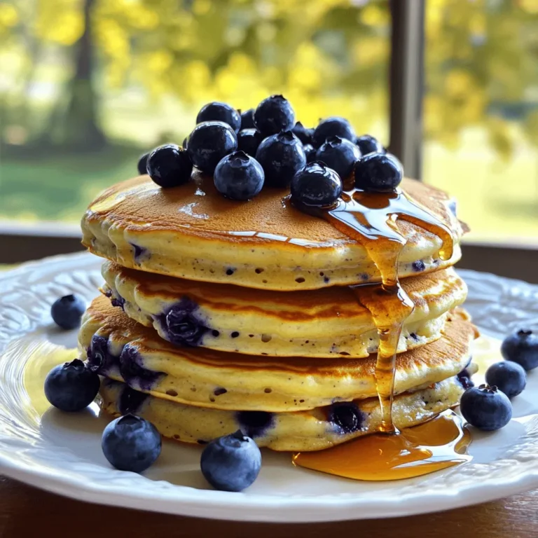 To make fluffy pancakes with blueberries, you need simple ingredients. Here is what you will need: - 1 cup all-purpose flour - 2 tablespoons sugar - 1 tablespoon baking powder - 1/2 teaspoon salt - 1 cup whole milk (or almond milk) - 1 large egg - 2 tablespoons unsalted butter, melted - 1 cup fresh blueberries (plus extra for serving) - 1 teaspoon vanilla extract - Maple syrup, for serving These ingredients come together to create delicious pancakes. Each component plays a role in the final texture and taste. For instance, the baking powder helps your pancakes rise and become fluffy. The sugar adds a hint of sweetness, balancing the tartness of the blueberries. I recommend using fresh blueberries for the best flavor. You can also try this recipe with frozen blueberries, but fresh ones provide a burst of taste. When you have everything ready, you can check the [Full Recipe] and start cooking! Start by gathering your dry ingredients. In a large bowl, add 1 cup of all-purpose flour, 2 tablespoons of sugar, 1 tablespoon of baking powder, and 1/2 teaspoon of salt. Whisk these together until they are well mixed. This step is key for fluffy pancakes. The baking powder helps them rise. Now, grab another bowl for the wet ingredients. Pour in 1 cup of milk, then crack in 1 large egg. Add 2 tablespoons of melted unsalted butter and 1 teaspoon of vanilla extract. Whisk these together until they blend smoothly. This mix adds flavor and moisture to your pancakes. Carefully combine the dry and wet ingredients in one bowl. Pour the wet mix into the bowl with the dry ingredients. Stir gently until just combined. Don’t worry if there are small lumps; they help keep the pancakes fluffy. Now, fold in 1 cup of fresh blueberries. This adds a burst of sweetness in every bite. Preheat your non-stick skillet or griddle over medium heat. Lightly grease it with butter or cooking spray. Pour about 1/4 cup of batter for each pancake. Cook until bubbles appear on the surface, about 2-3 minutes. The edges should look set. Flip the pancakes and cook for another 1-2 minutes until they are golden brown. Serve your pancakes warm. Top them with more blueberries and a drizzle of maple syrup. This adds a sweet touch that everyone loves. Enjoy your fluffy pancakes with blueberries for a delightful breakfast. For the full recipe, refer back to the ingredients list. To make your pancakes fluffy, avoid overmixing the batter. Mix until the dry and wet ingredients just combine. A few lumps are okay. Overmixing makes the pancakes dense. Next, heat management is key. Preheat your skillet on medium heat. If it’s too hot, the pancakes burn. If it’s too cool, they turn soggy. A drop of water should sizzle and evaporate when the skillet is ready. Adding blueberries is simple. Use fresh blueberries for the best flavor. Fold them into the batter gently. This ensures they spread evenly in each pancake. If you prefer, toss the blueberries in a bit of flour first. This prevents them from sinking to the bottom. For toppings, maple syrup is classic. You can also try yogurt or whipped cream. Fresh fruit like bananas or strawberries pairs well too. Nuts add crunch and flavor. Mixing flavors makes breakfast fun! For more details, check the Full Recipe. {{image_2}} You can switch out blueberries for other fruits. Strawberries and bananas work great. Just slice the strawberries and mash the bananas before adding them to your batter. This change adds a new twist to your fluffy pancakes. Each fruit brings its own flavor, making breakfast more fun. If you need gluten-free pancakes, use gluten-free flour. Many brands offer blends that work well in any pancake recipe. Just swap the all-purpose flour with gluten-free flour. Your pancakes will still be fluffy and delicious. This option makes it easy to enjoy a tasty breakfast without the gluten. Adding spices can make your pancakes even better. Try adding a pinch of cinnamon or nutmeg to the batter. These spices add warmth and extra flavor. They pair well with the sweetness of the blueberries. Feel free to experiment and find your favorite spice mix. You can also mix in some lemon zest for a bright flavor. For the full recipe, check out the complete guide for fluffy blueberry pancakes. You can easily store leftover pancakes in the fridge. First, let them cool down completely. Then, stack the pancakes with a piece of parchment paper between each one. This prevents them from sticking together. Place the stack in an airtight container or wrap them tightly in plastic wrap. They will stay fresh for about 3 to 4 days. If you want to keep pancakes longer, freezing is a great option. Use the same cooling method as before. Once cool, stack the pancakes with parchment paper in between. Place them in a freezer-safe bag or container. Squeeze out as much air as possible to prevent freezer burn. When you’re ready to eat, just reheat them in the microwave or toaster. For the best results, heat them on low power for a few minutes. Pancakes last about 3 to 4 days in the fridge. In the freezer, they can last up to 2 months. Make sure to label your container with the date. This way, you’ll know when to eat them. Enjoy your fluffy pancakes with blueberries anytime you want! You can find the full recipe in the previous section. Yes, you can. Make the batter and store it in the fridge. Use an airtight container to keep it fresh. When ready to cook, stir the batter gently. It may thicken overnight, so add a splash of milk if needed. To make fluffier pancakes, use enough baking powder. This ingredient is key for lift. A good rule is one tablespoon per cup of flour. Make sure your baking powder is fresh. You can also separate the egg. Whip the egg white until light, then fold it in last. This adds air for a fluffier texture. To reheat pancakes, use a microwave or skillet. For the microwave, place pancakes on a plate and cover with a damp paper towel. Heat in short bursts until warm. If using a skillet, heat on low. Add a small amount of butter and warm each pancake for about 30 seconds on each side. Yes, there are many vegan options. You can use flaxseed meal mixed with water. Combine 1 tablespoon of flaxseed with 2.5 tablespoons of water. Let it sit until it thickens. Another option is unsweetened applesauce. Use 1/4 cup for each egg. Both will keep your pancakes moist and tasty. For a full recipe, check out the [Full Recipe]. You now know how to make delicious blueberry pancakes. We covered each step, from mixing ingredients to cooking. I shared tips for perfect texture and ideas for variations. You can even store leftovers easily. Remember, cooking is fun, and experimenting with flavors can lead to tasty results. Don’t be afraid to try new fruits or toppings. Enjoy your pancakes and share them with friends and family!