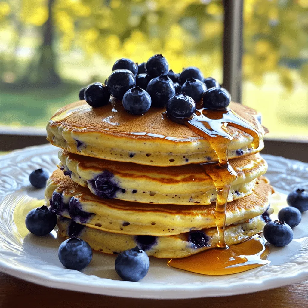 To make fluffy pancakes with blueberries, you need simple ingredients. Here is what you will need: - 1 cup all-purpose flour - 2 tablespoons sugar - 1 tablespoon baking powder - 1/2 teaspoon salt - 1 cup whole milk (or almond milk) - 1 large egg - 2 tablespoons unsalted butter, melted - 1 cup fresh blueberries (plus extra for serving) - 1 teaspoon vanilla extract - Maple syrup, for serving These ingredients come together to create delicious pancakes. Each component plays a role in the final texture and taste. For instance, the baking powder helps your pancakes rise and become fluffy. The sugar adds a hint of sweetness, balancing the tartness of the blueberries. I recommend using fresh blueberries for the best flavor. You can also try this recipe with frozen blueberries, but fresh ones provide a burst of taste. When you have everything ready, you can check the [Full Recipe] and start cooking! Start by gathering your dry ingredients. In a large bowl, add 1 cup of all-purpose flour, 2 tablespoons of sugar, 1 tablespoon of baking powder, and 1/2 teaspoon of salt. Whisk these together until they are well mixed. This step is key for fluffy pancakes. The baking powder helps them rise. Now, grab another bowl for the wet ingredients. Pour in 1 cup of milk, then crack in 1 large egg. Add 2 tablespoons of melted unsalted butter and 1 teaspoon of vanilla extract. Whisk these together until they blend smoothly. This mix adds flavor and moisture to your pancakes. Carefully combine the dry and wet ingredients in one bowl. Pour the wet mix into the bowl with the dry ingredients. Stir gently until just combined. Don’t worry if there are small lumps; they help keep the pancakes fluffy. Now, fold in 1 cup of fresh blueberries. This adds a burst of sweetness in every bite. Preheat your non-stick skillet or griddle over medium heat. Lightly grease it with butter or cooking spray. Pour about 1/4 cup of batter for each pancake. Cook until bubbles appear on the surface, about 2-3 minutes. The edges should look set. Flip the pancakes and cook for another 1-2 minutes until they are golden brown. Serve your pancakes warm. Top them with more blueberries and a drizzle of maple syrup. This adds a sweet touch that everyone loves. Enjoy your fluffy pancakes with blueberries for a delightful breakfast. For the full recipe, refer back to the ingredients list. To make your pancakes fluffy, avoid overmixing the batter. Mix until the dry and wet ingredients just combine. A few lumps are okay. Overmixing makes the pancakes dense. Next, heat management is key. Preheat your skillet on medium heat. If it’s too hot, the pancakes burn. If it’s too cool, they turn soggy. A drop of water should sizzle and evaporate when the skillet is ready. Adding blueberries is simple. Use fresh blueberries for the best flavor. Fold them into the batter gently. This ensures they spread evenly in each pancake. If you prefer, toss the blueberries in a bit of flour first. This prevents them from sinking to the bottom. For toppings, maple syrup is classic. You can also try yogurt or whipped cream. Fresh fruit like bananas or strawberries pairs well too. Nuts add crunch and flavor. Mixing flavors makes breakfast fun! For more details, check the Full Recipe. {{image_2}} You can switch out blueberries for other fruits. Strawberries and bananas work great. Just slice the strawberries and mash the bananas before adding them to your batter. This change adds a new twist to your fluffy pancakes. Each fruit brings its own flavor, making breakfast more fun. If you need gluten-free pancakes, use gluten-free flour. Many brands offer blends that work well in any pancake recipe. Just swap the all-purpose flour with gluten-free flour. Your pancakes will still be fluffy and delicious. This option makes it easy to enjoy a tasty breakfast without the gluten. Adding spices can make your pancakes even better. Try adding a pinch of cinnamon or nutmeg to the batter. These spices add warmth and extra flavor. They pair well with the sweetness of the blueberries. Feel free to experiment and find your favorite spice mix. You can also mix in some lemon zest for a bright flavor. For the full recipe, check out the complete guide for fluffy blueberry pancakes. You can easily store leftover pancakes in the fridge. First, let them cool down completely. Then, stack the pancakes with a piece of parchment paper between each one. This prevents them from sticking together. Place the stack in an airtight container or wrap them tightly in plastic wrap. They will stay fresh for about 3 to 4 days. If you want to keep pancakes longer, freezing is a great option. Use the same cooling method as before. Once cool, stack the pancakes with parchment paper in between. Place them in a freezer-safe bag or container. Squeeze out as much air as possible to prevent freezer burn. When you’re ready to eat, just reheat them in the microwave or toaster. For the best results, heat them on low power for a few minutes. Pancakes last about 3 to 4 days in the fridge. In the freezer, they can last up to 2 months. Make sure to label your container with the date. This way, you’ll know when to eat them. Enjoy your fluffy pancakes with blueberries anytime you want! You can find the full recipe in the previous section. Yes, you can. Make the batter and store it in the fridge. Use an airtight container to keep it fresh. When ready to cook, stir the batter gently. It may thicken overnight, so add a splash of milk if needed. To make fluffier pancakes, use enough baking powder. This ingredient is key for lift. A good rule is one tablespoon per cup of flour. Make sure your baking powder is fresh. You can also separate the egg. Whip the egg white until light, then fold it in last. This adds air for a fluffier texture. To reheat pancakes, use a microwave or skillet. For the microwave, place pancakes on a plate and cover with a damp paper towel. Heat in short bursts until warm. If using a skillet, heat on low. Add a small amount of butter and warm each pancake for about 30 seconds on each side. Yes, there are many vegan options. You can use flaxseed meal mixed with water. Combine 1 tablespoon of flaxseed with 2.5 tablespoons of water. Let it sit until it thickens. Another option is unsweetened applesauce. Use 1/4 cup for each egg. Both will keep your pancakes moist and tasty. For a full recipe, check out the [Full Recipe]. You now know how to make delicious blueberry pancakes. We covered each step, from mixing ingredients to cooking. I shared tips for perfect texture and ideas for variations. You can even store leftovers easily. Remember, cooking is fun, and experimenting with flavors can lead to tasty results. Don’t be afraid to try new fruits or toppings. Enjoy your pancakes and share them with friends and family!