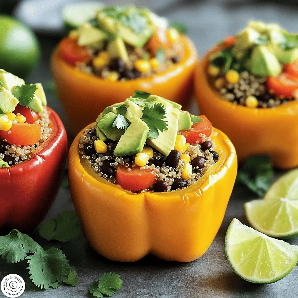 For Vegan Quinoa Stuffed Peppers, you need: - 4 bell peppers (any color) - 1 cup quinoa, rinsed - 2 cups vegetable broth or water - 1 can (15 oz) black beans, drained and rinsed - 1 cup corn (fresh, frozen, or canned) - 1 cup diced tomatoes (fresh or canned) - 1 teaspoon cumin - 1 teaspoon chili powder - Salt and pepper to taste - 1 avocado, diced (for topping) - Fresh cilantro, chopped (for garnish) - Lime wedges (for serving) This dish is not just tasty; it is good for you too. One serving packs protein and fiber. Quinoa offers all nine essential amino acids. Black beans add even more protein and fiber. Corn gives a sweet crunch. Each pepper is low in calories, making this a good option for many diets. If you want to change things up, there are great substitutes. Instead of quinoa, use brown rice or farro. For black beans, try chickpeas or lentils. You can also use diced zucchini instead of corn. These swaps keep the dish vegan while adding new textures and flavors. Check out the Full Recipe for more ideas. First, gather your ingredients. You will need: - 4 bell peppers (any color) - 1 cup quinoa, rinsed - 2 cups vegetable broth or water - 1 can (15 oz) black beans, drained and rinsed - 1 cup corn (fresh, frozen, or canned) - 1 cup diced tomatoes (fresh or canned) - 1 teaspoon cumin - 1 teaspoon chili powder - Salt and pepper to taste - 1 avocado, diced (for topping) - Fresh cilantro, chopped (for garnish) - Lime wedges (for serving) Next, preheat your oven to 375°F (190°C). This helps cook the peppers evenly. Then, take the bell peppers and slice the tops off. Remove the seeds and membranes. You can lightly brush the outside with olive oil for flavor. Place the peppers upright in a baking dish. In a medium saucepan, combine the rinsed quinoa and vegetable broth or water. Bring it to a boil. Then, reduce the heat to low. Cover the pan and let it simmer for about 15 minutes. The quinoa will become fluffy, and the liquid will be absorbed. While the quinoa cooks, you can prepare the filling. In a large mixing bowl, mix the cooked quinoa, black beans, corn, diced tomatoes, cumin, chili powder, salt, and pepper. Stir well until everything is combined. Now, it’s time to stuff the peppers! Spoon the quinoa mixture into each bell pepper. Pack it slightly to fit everything in. Cover the baking dish with aluminum foil. Bake for 25 minutes. After that, remove the foil and bake for an additional 10-15 minutes. The peppers should be tender when done. Once you take them out of the oven, let them cool for a few minutes. Top each stuffed pepper with diced avocado and fresh cilantro. Serve with lime wedges on the side for a burst of flavor. For the complete recipe, check the Full Recipe. Enjoy your tasty creation! To cook perfect quinoa, rinse it first. This helps remove bitterness. Use a ratio of one part quinoa to two parts liquid. I like using vegetable broth for added flavor. Bring it to a boil, then lower the heat and cover it. Let it simmer for about 15 minutes. Once done, fluff it with a fork. This step makes it light and airy. Choose fresh bell peppers with smooth skin. Cut off the tops and remove the seeds. Lightly oil the outside if you like. Place them upright in a baking dish, so they stay filled. Cover the dish with foil at first. This helps the peppers cook evenly. Bake them for about 25 minutes covered, then remove the foil. Bake for another 10-15 minutes until they become tender. To make your stuffed peppers pop, use spices like cumin and chili powder. They add warmth and depth. You can also add fresh herbs like cilantro. A squeeze of lime juice on top brightens the dish. Consider adding hot sauce for a spicy kick. If you want more texture, mix in nuts or seeds. With these tips, your Vegan Quinoa Stuffed Peppers will taste amazing! Check out the Full Recipe for the complete guide. {{image_2}} You can play with the filling for quinoa stuffed peppers. Try using brown rice or farro instead of quinoa. You might like using lentils or chickpeas for a protein boost. Add some sautéed onions or mushrooms for a savory touch. You can also mix in different veggies like spinach or zucchini for extra flavor. Bell peppers are great, but don’t stop there! You can use poblano or Anaheim peppers for a twist. These peppers have a nice flavor and hold up well. For a sweeter option, use mini sweet peppers. They make cute, bite-sized treats. Just remember to adjust cooking times based on the type of pepper you choose. You can control the heat in your stuffed peppers. Use mild chili powder for a gentle warmth. If you like it spicy, add diced jalapeños or cayenne pepper. You can even top your peppers with hot sauce for extra kick. For a milder dish, keep the spices light and focus on the fresh ingredients. Enjoy the way you like! To store your leftover stuffed peppers, let them cool first. Place them in an airtight container. You can keep them in the fridge for up to four days. Make sure to cover them well to keep them fresh. You can also separate the peppers if you prefer. This helps them stay crisp. If you have extra stuffed peppers, you can freeze them. Wrap each pepper tightly in plastic wrap. Then, place them in a freezer-safe bag. They can stay frozen for up to three months. To thaw, move them to the fridge overnight. You can also use the microwave for quick thawing. Just be careful not to overcook them. When you are ready to eat your stuffed peppers, there are a few ways to reheat them. The oven works great. Preheat it to 350°F (175°C). Place the peppers in a baking dish and cover with foil. Heat for 15-20 minutes. You can also use the microwave. Heat them for about 2-3 minutes on high. Check to make sure they are warm throughout. Enjoy them with fresh toppings for a tasty meal! For more details, check out the Full Recipe. Yes, you can make these stuffed peppers ahead of time. Simply prepare the filling and stuff the peppers the day before. Store them in the fridge until you are ready to bake. This will save you time on busy days. You can even freeze the stuffed peppers. Just make sure to wrap them well to avoid freezer burn. These stuffed peppers pair well with many sides. Here are some ideas: - A fresh green salad - Grilled vegetables - Rice or quinoa - A simple avocado salad - Chips and salsa These sides add variety and make your meal more filling. Stuffed peppers can last in the fridge for about 3 to 5 days. Make sure to store them in an airtight container. If you notice any signs of spoilage, like off smells or mold, it’s best to toss them out. Enjoy your Vegan Quinoa Stuffed Peppers fresh for the best taste! For the full recipe, check out the details above. You learned about making delicious vegan quinoa stuffed peppers. We covered key ingredients, nutrition, and substitutes. Step-by-step, I shared how to prep, cook, and assemble your meal. I also gave you tips for perfect quinoa and baking techniques. You discovered fun variations and storage options to save leftovers. Remember, cooking should be fun and easy. Try these tips, and enjoy your tasty stuffed peppers!