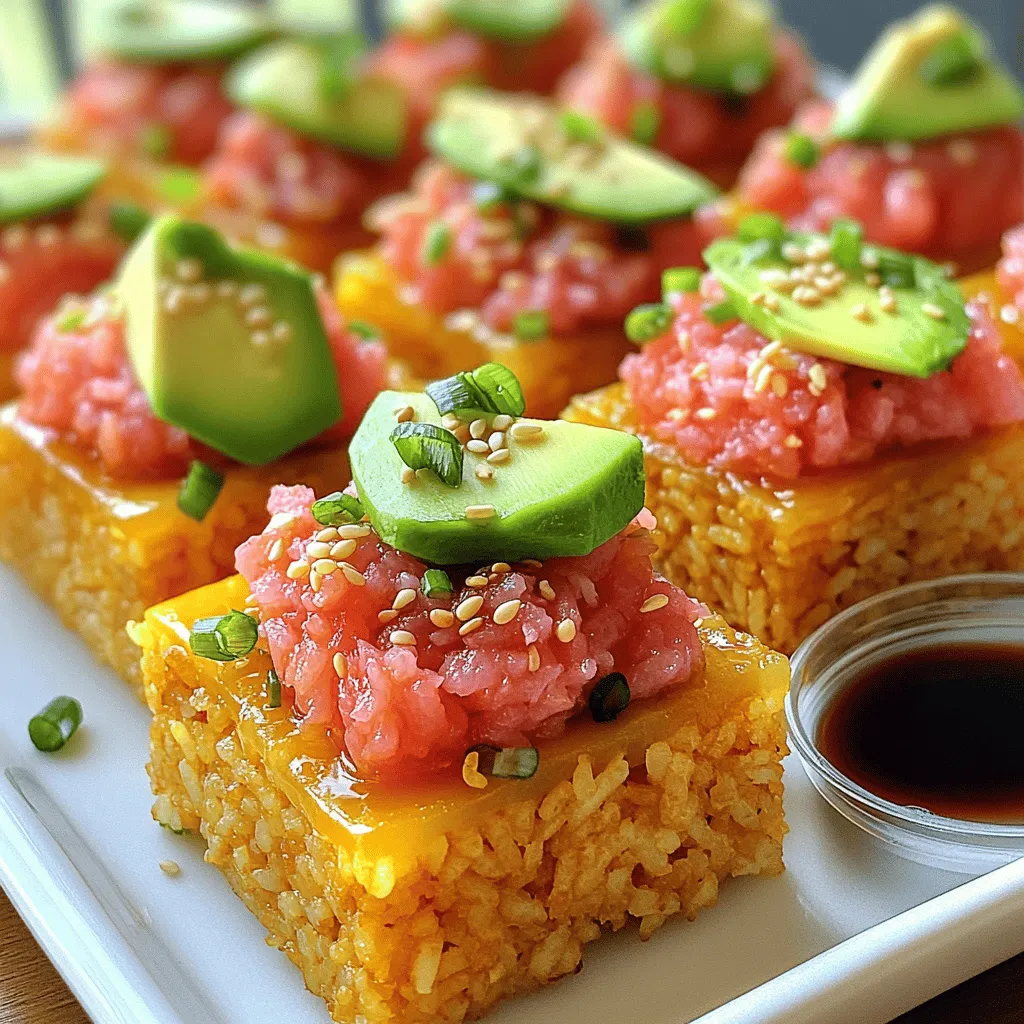 - 2 cups sushi rice - 2 ½ cups water - ½ teaspoon salt - 1 tablespoon rice vinegar - 1 pound sushi-grade tuna, diced - 2 tablespoons mayonnaise (preferably Kewpie) - 1 tablespoon sriracha (adjust to taste) - 1 teaspoon sesame oil - 1 avocado, sliced - 1 tablespoon sesame seeds (for garnish) - 2 green onions, finely chopped (for garnish) - Soy sauce (for serving) Sushi rice is sticky and helps hold the bites together. It makes a perfect base. The sushi-grade tuna is fresh and safe to eat raw. It adds a delicious ocean flavor. Kewpie mayonnaise is creamier and richer than regular mayo, which enhances the tuna mix. Sriracha brings heat, and you can adjust it to your liking. Sesame oil adds a nutty taste that rounds out the flavors. If you can't find sushi rice, you can use short-grain rice. It will have a similar texture. For tuna, try salmon if you prefer another fish. Regular mayonnaise works, but it won’t be as rich. You can substitute sriracha with another hot sauce, but the flavor will differ. If you don’t have sesame oil, olive oil can work, though it won’t have the same taste. To cook the sushi rice, start by rinsing it under cold water. Keep rinsing until the water runs clear. This step removes excess starch, which helps make the rice less sticky. In a medium pot, combine 2 cups of rinsed rice with 2 ½ cups of water and ½ teaspoon of salt. Bring it to a boil on medium-high heat. Once it boils, reduce the heat to low, cover, and let it simmer for 18 to 20 minutes. The water should absorb completely. After cooking, remove the pot from heat and let it sit covered for an extra 10 minutes. This resting period helps the rice firm up. In a separate bowl, prepare the spicy tuna mixture. Take 1 pound of sushi-grade tuna and dice it into small pieces. Add 2 tablespoons of mayonnaise, preferably Kewpie, 1 tablespoon of sriracha, and 1 teaspoon of sesame oil to the bowl. Mix everything well until the tuna is fully coated. You can adjust the amount of sriracha to fit your spice level. This mixture adds a creamy, spicy flavor that pairs well with the crispy rice. Once your rice has cooled, it’s time to form the crispy bites. With a wet hand, grab about 2 tablespoons of the cooled rice. Shape it into a compact rectangle, about 1 inch thick. Repeat this until you have around 10 to 12 pieces. Next, heat a non-stick skillet over medium heat and add a thin layer of oil. When the oil is hot, carefully add the rice pieces. Fry each side for 2 to 3 minutes until they turn golden brown and crispy. Remove them from the skillet and let them drain on a paper towel. Now, let’s put everything together. Place a spoonful of the spicy tuna mixture on top of each crispy rice piece. For a fresh touch, add a slice of avocado on top of the tuna. Finally, sprinkle sesame seeds and chopped green onions over the bites for a nice finish. Serve these delicious bites right away with soy sauce on the side for dipping. Enjoy your creation! For the complete instructions, check the Full Recipe. To make the best crispy rice, you need to use sushi rice. This rice has a sticky texture that forms well. Rinsing the rice is key to removing extra starch. This step helps the rice become fluffy. After cooking, let the rice sit covered. This resting time allows it to firm up. When shaping the rice, wet your hands. This prevents the rice from sticking. Fry the rice bites in hot oil until golden brown. This gives them that perfect crunch. The spice level can change based on your taste. Start with less sriracha in the tuna mix. You can always add more later. If you want a milder taste, skip the sriracha. You could use a sweet sauce instead. Some people like to add jalapeños for heat. Experiment with different hot sauces to find what you like. The goal is to make it just right for you. Make your bites look great on the plate. Use a clean, white platter to highlight colors. Place the crispy rice bites in a neat row. Add a slice of avocado on top for a pop of green. Sprinkle sesame seeds and chopped green onions for a nice touch. You can also serve with soy sauce in a small bowl. This adds a nice contrast and invites dipping. For a fun twist, arrange garnishes around the bites. Your guests will be impressed! Check the Full Recipe for more details. {{image_2}} You can make these bites vegetarian by swapping out the tuna. Use diced cucumber or avocado instead. For a protein boost, try adding marinated tofu or chickpeas. These options keep the texture fun and fresh while still being tasty. Experiment with different sauces to change the flavor. Instead of sriracha, you can use a spicy aioli or wasabi mayo. For a sweet touch, drizzle honey or a mango sauce over the top. Add toppings like pickled ginger or thinly sliced radish for extra crunch. Pair your crispy rice bites with dipping sauces to enhance the taste. Soy sauce is a classic choice, but you can also try ponzu or a sesame dipping sauce. For a twist, serve them with a spicy peanut sauce. Each dip adds a new layer of flavor, making each bite exciting. For the full recipe, check out the details provided! To store leftover bites, place them in an airtight container. Layer parchment paper between the bites to prevent sticking. Keep the container in the fridge. Consume the leftovers within two days for the best taste and texture. To reheat, use a non-stick skillet on low heat. Warm each bite for 1-2 minutes on each side. This method helps regain some crispiness. Avoid using a microwave, as it may make the bites soggy. You can freeze the crispy rice bites if you want to prep ahead. Arrange them in a single layer on a baking sheet. Freeze them for about an hour, then transfer to a freezer-safe bag. They can last up to a month. To cook from frozen, follow the reheating instructions, adding a couple of extra minutes. You can tell if tuna is sushi-grade by looking for a few key signs. First, fresh sushi-grade tuna should have a bright, vibrant color. The flesh should look moist and glisten slightly. Next, check for a clean smell; it should not have a strong fishy odor. Lastly, buy from a trusted supplier or market that clearly labels their fish as sushi-grade. This ensures safety and taste. Yes, you can use brown rice, but it will change the texture and flavor. Brown rice has a nuttier taste and is chewier than sushi rice. Cooking time also differs; brown rice needs more water and takes longer to cook. If you choose brown rice, you may want to adjust the seasoning. It could be a fun twist, but it won't be as traditional. Crispy Rice and Spicy Tuna Bites taste great with several side dishes. Here are a few ideas: - Edamame sprinkled with sea salt - Seaweed salad for a fresh crunch - Miso soup for warmth and depth - Pickled vegetables for a tangy bite These sides balance the flavors and make your meal more complete. You can keep leftovers in the fridge for about two days. Store Crispy Rice and Spicy Tuna Bites in an airtight container. The rice may lose some crispness, but the flavors will still be good. If you want to enjoy them later, consider reheating them in a pan for a few minutes to regain some crispness. This post shared all you need for crispy rice and spicy tuna bites. We covered the ingredients, step-by-step cooking, and tips for success. You learned about storage and answered many common questions. These bites are fun to make and can be altered to fit your taste. Whether you try veggie options or add your favorite sauce, you’re sure to impress. Enjoy creating your tasty bites!