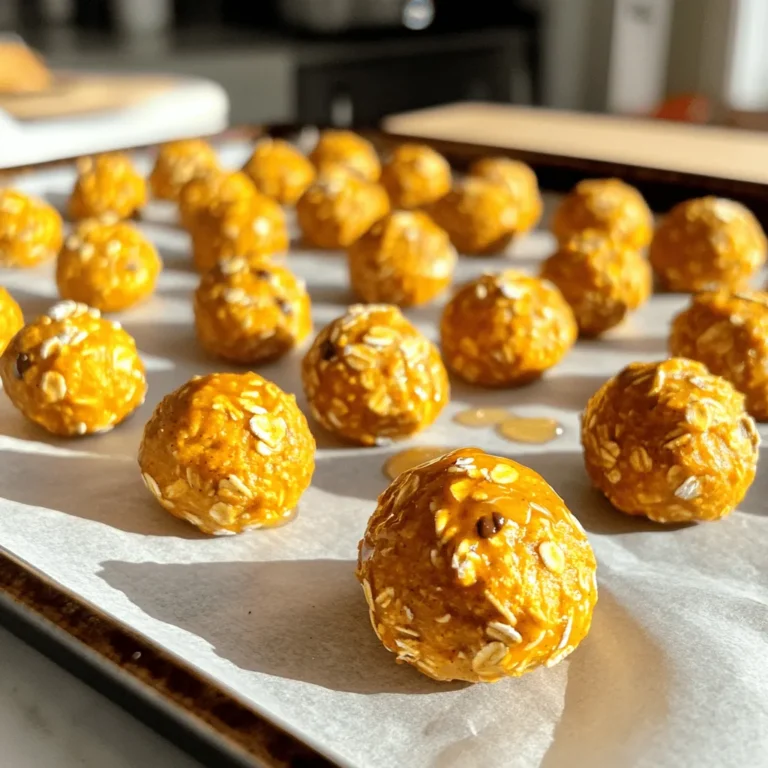 To make Pumpkin Spice Energy Bites, you need simple items. Here’s what you will use: - 1 cup rolled oats - 1/2 cup pumpkin puree - 1/4 cup almond butter (or any nut butter of your choice) - 1/4 cup honey or maple syrup - 1 teaspoon vanilla extract - 1 teaspoon pumpkin pie spice - 1/4 teaspoon salt These ingredients work together to create a tasty and healthy snack. The rolled oats provide fiber. The pumpkin puree adds moisture and flavor. Almond butter gives protein and creaminess. Honey or maple syrup sweetens the bites naturally. You can also add fun extras to boost taste and crunch. Here are some ideas: - 1/2 cup mini chocolate chips - 1/2 cup chopped nuts Mini chocolate chips add sweetness. Chopped nuts give a nice crunch. Feel free to mix and match based on what you enjoy. Choosing good ingredients makes a big difference. Here are some tips: - Rolled Oats: Look for whole grain oats. They should be fresh and free from added sugar. - Pumpkin Puree: Use 100% pure pumpkin, not pie filling. Check the label for added sugars. - Nut Butter: Choose a nut butter with few ingredients. Freshness is key for flavor. - Sweetener: Use pure honey or maple syrup. Avoid options with additives. These small choices help ensure your energy bites are both tasty and nutritious. For the complete cooking steps, check out the Full Recipe. To make pumpkin spice energy bites, gather all your ingredients first. You will need rolled oats, pumpkin puree, almond butter, honey or maple syrup, vanilla extract, pumpkin pie spice, salt, and optional add-ins. The prep time is just 10 minutes, so it’s quick and easy. 1. Combine the oats and pumpkin: In a large bowl, mix the rolled oats with pumpkin puree. This gives the bites a nice, moist texture. 2. Add the nut butter: Next, stir in the almond butter or your favorite nut butter. This adds healthy fats to your snack. 3. Mix in sweeteners and spices: Pour in the honey or maple syrup, vanilla extract, pumpkin pie spice, and salt. This mix creates a delicious flavor. Now it’s time to mix everything well. Use a spatula or your hands to combine the mixture until it becomes thick and cohesive. 1. Fold in optional ingredients: If you want, add mini chocolate chips or chopped nuts for extra crunch. This step is fun and adds variety. 2. Shape the mixture: Take small amounts of the mix and roll them into balls about 1 inch in diameter. You can make them as big or small as you like! 3. Place on a baking sheet: Set the formed bites on a parchment-lined baking sheet. This keeps them from sticking. After forming the bites, you need to chill them. 1. Refrigerate to firm up: Place the baking sheet in the fridge for at least 30 minutes. This helps the bites hold their shape. 2. Store properly: Once chilled, transfer your pumpkin spice energy bites to an airtight container. You can keep them in the fridge for up to a week. 3. Enjoy anytime: These bites make a great snack for busy days. Grab one before work, after a workout, or anytime you need a quick energy boost. For the full recipe, check out the section on ingredients. To make the best pumpkin spice energy bites, start with fresh ingredients. Use pure pumpkin puree, not pumpkin pie filling. Measure your oats and nut butter carefully for the right texture. Mix well to ensure all ingredients blend nicely. This helps the bites hold together. Form them into even balls for a uniform size. A 1-inch diameter works best for snacks. One common mistake is adding too much liquid. If your mixture is too wet, the bites won’t hold. Another mistake is skipping the chilling step. Chilling helps them firm up and makes them easier to eat. Don’t forget to taste your mixture before rolling it into balls. Adjust the sweetness if needed, especially if you add chocolate chips. You can easily customize your energy bites to suit your taste. Try different nut butters like peanut or cashew. Swap honey for maple syrup for a vegan option. Add seeds like chia or flax for extra nutrition. Want a crunch? Toss in some nuts or seeds. Use different spices, like cinnamon or ginger, to change the flavor profile. For a fun twist, try adding dried fruit or coconut flakes. Follow the Full Recipe to get started on your delicious bites! {{image_2}} You can make these bites gluten-free and vegan easily. Start with certified gluten-free oats. This way, you ensure no cross-contamination. For a vegan option, swap honey for maple syrup. This keeps the sweetness while staying plant-based. Use almond butter or any nut butter that fits your diet. Coconut or sunflower seed butter works great too! Change the flavors with the seasons for fun! In winter, add a pinch of cinnamon and nutmeg for warmth. In spring, try fresh lemon zest for a bright touch. Summer can bring in some dried fruit, like cranberries or cherries. For fall, stick with the classic pumpkin spice, but feel free to mix in pecans for crunch. Each season offers a new taste adventure! You can switch sweeteners to fit your taste. Agave nectar or brown rice syrup can replace honey or maple syrup. For nut butters, try cashew or peanut butter. Each nut butter brings its own flavor and texture. If you want a lower-fat option, use Greek yogurt. It keeps the bites moist while adding protein! For the full recipe, refer to the section above. To keep your pumpkin spice energy bites fresh, store them in an airtight container. I recommend placing them in the fridge. This helps maintain their taste and texture. Make sure the container seals tightly to avoid air exposure. These bites can last up to one week in the fridge. If you have a larger batch, you might want to freeze some for later. Freezing is a great option for long-term storage. To freeze, arrange your bites on a baking sheet. Make sure they don’t touch. Freeze them for about an hour until they are solid. After that, transfer the bites to a freezer-safe bag or container. Label it with the date. They can stay in the freezer for up to three months. When you want to enjoy them, just take out a few and let them thaw in the fridge. The shelf life of your energy bites depends on how you store them. In the fridge, they last about a week. If you freeze them, they can last for three months. Signs of spoilage include an off smell or changes in texture. If the bites feel dry or crumbly, they may not taste good anymore. Always trust your senses. If something seems off, it’s best to throw them away. Yes, you can make these bites ahead of time. They store well in the fridge. Make a batch and enjoy them throughout the week. This saves time for busy days. Just keep them in an airtight container to keep them fresh. Energy bites offer many benefits. They are packed with nutrients. Rolled oats provide fiber, which helps digestion. Pumpkin puree is rich in vitamins A and C. Almond butter gives you healthy fats and protein. Honey or maple syrup adds natural sweetness without refined sugar. Together, they create a balanced snack to fuel your day. You can use these bites in many ways. Enjoy them as a quick breakfast on the go. They also make great pre-workout snacks. Pack them in your lunch for a healthy treat. You can even serve them at parties. They are fun to share with friends and family. Yes, you can easily make these bites nut-free. Swap almond butter for sunflower seed butter. This keeps the flavor and texture similar. You can also use pumpkin seed butter if you like. Both options are tasty and safe for those with nut allergies. Enjoy your Pumpkin Spice Energy Bites without worry! For the full recipe, check out the Full Recipe section. In this post, we explored the key ingredients for pumpkin spice energy bites. I shared easy steps for prep, mixing, and serving. You learned tips for perfect bites and common mistakes to avoid. We discussed tasty variations, storage tips, and answered FAQs about meal planning and substitutions. Pumpkin spice energy bites are not just tasty; they’re versatile and can fit any diet. Enjoy making these delicious snacks often!