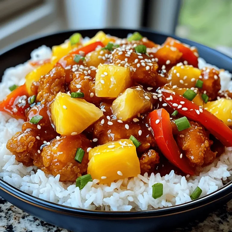- 1 lb (450g) boneless chicken thighs, cut into bite-sized pieces - 1 cup pineapple chunks (fresh or canned) - 1 bell pepper (red or yellow), sliced - 1 onion, sliced - 2 cloves garlic, minced - 1 tablespoon ginger, minced - 1 cup snap peas or green beans, trimmed - 3 tablespoons soy sauce - 3 tablespoons apple cider vinegar - 2 tablespoons honey - 2 tablespoons cornstarch - 1 tablespoon vegetable oil - Salt and pepper to taste - Cooked rice or noodles for serving The chicken thighs bring a rich flavor and juicy texture. They cook well and stay tender. Pineapple adds sweetness and a tangy zest. The bell pepper and onion provide crunch and color. Garlic and ginger give depth with their warm, aromatic notes. Snap peas or green beans add freshness and a crisp bite. Soy sauce gives umami, while apple cider vinegar balances the sweetness. Honey adds a touch of natural sweetness. Cornstarch helps achieve a crispy coating. When picking produce, look for bright colors and firm textures. Choose ripe pineapple for the best flavor. Fresh bell peppers should feel heavy and firm, with smooth skin. Select snap peas that are bright green and snap easily. You can swap soy sauce with tamari for a gluten-free option. For vegetables, use what you have on hand. Broccoli, carrots, or zucchini work well too. If you want a different sweetener, maple syrup can replace honey. Adjust the amounts to fit your taste. If you need a lighter dish, reduce the amount of sauce. To start, you want to cut the chicken into bite-sized pieces. This helps it cook evenly. Use a sharp knife for clean cuts. Next, slice the bell pepper and onion into thin strips. This adds color and crunch to your dish. For the garlic and ginger, mince them finely. This will release their strong flavors. Now, let’s prepare the sweet and sour sauce. In a medium bowl, mix together: - 3 tablespoons soy sauce - 3 tablespoons apple cider vinegar - 2 tablespoons honey - A pinch of salt and pepper Stir this mixture well and set it aside. This sauce is the key to your dish's flavor. Heat a large skillet or wok over medium-high heat. Add 1 tablespoon of vegetable oil, letting it warm up. Then, add the chicken pieces in a single layer. Cook them for about 4-5 minutes. Stir occasionally to keep them from sticking. You want them golden brown and cooked through. Once the chicken looks good, add in the minced garlic and ginger. Stir-fry them together for 1 minute. This will make your kitchen smell amazing! Next, toss in the sliced onion and bell pepper. Stir-fry for 2-3 minutes, until they start to soften. Now, add the snap peas and pineapple chunks. Stir everything for another 2 minutes. Now, pour your sweet and sour sauce over the chicken and veggies. Stir well to coat everything evenly. Let the sauce thicken for about 2 minutes while stirring constantly. Make sure to taste your dish and adjust seasoning if needed. A little more salt or pepper can make a big difference. Serve your sweet and sour chicken over a bed of cooked rice or noodles. This will soak up all the tasty sauce. For presentation, garnish your dish with sesame seeds and freshly chopped green onions. This adds color and a nice crunch. Use colorful bowls to make your meal pop! Try this full recipe to bring it all together and impress your family or friends. To achieve a crispy chicken texture, coat the chicken in cornstarch. This simple step creates a crunchy layer when you cook it. Heat your skillet or wok over medium-high heat. Add vegetable oil and let it get hot. Place the chicken in a single layer. Cook for about 4 to 5 minutes until it turns golden brown. Stir occasionally for even cooking. For ideal cooking temperatures, aim for medium-high heat. This ensures the chicken cooks through without burning. Keep an eye on the clock. Once you add the vegetables, stir-fry them for just a few minutes. This keeps them crisp and colorful. You can spice up your dish by adding red pepper flakes or chili powder. These spices give your stir fry a nice kick. If you prefer a sweeter sauce, add more honey or even brown sugar. For a tangy taste, squeeze in some lime juice. Don't be afraid to adjust the flavors to your liking. To customize the sauce, try adding a bit of pineapple juice. This adds a fruity twist. You can also use low-sodium soy sauce for a healthier option. Taste the sauce while cooking and tweak it until it feels just right. Preparing ingredients in advance makes cooking easier. Chop up the chicken and vegetables before you start cooking. You can even mix the sauce ahead of time. This way, when you start cooking, everything is ready to go. If you have leftovers, use them for quick meals. You can turn them into a wrap or add them to a salad. This not only saves time but also reduces food waste. You’ll enjoy a new meal without extra effort! {{image_2}} Instead of chicken, you can use shrimp or tofu. Each option brings a unique taste. For shrimp, cook for about 3-4 minutes until they turn pink and curl up. If using tofu, press it first to remove excess moisture. Then, cut it into cubes and cook for 4-5 minutes until golden. Both options work well with the sweet and sour sauce. To make this dish plant-based, swap the chicken for firm tofu or tempeh. You can also add more veggies like mushrooms or bell peppers. For extra flavor, add soy sauce or tamari. Consider using agave syrup instead of honey to keep it vegan. This way, you won’t lose any of the bright flavors. Use fresh, seasonal vegetables to change up the dish. In summer, add zucchini and corn for a sweet twist. In winter, try carrots and broccoli for a heartier meal. Adjust spices and sauce based on the season. Fresh herbs like basil or cilantro can enhance the dish, adding a burst of flavor. This recipe stays fun and fresh with seasonal changes! After enjoying your Sweet and Sour Chicken Stir Fry, store leftovers right away. Keep the dish in an airtight container. This helps keep the flavors fresh. You can refrigerate it for up to three days. Make sure to let it cool before sealing. This will prevent steam from building up inside the container. - Use glass or plastic containers. - Ensure the lid is tight to keep air out. - Label the container with the date. When you are ready to eat your leftovers, you can reheat them in different ways. The goal here is to keep the taste and texture just right. You can use a microwave or stovetop. For the microwave: - Place the stir fry in a microwave-safe bowl. - Cover it loosely with a lid or microwave-safe wrap. - Heat in 30-second intervals until warm. For the stovetop: - Heat a pan over medium heat. - Add a splash of water or oil to prevent sticking. - Stir gently until heated through. If you want to keep your Sweet and Sour Chicken Stir Fry longer, freezing is a great option. Start by letting the dish cool completely. Then, transfer it to a freezer-safe container. - Use heavy-duty freezer bags or containers. - Remove as much air as possible before sealing. - Label the bag with the date. To thaw it, move the container from the freezer to the fridge overnight. When ready to cook, reheat as mentioned above. This keeps the flavors vibrant and delicious! For the full recipe, check out the Sweet and Sour Chicken Delight! How long does Sweet and Sour Chicken Stir Fry last in the fridge? Sweet and sour chicken stir fry lasts about 3 to 4 days in the fridge. Store it in an airtight container. This way, it stays fresh and tasty. Can I make Sweet and Sour Chicken Stir Fry ahead of time? Yes, you can make this dish ahead of time. Just follow the recipe and store it properly. Reheat it when you're ready to eat. Can I use frozen vegetables for this stir fry? You can use frozen vegetables if you prefer. They save time and still taste good. Just add them to the pan while cooking. You might need to adjust cooking time to ensure they heat through. What can I serve with Sweet and Sour Chicken Stir Fry? Serve this dish with rice or noodles. Both options soak up the sauce well. You can also add a side of steamed broccoli for more veggies. Is there a way to make it less sweet? To make it less sweet, reduce the honey in the recipe. You can also add more soy sauce for a savory flavor. Adjust to your taste. Can I use other fruits for variation in the dish? Yes, feel free to use other fruits. Mango, peaches, or even oranges can work well. They add a unique twist to the dish. Enjoy experimenting with different flavors. This blog post covered how to make a delicious Sweet and Sour Chicken Stir Fry. We discussed the key ingredients and their flavors. You learned about alternatives, prep tips, and cooking instructions. Enhancements and variations also add fun twists to the dish. In conclusion, this recipe is versatile and easy to customize. You can enjoy a flavorful meal any time. Try it out, and you'll find endless ways to make it your own!