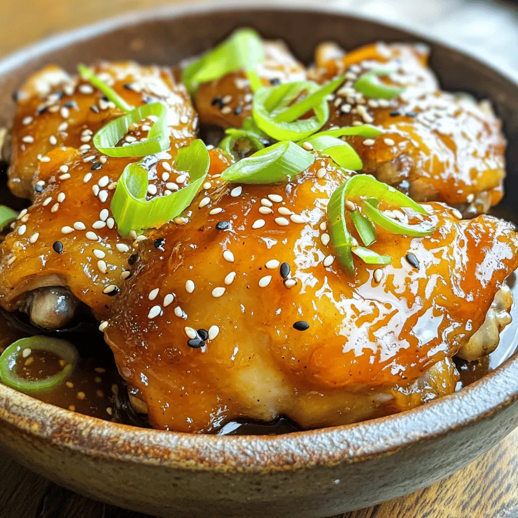 - 1 lb (450g) boneless, skinless chicken thighs, cut into bite-sized pieces - 1/4 cup honey - 2 tablespoons soy sauce (low-sodium preferred) - 1 tablespoon apple cider vinegar - 2 garlic cloves, minced - 1/2 teaspoon grated ginger - 1 tablespoon cornstarch - 2 tablespoons water - 1 tablespoon sesame oil - Salt and pepper to taste - 2 green onions, sliced (for garnish) - Sesame seeds (for garnish) You can swap honey with maple syrup or agave for a different taste. If you need a soy-free option, try coconut aminos instead of soy sauce. For a twist, add vegetables like bell peppers or snow peas. You can also use chicken breasts if you prefer leaner meat. Tofu or shrimp works well too! These swaps keep the dish tasty and fun. Try them out to match your taste! For the full recipe, be sure to check the details. To start, we need to marinate the chicken. First, grab a mixing bowl. Add these ingredients: - 1/4 cup honey - 2 tablespoons soy sauce - 1 tablespoon apple cider vinegar - 2 minced garlic cloves - 1/2 teaspoon grated ginger - Salt and pepper to taste Whisk these together until they blend well. Next, toss in the chicken pieces and coat them evenly. Let the chicken marinate for 15-20 minutes. This gives the chicken great flavor. Now, we prepare the sauce. In a small bowl, mix 1 tablespoon of cornstarch with 2 tablespoons of water. Stir until you have a smooth slurry. Set this aside for later. Now, let’s cook the chicken. Heat 1 tablespoon of sesame oil in a large skillet over medium-high heat. Once hot, add the marinated chicken. Cook for 6-8 minutes, stirring often. You want the chicken to turn brown and cook through. After the chicken is cooked, lower the heat to medium. Pour the honey mixture into the skillet with the chicken. Stir and let it cook for another 2 minutes. This helps the chicken soak up more flavor. Next, we’ll thicken the sauce. Slowly add the cornstarch slurry to the skillet. Stir continuously until the sauce thickens and becomes sticky. It should coat the chicken nicely. Once the sauce is thickened, take the skillet off the heat. Now it’s time to garnish. Slice 2 green onions and sprinkle them on top. Add sesame seeds for extra crunch and flavor. For serving, I suggest pairing this sticky honey chicken with steamed rice or a fresh salad. It makes for a colorful and tasty meal. Enjoy the sweet and savory flavors that are sure to impress! To ensure tender chicken, start with thighs. They stay moist during cooking. Marinate your chicken for at least 15 minutes. This adds flavor and helps keep it juicy. Use a large skillet for even cooking. Non-stick pans work well for sticky recipes like this. You can add spices like paprika or chili flakes for extra kick. Fresh herbs like cilantro or basil can also boost flavor. To balance the honey sweetness, add a splash of vinegar or a pinch of salt. This helps create a well-rounded taste. For serving, use white plates for a nice contrast. This highlights the vibrant colors of the dish. You can sprinkle sesame seeds and green onions on top for a pop of color. For a creative touch, serve the chicken on a bed of rice or with steamed veggies. This adds texture and makes the meal look appealing. {{image_2}} You can use different meats or tofu in this recipe. Chicken thighs work well, but chicken breast also tastes great. If you want a vegetarian option, try using firm tofu. Just cut it into cubes and marinate it like the chicken. Adding vegetables makes your meal more complete. You can toss in bell peppers, broccoli, or snap peas. Add them to the skillet when the chicken is almost cooked. This way, they stay crisp and vibrant. Want a spicy version? Add some red pepper flakes or sriracha to the sauce. This will give it a nice kick and make your taste buds dance. You can also use chili garlic sauce for more flavor. Incorporate different cuisines by adding spices. Try using cumin and coriander for a Middle Eastern twist. Or, mix in some soy sauce and ginger for an Asian flair. Each twist creates a unique dish. Sticky honey chicken can shine in many forms. You can serve it in tacos. Just fill soft tortillas with the chicken and top with veggies. It makes a fun, hands-on meal. Another great option is to serve it over rice or noodles. The sticky sauce is perfect for soaking into the grains. You can choose jasmine rice, brown rice, or even stir-fried noodles. Each choice brings a different texture and taste. For more details, check the Full Recipe. To store your sticky honey chicken, let it cool down first. Place leftovers in an airtight container. This keeps the chicken fresh. It can last in the fridge for up to three days. Always check for any off smells or changes in texture before eating. You can freeze sticky honey chicken if you want to save some for later. Just place it in a freezer-safe bag or container. Make sure to remove as much air as possible. It will stay good for up to three months. When you are ready to eat it, thaw it in the fridge overnight. To heat it up, use a skillet over low heat. This helps maintain its taste and texture. Leftover sticky honey chicken is versatile. You can use it in many ways. Try making a chicken stir-fry with veggies. You can also add it to salads for extra flavor. Another idea is to make chicken tacos. Just warm the chicken and add your favorite toppings. This way, you enjoy the meal in different styles! You can serve Sticky Honey Chicken with many tasty sides. Here are some ideas: - Steamed broccoli for a crunchy bite - White rice to soak up the sauce - Fried rice for a savory twist - Mixed green salad for freshness - Roasted carrots for natural sweetness These sides balance the dish and make your meal complete. To add heat to your sauce, try these tips: - Add red pepper flakes for instant spice - Stir in sriracha for a bold kick - Use chili garlic sauce for depth of flavor - Mix in some fresh chopped jalapeños for freshness These options let you control the heat level to fit your taste. Yes, you can use chicken breast. Here’s what to know: - Chicken breast is leaner and cooks faster. - It can be drier than thighs if overcooked. - Thighs have more fat, giving a richer flavor. Choose your protein based on your preferred taste and texture. Follow these steps for storing and reheating: - Place leftovers in an airtight container in the fridge. - They stay fresh for up to 4 days. - To reheat, use a microwave or skillet on low heat. This helps keep the chicken juicy and flavorful. This blog post covered ingredients for sticky honey chicken and provided step-by-step instructions. You learned about ingredient substitutions, cooking tips, and fun variations. We also explored storage methods to keep your leftovers fresh. In the end, this dish offers plenty of options for creativity and taste. Enjoy experimenting with flavors and make it your own! Now, you can create a delicious meal that everyone will love.