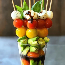 To make delicious Caprese salad skewers, you'll need fresh, vibrant ingredients. Here’s a list of what to gather: - 1 pint cherry tomatoes - 8 oz fresh mozzarella balls (bocconcini) - 1 ripe avocado, diced - Fresh basil leaves - Salt and pepper to taste These fresh ingredients create a bright and tasty flavor. The tomatoes add sweetness, while the mozzarella brings creaminess. The avocado adds richness, and basil gives a fresh aroma. You can boost the taste of your skewers with a few optional ingredients: - 1 tablespoon balsamic glaze - 2 tablespoons olive oil Balsamic glaze adds a sweet tang, while olive oil enhances the overall flavor. You can also sprinkle some crushed red pepper for a spicy kick. To assemble your skewers, you’ll need some basic tools: - Skewers (8-10 inches long) - A cutting board - A sharp knife - A serving platter Having these tools ready makes assembly easy. You can enjoy making these skewers as a fun activity for family or friends. For the full recipe, check out Caprese Skewers with a Twist! To start, gather your fresh ingredients. Rinse the cherry tomatoes and basil leaves under cold water. Drain the mozzarella balls to remove excess liquid. Next, cut the ripe avocado into small, bite-sized pieces. This adds creaminess to our skewers. Don’t forget to sprinkle a pinch of salt and pepper on the avocado. This step enhances its flavor. Now, let’s build our skewers. Grab a skewer, about 8-10 inches long. Start by threading one cherry tomato onto it. Follow this with a fresh basil leaf. Next, add a mozzarella ball. Finally, place a piece of diced avocado on the skewer. Repeat this layering until the skewer is filled. Aim for 3-4 of each ingredient per skewer. This gives a colorful and tasty treat. Once done, place the assembled skewers on a serving platter. It’s time for the finishing touches! Drizzle olive oil and balsamic glaze over the skewers. This adds extra flavor and a nice shine. Then, sprinkle some salt and pepper to taste. For a stunning presentation, arrange the skewers in a tall glass or jar. You could also add a few basil leaves around the base. This makes your dish not just tasty, but also beautiful. Enjoy your Caprese skewers as a fresh and flavorful treat! For a complete guide, check out the Full Recipe. When selecting tomatoes, look for firm, bright ones. Cherry tomatoes should feel heavy for their size. They should also smell sweet and fresh. For mozzarella, choose fresh balls, known as bocconcini. They should feel soft and moist. Make sure they are in water or brine to keep them fresh. The best mozzarella melts in your mouth and has a creamy taste. To impress your guests, think about how you arrange your skewers. Place them upright in a tall glass or jar. This makes a beautiful centerpiece. You can also add basil leaves to the base for color. Adding a drizzle of balsamic glaze on top adds shine and an eye-catching look. Keep the skewers colorful by mixing the ingredients on each stick. A simple sprinkle of salt can bring out the flavors of your fresh ingredients. You can also use cracked black pepper for a touch of spice. For a fresh twist, add a squeeze of lemon juice just before serving. This gives a bright flavor. For an extra boost, drizzle some olive oil right before serving. These small touches will enhance your dish. You can find the full recipe for these delicious Caprese skewers for more details. {{image_2}} You can switch up the classic Caprese flavors. Try using grape tomatoes instead of cherry tomatoes. They are just as sweet and tasty. Swap fresh mozzarella with feta for a tangy kick. You can also add olives for a briny touch. For crunch, consider adding cucumber slices or roasted red peppers. Each change gives the skewers a new twist. Caprese skewers can change with the seasons. In summer, use heirloom tomatoes for vibrant colors. In fall, add roasted butternut squash for a warm taste. During winter, try using sun-dried tomatoes for a rich flavor. In spring, fresh peas or asparagus can bring a bright crunch. Adapting ingredients to the season keeps the dish fresh and exciting. If you're looking for dairy-free options, replace mozzarella with marinated tofu. This keeps the flavors while meeting vegan needs. Gluten-free eaters can enjoy this recipe as it’s naturally gluten-free. For a low-carb option, skip the avocado and add more tomatoes. Each change makes the dish fit for different diets and tastes. Check out the Full Recipe for more ideas! To store leftover skewers, first, place them in a shallow airtight container. This keeps them fresh. You can also wrap them in plastic wrap. Store the container in the fridge. Use them within two days for the best taste. If you want to prepare in advance, cut the ingredients but keep them separate. Store cherry tomatoes, mozzarella, and avocado in separate containers. This stops them from getting soggy. You can also layer the skewers without adding dressing. Just drizzle it on right before serving. If you have leftover ingredients, avoid reheating the skewers. Instead, enjoy them cold. If you want to heat the mozzarella, try a quick microwave blast. Heat it for just a few seconds, then add it back to a skewer. This keeps the flavors fresh and delicious. For more details, check out the Full Recipe. Yes, you can make Caprese skewers ahead of time. I recommend preparing them a few hours before your event. Just keep them in the fridge until you are ready to serve. This way, the flavors stay fresh, and the ingredients maintain their crispness. If you layer them with care, they will look great on the platter. You can get creative with your Caprese skewers! Here are a few ideas: - Pepperoni slices for a savory touch. - Cubes of salami add a nice bite. - Roasted red peppers bring a sweet flavor. - Olives add a briny taste. - Artichoke hearts offer a unique twist. Mix and match to find your favorite combo! To keep your skewers fresh for a party, follow these tips: - Cover them with plastic wrap or a clean kitchen towel. - Store them in the fridge until serving time. - Drizzle balsamic glaze just before serving to avoid sogginess. This will ensure your skewers stay tasty and colorful for all your guests to enjoy. For the full recipe, check out the details above. Caprese salad skewers are simple yet tasty. We explored fresh ingredients, optional add-ons, and tools. Then, I shared step-by-step instructions for preparation and assembly. I included tips to choose the best tomatoes and mozzarella while enhancing your presentation. Don’t forget to try various ingredients and store leftover skewers properly. With these ideas, you can make your next gathering special. Enjoy creating your own tasty skewers!
