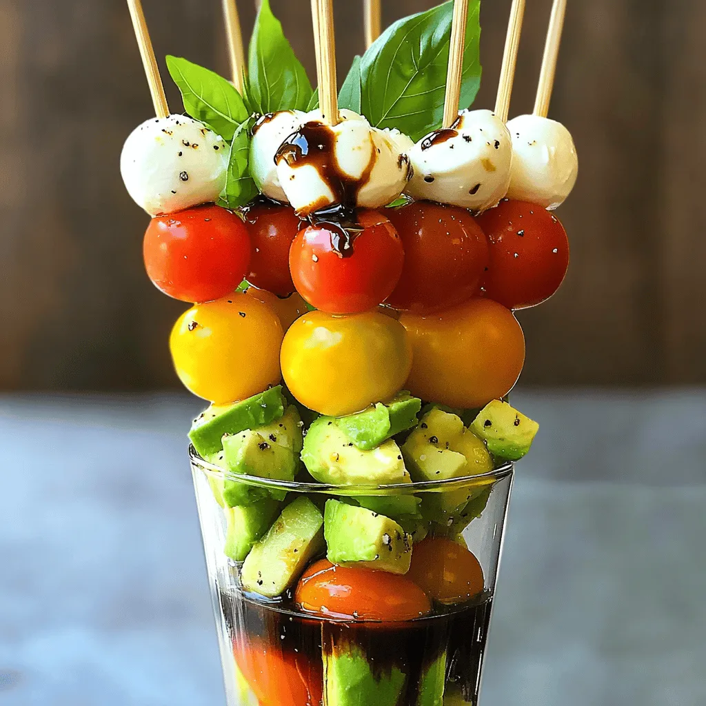 To make delicious Caprese salad skewers, you'll need fresh, vibrant ingredients. Here’s a list of what to gather: - 1 pint cherry tomatoes - 8 oz fresh mozzarella balls (bocconcini) - 1 ripe avocado, diced - Fresh basil leaves - Salt and pepper to taste These fresh ingredients create a bright and tasty flavor. The tomatoes add sweetness, while the mozzarella brings creaminess. The avocado adds richness, and basil gives a fresh aroma. You can boost the taste of your skewers with a few optional ingredients: - 1 tablespoon balsamic glaze - 2 tablespoons olive oil Balsamic glaze adds a sweet tang, while olive oil enhances the overall flavor. You can also sprinkle some crushed red pepper for a spicy kick. To assemble your skewers, you’ll need some basic tools: - Skewers (8-10 inches long) - A cutting board - A sharp knife - A serving platter Having these tools ready makes assembly easy. You can enjoy making these skewers as a fun activity for family or friends. For the full recipe, check out Caprese Skewers with a Twist! To start, gather your fresh ingredients. Rinse the cherry tomatoes and basil leaves under cold water. Drain the mozzarella balls to remove excess liquid. Next, cut the ripe avocado into small, bite-sized pieces. This adds creaminess to our skewers. Don’t forget to sprinkle a pinch of salt and pepper on the avocado. This step enhances its flavor. Now, let’s build our skewers. Grab a skewer, about 8-10 inches long. Start by threading one cherry tomato onto it. Follow this with a fresh basil leaf. Next, add a mozzarella ball. Finally, place a piece of diced avocado on the skewer. Repeat this layering until the skewer is filled. Aim for 3-4 of each ingredient per skewer. This gives a colorful and tasty treat. Once done, place the assembled skewers on a serving platter. It’s time for the finishing touches! Drizzle olive oil and balsamic glaze over the skewers. This adds extra flavor and a nice shine. Then, sprinkle some salt and pepper to taste. For a stunning presentation, arrange the skewers in a tall glass or jar. You could also add a few basil leaves around the base. This makes your dish not just tasty, but also beautiful. Enjoy your Caprese skewers as a fresh and flavorful treat! For a complete guide, check out the Full Recipe. When selecting tomatoes, look for firm, bright ones. Cherry tomatoes should feel heavy for their size. They should also smell sweet and fresh. For mozzarella, choose fresh balls, known as bocconcini. They should feel soft and moist. Make sure they are in water or brine to keep them fresh. The best mozzarella melts in your mouth and has a creamy taste. To impress your guests, think about how you arrange your skewers. Place them upright in a tall glass or jar. This makes a beautiful centerpiece. You can also add basil leaves to the base for color. Adding a drizzle of balsamic glaze on top adds shine and an eye-catching look. Keep the skewers colorful by mixing the ingredients on each stick. A simple sprinkle of salt can bring out the flavors of your fresh ingredients. You can also use cracked black pepper for a touch of spice. For a fresh twist, add a squeeze of lemon juice just before serving. This gives a bright flavor. For an extra boost, drizzle some olive oil right before serving. These small touches will enhance your dish. You can find the full recipe for these delicious Caprese skewers for more details. {{image_2}} You can switch up the classic Caprese flavors. Try using grape tomatoes instead of cherry tomatoes. They are just as sweet and tasty. Swap fresh mozzarella with feta for a tangy kick. You can also add olives for a briny touch. For crunch, consider adding cucumber slices or roasted red peppers. Each change gives the skewers a new twist. Caprese skewers can change with the seasons. In summer, use heirloom tomatoes for vibrant colors. In fall, add roasted butternut squash for a warm taste. During winter, try using sun-dried tomatoes for a rich flavor. In spring, fresh peas or asparagus can bring a bright crunch. Adapting ingredients to the season keeps the dish fresh and exciting. If you're looking for dairy-free options, replace mozzarella with marinated tofu. This keeps the flavors while meeting vegan needs. Gluten-free eaters can enjoy this recipe as it’s naturally gluten-free. For a low-carb option, skip the avocado and add more tomatoes. Each change makes the dish fit for different diets and tastes. Check out the Full Recipe for more ideas! To store leftover skewers, first, place them in a shallow airtight container. This keeps them fresh. You can also wrap them in plastic wrap. Store the container in the fridge. Use them within two days for the best taste. If you want to prepare in advance, cut the ingredients but keep them separate. Store cherry tomatoes, mozzarella, and avocado in separate containers. This stops them from getting soggy. You can also layer the skewers without adding dressing. Just drizzle it on right before serving. If you have leftover ingredients, avoid reheating the skewers. Instead, enjoy them cold. If you want to heat the mozzarella, try a quick microwave blast. Heat it for just a few seconds, then add it back to a skewer. This keeps the flavors fresh and delicious. For more details, check out the Full Recipe. Yes, you can make Caprese skewers ahead of time. I recommend preparing them a few hours before your event. Just keep them in the fridge until you are ready to serve. This way, the flavors stay fresh, and the ingredients maintain their crispness. If you layer them with care, they will look great on the platter. You can get creative with your Caprese skewers! Here are a few ideas: - Pepperoni slices for a savory touch. - Cubes of salami add a nice bite. - Roasted red peppers bring a sweet flavor. - Olives add a briny taste. - Artichoke hearts offer a unique twist. Mix and match to find your favorite combo! To keep your skewers fresh for a party, follow these tips: - Cover them with plastic wrap or a clean kitchen towel. - Store them in the fridge until serving time. - Drizzle balsamic glaze just before serving to avoid sogginess. This will ensure your skewers stay tasty and colorful for all your guests to enjoy. For the full recipe, check out the details above. Caprese salad skewers are simple yet tasty. We explored fresh ingredients, optional add-ons, and tools. Then, I shared step-by-step instructions for preparation and assembly. I included tips to choose the best tomatoes and mozzarella while enhancing your presentation. Don’t forget to try various ingredients and store leftover skewers properly. With these ideas, you can make your next gathering special. Enjoy creating your own tasty skewers!