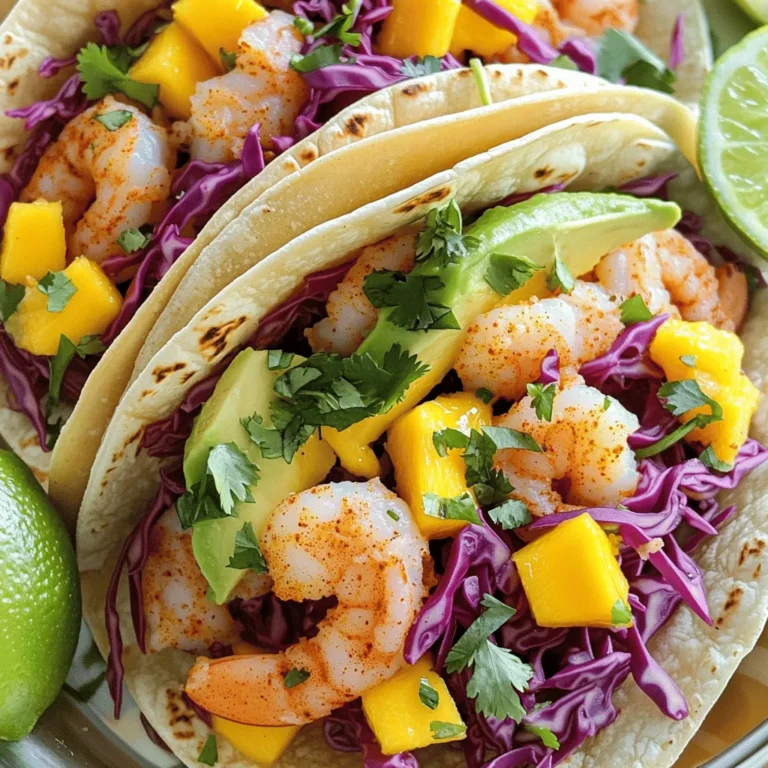 To make delicious shrimp tacos, you need a few key ingredients: - 1 pound fresh shrimp, peeled and deveined - 1 tablespoon olive oil - 1 teaspoon smoked paprika - 1 teaspoon cumin - 1 teaspoon garlic powder - 1/2 teaspoon cayenne pepper (adjust for spice preference) - Salt and pepper to taste - 8 small corn tortillas - 1 cup shredded red cabbage - 1 avocado, sliced - 1/2 cup diced mango - 1/4 cup fresh cilantro, chopped - 1 lime, cut into wedges - Optional: Hot sauce for serving These simple ingredients create vibrant flavors. Each one plays a role in making your tacos special. You can add extra ingredients for more taste. Consider these options: - Chopped jalapeños for heat - Sliced radishes for crunch - A drizzle of yogurt for creaminess - Fresh lime juice for brightness These optional ingredients can personalize your tacos. You can mix and match based on what you enjoy. Toppings and sides enhance the meal. Here are some ideas: - Fresh cilantro for a burst of flavor - Diced tomatoes for freshness - Lime wedges to squeeze on top - A side of black beans for protein - A simple green salad for a light crunch These toppings and sides complete your taco experience. They add color and freshness to your plate. For the full recipe, check the complete cooking instructions linked above. Start by rinsing the shrimp in cold water. Pat them dry with a paper towel. In a medium bowl, combine the shrimp with olive oil. Add smoked paprika, cumin, garlic powder, cayenne pepper, salt, and pepper. Mix well until the shrimp are evenly coated. This step adds great flavor to your shrimp. Heat a large skillet on medium-high. Once it is hot, add the shrimp. Cook them for about 2-3 minutes on each side. You want them to turn pink and opaque. Avoid overcooking the shrimp. Overcooked shrimp can become rubbery. Warm the corn tortillas in a dry skillet for about 30 seconds on each side. This makes them soft and easy to fold. Place a handful of shredded red cabbage on each tortilla. Next, add a few shrimp on top. Then, add slices of avocado and a spoonful of diced mango. Finish with fresh cilantro and a squeeze of lime. Enjoy your tacos right away with lime wedges and hot sauce on the side. For the complete recipe, check [Full Recipe]. When picking shrimp, look for fresh ones. They should smell like the ocean, not fishy. Choose shrimp that are firm and shiny. If you see black spots, skip them. I often buy shrimp that are peeled and deveined for ease. Fresh shrimp from local markets taste best. Frozen shrimp can work too, just thaw them properly before cooking. To get tender shrimp, avoid overcooking. Shrimp cook fast, usually in just 2-3 minutes. They change from gray to pink when done. Keep an eye on them, and remove them from heat as soon as they turn opaque. Using a hot skillet helps sear them quickly. Add a splash of lime juice right after cooking for extra flavor. If you’re new to cooking shrimp, try simple spices first. Lemon pepper or garlic works great. You can also use taco seasoning for a quick option. Want a twist? Add pineapple or bell peppers to your tacos. They add sweetness and crunch. For a creamy touch, try a yogurt sauce or avocado crema. Experiment until you find your favorite combo! For the full recipe, check out the Shrimp Fiesta Tacos. {{image_2}} If you want to switch it up, try other proteins. Chicken works great in tacos. You can also use fish, like tilapia or mahi-mahi. For beef lovers, shredded beef is tasty too. Just season them like you would the shrimp. Use the same spices for a good flavor. This way, you keep the meal exciting and fun. For a vegan twist, skip the shrimp. Instead, use black beans or roasted chickpeas. They add protein and texture. You can also use sautéed mushrooms for a meaty feel. Season them well with spices for a great taste. Add fresh veggies like bell peppers and corn for crunch. This makes your tacos colorful and healthy. You can change the flavor of your tacos easily. Try using different spices like chili powder or oregano. A touch of lime juice can give a nice zing. You can also add tropical fruits like pineapple for sweetness. For a smoky taste, grill your shrimp or other proteins. Each change can create a whole new taco experience. For a full recipe, check out the Shrimp Fiesta Tacos. To keep your leftover tacos fresh, wrap them well. Use plastic wrap or foil. Place them in an airtight container. Store them in the fridge for up to three days. This helps maintain their flavor and texture. When you're ready to eat, reheat the shrimp. You can use a skillet over medium heat. Cook for about 2-3 minutes until heated through. If you prefer, use the microwave. Heat on medium for 30 seconds at a time. Check often to avoid overcooking. If you want to save more tacos, freezing is a great option. Wrap each taco in plastic wrap. Then, place them in a freezer bag. They can stay frozen for up to three months. When you’re ready to eat, thaw in the fridge overnight. Reheat as mentioned above for the best taste. For the full recipe, check out the Shrimp Fiesta Tacos! The best way to season shrimp is simple and effective. Use olive oil, smoked paprika, cumin, garlic powder, salt, and pepper. These ingredients create a rich flavor. If you like heat, add cayenne pepper. Just a little can make a big difference. Always taste as you mix. Adjust the spices to fit your taste. Fresh herbs, like cilantro, can also brighten the dish. Yes, you can use frozen shrimp for this recipe. Frozen shrimp is often just as good as fresh. Just make sure to thaw them properly. Place them in cold water for about 15-20 minutes. Once thawed, peel and devein them if needed. Use the same seasoning and cooking steps as fresh shrimp. This makes it easy to enjoy shrimp tacos anytime. The spice level of Shrimp Fiesta Tacos can vary. It depends on how much cayenne pepper you add. The recipe suggests 1/2 teaspoon, which gives a nice kick. If you prefer mild tacos, skip the cayenne or use less. You can always add hot sauce at the table for extra heat. This way, everyone can enjoy the tacos at their own spice level. Shrimp Fiesta Tacos combine fresh ingredients with easy steps. You learned about the main and optional ingredients to boost flavors. The tips helped you pick the best shrimp and explore tasty variations. Don't forget how to store leftovers and reheat them well. These tacos are simple and fun to make. Enjoy creating your own unique version! You can impress your friends and family with these delicious tacos.