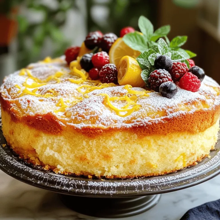 - 1 ½ cups all-purpose flour - 1 cup granulated sugar - ½ cup unsalted butter, softened - 2 large eggs - ½ cup buttermilk - 2 tablespoons lemon zest (about 2 lemons) - ¼ cup fresh lemon juice (about 1-2 lemons) - Fresh berries and mint leaves (for garnish, optional) - 1 teaspoon baking powder - ½ teaspoon baking soda - ½ teaspoon salt - 1 teaspoon vanilla extract - Powdered sugar (for dusting, optional) To make Lemon Cake to Die For, you need simple, fresh ingredients. First, gather your required ingredients. All-purpose flour gives the cake structure. Granulated sugar makes it sweet. Unsalted butter adds richness. Eggs provide moisture and help it rise. Buttermilk keeps the cake soft and adds tang. Next, get fresh ingredients. Lemon zest brings bright flavor. Fresh lemon juice adds a tart kick. You can use berries and mint for a lovely garnish if you want. Finally, don’t forget the baking essentials. Baking powder and baking soda help the cake rise. Salt balances the sweetness. Vanilla extract adds warmth. Powdered sugar is great for dusting and looks nice on top. These ingredients work together to create a moist, flavorful cake. You can find the full recipe for more details. Enjoy the process and the delicious outcome! - Preheat your oven to 350°F (175°C). - Grease and flour an 8-inch round cake pan. - In a medium bowl, whisk together flour, baking powder, baking soda, and salt. - In a large mixing bowl, cream butter and sugar until light and fluffy. - Add eggs and vanilla extract one at a time. - Alternate adding the dry flour mixture and buttermilk to the wet mixture. - Gently fold in lemon zest and lemon juice. - Pour the batter into the prepared cake pan. - Bake for 25-30 minutes until a toothpick comes out clean. - Allow to cool in the pan, then transfer to a wire rack. Follow these steps closely for the best results. Each part is key to making your Lemon Cake to Die For. If you want to see all the details, check the Full Recipe. To get a fluffy cake, I recommend using room temperature ingredients. This helps the butter and sugar mix better. When you mix the batter, be careful not to overmix it. Overmixing can make the cake dense and heavy. Mix just until you see no dry flour. Using fresh lemons for zest and juice is a must. This makes the cake bright and fresh. If you want a stronger lemon taste, add a bit of lemon extract. It boosts the flavor without adding more juice. Dust the top of the cake with powdered sugar before serving. This adds a lovely touch and looks great. For an extra pop, serve the cake with fresh berries and mint leaves. They add color and freshness to your plate. {{image_2}} You can choose different frostings to match your taste. A classic lemon buttercream brings a bright and sweet flavor. It is smooth and creamy, perfect for a lemon lover. You can make it by mixing softened butter, powdered sugar, lemon juice, and zest. Another tasty choice is cream cheese frosting. This frosting adds a tangy twist that pairs well with the sweet lemon cake. To make this, blend cream cheese and butter until smooth. Add powdered sugar and lemon juice to achieve your desired taste. Fruits can make your lemon cake extra special. You can add blueberries or raspberries into the batter. This will bring a burst of flavor and a pop of color. Just fold the berries in gently to avoid breaking them. For a different look, you can top the cake with a fruit glaze or compote. A simple berry glaze can be made by cooking fresh berries with sugar and a bit of water. Pour this over the cooled cake for a fruity finish. If you want to try new flavors, I suggest a lemon and lavender combination. The floral notes of lavender mix well with the tart lemon. Just add a bit of culinary lavender to your batter for a unique twist. Another great option is a lemon poppy seed cake. This cake has a delightful crunch from the seeds. Simply add poppy seeds to the batter before baking. You can enjoy it plain or with your favorite frosting. For the full recipe, check the Lemon Cake to Die For section. To keep your Lemon Cake to Die For fresh, store it in an airtight container at room temperature. It will stay good for up to 3 days. If you want it to last longer, refrigerate it for up to 1 week. Just remember, the cake may dry out a little in the fridge, so make sure it’s sealed well. If you want to save some cake for later, you can freeze it. Just freeze the uniced cake for up to 3 months. When you're ready to enjoy it, thaw the cake in the refrigerator. This way, it stays moist and delicious, just like when you first baked it. To make this cake moist, use buttermilk and add lemon juice. Buttermilk adds rich flavor and keeps the cake soft. Lemon juice adds brightness and enhances the lemon taste. This combo makes the cake tender and delicious. Yes, you can make Lemon Cake to Die For a day in advance. Just bake, cool, and store the cake in an airtight container. It will taste just as fresh the next day. This is a great way to save time for a special event. This cake is best served with a dusting of powdered sugar and fresh fruit. The powdered sugar adds a sweet touch, while fresh berries give a burst of flavor. Mint leaves can also add a lovely pop of green. Yes, you can adjust the sweetness of the cake. Reduce or increase the sugar to your taste. Keep in mind, changing the sugar may affect the cake's texture. A sweeter cake may be more moist, while less sugar could make it drier. This blog post covered the key ingredients, steps, and tips for making a perfect lemon cake. You learned how to mix flavors and achieve great texture. Remember, using fresh ingredients makes a big difference. In the end, enjoy the process and have fun baking. Your cake will be a delicious treat for everyone!