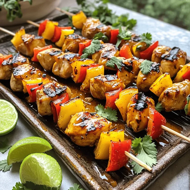 - 1 lb boneless chicken thighs - 2 tablespoons soy sauce - 2 tablespoons honey - 1 tablespoon fish sauce - 2 cloves garlic, minced - 1 tablespoon fresh ginger, grated - 1 tablespoon red curry paste - 1 tablespoon lime juice - 1 teaspoon brown sugar - 1 red bell pepper, cut into chunks - 1 yellow bell pepper, cut into chunks - Fresh cilantro for garnish - Skewers (wooden or metal) To make the best sweet and spicy Thai chicken skewers, you need quality ingredients. The star of this dish is the boneless chicken thighs. They stay juicy and tender, perfect for grilling. The marinade is where the magic happens. It blends soy sauce, honey, and fish sauce for a sweet and salty bite. The garlic and ginger add depth. Red curry paste gives warmth and a hint of spice. Lime juice brings brightness, while brown sugar balances everything. You can add colorful bell peppers for crunch and flavor. They not only taste great but also make the skewers look appealing. - Skewers (wooden or metal) - Grill or grill pan Using skewers is essential for this recipe. You can choose between wooden and metal ones. If you use wooden skewers, soak them in water. This step helps prevent burning. A grill or grill pan is also important. It gives the chicken those lovely grill marks and enhances the flavor. - Caloric content per serving: Approximately 250 calories - Breakdown of macronutrients: - Protein: 20g - Carbohydrates: 15g - Fats: 12g Each serving of these skewers is about 250 calories. You get a good amount of protein from the chicken. The carbs mainly come from the honey and brown sugar. Lastly, you have healthy fats from the chicken and any oil you may use for grilling. To make the marinade, grab a large mixing bowl. Add 2 tablespoons of soy sauce, 2 tablespoons of honey, and 1 tablespoon of fish sauce. Next, add 2 cloves of minced garlic and 1 tablespoon of grated ginger. Then, mix in 1 tablespoon of red curry paste, 1 tablespoon of lime juice, and 1 teaspoon of brown sugar. Whisk these ingredients together until they blend well. This marinade brings that sweet and spicy flavor we all love. Marination time is key. It allows the chicken to soak up all those great flavors. I recommend marinating your chicken for at least 30 minutes. If you have more time, go for 2 hours. To coat the chicken, put the bite-sized pieces in the bowl with the marinade. Use your hands or a spoon to ensure each piece is well-coated. Cover the bowl and place it in the fridge. If you're using wooden skewers, soak them in water for about 30 minutes. This helps prevent burning on the grill. While the chicken marinates, preheat your grill or grill pan over medium-high heat. When you're ready, take the marinated chicken and thread it onto the skewers. Alternate the chicken pieces with chunks of red and yellow bell pepper. Grill the skewers for about 10-12 minutes, turning occasionally. You want the chicken to be cooked and have nice grill marks. When done, let them rest for a few minutes before serving. This step helps keep them juicy. You can cook your sweet and spicy Thai chicken skewers in different ways. If you don't have a grill, try baking them. Preheat your oven to 400°F (200°C). Place the skewers on a baking sheet lined with parchment paper. Bake for about 20-25 minutes. Flip them halfway for even cooking. Broiling is another option. Set your oven to broil and cook the skewers for about 10-15 minutes. Keep an eye on them so they don't burn. Marination is key for flavor. The longer you marinate, the better the taste. Aim for at least 30 minutes. If you have more time, go for 2 hours. This helps the chicken absorb all those yummy flavors. Make sure to coat every piece well in the marinade. You can even poke small holes in the chicken to let the marinade seep in. This little trick packs in the flavor. Presentation makes food more appealing. Serve your skewers on a bright platter. Add lime wedges for a pop of color. A sprinkle of fresh cilantro adds vibrancy. You can also drizzle leftover marinade over the skewers for extra taste. Just remember to boil it first for safety. This can make your dish look gourmet and taste even better. {{image_2}} You can switch the chicken for shrimp or tofu. Shrimp cooks fast and absorbs flavors well. Just marinate it for about 15-20 minutes. For tofu, use firm tofu. Cut it into cubes and press it to remove excess water. Then marinate it like chicken. Both options bring a fresh twist to the dish. You can change the sweet and spicy levels easily. If you want it sweeter, add more honey. For more heat, increase the red curry paste or add chili flakes. Taste the marinade before using it. This lets you find the right balance for your preference. Don't be afraid to experiment! You don't have to stick to bell peppers. Try zucchini, cherry tomatoes, or mushrooms. These veggies grill nicely and add different flavors. Just make sure to cut them into similar sizes. This helps everything cook evenly. Adding colorful veggies makes your skewers look great, too. For a fun twist, use pineapple for a sweet touch! To store leftover Sweet and Spicy Thai Chicken Skewers, place them in an airtight container. Make sure the skewers are cool before sealing. This helps keep them fresh. You can store them in the fridge for up to three days. If you want to keep them longer, freezing is a good option. When you reheat the skewers, aim for keeping their flavor and texture. The best way is to use an oven or a grill. Preheat your oven to 350°F (175°C). Place the skewers on a baking sheet and cover them with foil. Heat for about 10-15 minutes, or until warmed through. If using a grill, heat it over medium heat for a few minutes on each side. Yes, you can freeze cooked skewers! Just wrap them tightly in plastic wrap or foil. Then, place them in a freezer bag. They will stay good for up to three months. When ready to eat, thaw them in the fridge overnight before reheating. This method keeps the taste intact. For the complete recipe, check out the Full Recipe of Sweet and Spicy Thai Chicken Skewers. For best results, marinate the chicken for at least 30 minutes. If you have more time, aim for 2 hours. This longer marination allows the flavors to soak in deeply. The chicken becomes tender and rich in flavor. Yes, you can use chicken breast, but the taste and texture will change. Chicken thighs offer more fat, which keeps them juicy. Breasts can dry out faster, so watch your cooking time closely. If you prefer breast meat, consider brining it first to add moisture. These skewers pair well with rice or noodles. You can also serve them with a fresh salad or a tangy dipping sauce. For a fun twist, try serving with peanut sauce or sweet chili sauce. Fresh herbs or lime wedges also add a nice touch. You can find the Full Recipe of Sweet and Spicy Thai Chicken Skewers in the main article. It details all the steps and ingredients to create this dish. Enjoy cooking! In this post, I covered the key ingredients for Thai chicken skewers, including the marinade and vegetables. I also shared tools you will need, plus nutritional details to help you plan. The step-by-step instructions guide you from marinating to grilling, ensuring great taste. I shared tips for cooking, presentation, and variations for different proteins and flavors. Lastly, I talked about storage options and answered common questions. With these insights, you’re ready to make flavorful skewers that everyone will enjoy. Happy cooking!