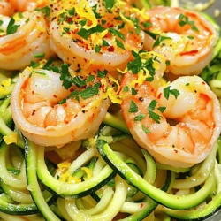 - 1 pound large shrimp, peeled and deveined - 4 medium zucchinis, spiralized into noodles - 3 tablespoons olive oil - 4 cloves garlic, minced - 1 teaspoon red pepper flakes - 1 lemon, juiced and zested - 1/4 cup low-sodium chicken broth - Salt and pepper to taste - Fresh parsley, chopped, for garnish - Grated Parmesan cheese (optional) The key to a great Skinny Shrimp Scampi lies in fresh ingredients. The shrimp must be large, juicy, and peeled. I love using four medium zucchinis for their mild flavor. Spiralizing them creates fun noodles that soak up the sauce well. The olive oil adds richness without too many calories. Garlic brings a lovely aroma, and red pepper flakes add a hint of heat. The lemon juice and zest brighten the dish, while low-sodium chicken broth keeps it flavorful yet light. - Additional vegetables (bell peppers, spinach) - Fresh herbs (basil, cilantro) - Different types of cheese Want to customize your dish? Add bell peppers or spinach for extra color and nutrition. Fresh herbs like basil or cilantro can elevate the flavors even more. If you enjoy cheese, sprinkle some on top for a creamy finish. For the full recipe, check [Full Recipe]. How to spiralize zucchini noodles To make zucchini noodles, start with firm zucchinis. Cut off the ends of each zucchini. Use a spiralizer or a vegetable peeler to create long, thin noodles. Make sure to turn the zucchini as you spiralize. This helps you get even noodles. Place the noodles in a colander and sprinkle them with salt. Let them sit for about 10 minutes. This removes extra moisture. How to properly clean and devein shrimp Begin by rinsing the shrimp under cold water. Use your fingers to remove the shell. Pinch the tail to remove it easily. To devein, use a small knife or shrimp deveiner. Make a shallow cut along the back. Pull out the dark vein with your fingers. Rinse the shrimp again to clean any residue. Detailed cooking process of sautéing garlic and shrimp Heat 2 tablespoons of olive oil in a large skillet over medium heat. Add minced garlic and red pepper flakes to the skillet. Sauté for about 30 seconds until it smells great. Increase the heat to medium-high, then add the cleaned shrimp. Season with salt and pepper. Cook for 2-3 minutes until the shrimp turn pink. Remove the shrimp from the skillet and set aside. How to combine shrimp and zucchini noodles in the skillet In the same skillet, add the last tablespoon of olive oil and the chicken broth. Bring it to a simmer. Now, add the spiralized zucchini noodles. Cook for 2-4 minutes, tossing gently. You want them tender but not mushy. Return the shrimp to the skillet. Add lemon juice and zest, and toss everything together. Heat through for about 1 minute. Ideas for garnishing and presenting the dish To make your dish look great, garnish with chopped parsley. A sprinkle of grated Parmesan cheese adds flavor and charm. You can serve it in a large bowl or on plates. A lemon wedge on the side brightens the look. Recommended side dishes to complement the meal Serve the shrimp scampi with a light salad or garlic bread. A simple arugula salad with vinaigrette pairs well. You can also enjoy it with steamed broccoli for a healthy touch. For a fun twist, try serving it with roasted veggies. You will love how the flavors blend! To make this dish lighter, use less oil. You can sauté garlic in water or broth. This way, you still get great flavor. If you're looking for low-calorie options, consider using chicken or tofu instead of shrimp. Both can soak up the same tasty sauce. For this recipe, a large skillet works best. A non-stick skillet helps prevent sticking. I recommend using a 12-inch skillet for space. A spiralizer is a must-have too. It turns zucchini into noodles easily. You can also use a vegetable peeler if you don't have one. One common mistake is overcooking zucchini noodles. They should be tender but still firm. Cook them for just 2-4 minutes. Another mistake is underseasoning the shrimp and sauce. Use enough salt, pepper, and lemon juice for taste. These little details make a big difference! {{image_2}} You can easily make this dish gluten-free. Just ensure you use gluten-free chicken broth. For low-carb options, stick to the zucchini noodles. They keep the meal light and healthy. You can swap the shrimp for chicken or tofu, making it fit various diets. Want a spicy kick? Add more red pepper flakes to the dish. This simple change can really amp up the flavor. You can also use different citrus fruits. Try lime or orange instead of lemon for a fresh twist. Each citrus brings its unique zing! Feel free to change the protein. Chicken or tofu works well in this recipe. This flexibility helps to cater to different tastes. You can also adjust for seasonal produce. For example, add asparagus in spring or cherry tomatoes in summer. These swaps keep the dish exciting and fresh. For the full recipe, check out the complete instructions above. Skinny shrimp scampi with zucchini noodles lasts about 3 days in the fridge. To store it, place it in an airtight container. When you're ready to eat, reheat it gently on the stove or in the microwave. Heat it just until warm to keep the shrimp tender and the zucchini noodles from becoming mushy. To freeze shrimp scampi, let it cool completely. Then, transfer it to a freezer-safe container. You can freeze it for up to 2 months. When it's time to enjoy, thaw the dish overnight in the fridge. For best texture, reheat it on the stove over low heat. This way, the shrimp and zucchini retain their flavor. For quick cooking, spiralize the zucchinis ahead of time. Store them in a sealed bag in the fridge. You can also clean and devein the shrimp in advance. If you want to batch cook, make a larger quantity of the dish and store it. Divide it into meal-sized portions for easy reheating. This makes weeknight dinners a breeze! You can find the full recipe in the earlier sections. What can I substitute for shrimp? If you want to swap shrimp, use chicken or tofu. Both options work well in this dish. You can also try scallops for a seafood twist. Can I make this dish vegetarian? Yes, you can! Replace shrimp with mushrooms or chickpeas. Both add flavor and texture to the dish. How do I know when the shrimp is fully cooked? Shrimp is done when it turns pink and opaque. This usually takes about 2-3 minutes. Avoid overcooking, as it can become tough. Is this recipe low in calories? Yes, this recipe is low in calories. Using zucchini noodles cuts down on carbs and calories. A typical serving is about 250 calories, making it a light meal. How does the nutrition compare to traditional spaghetti? Skinny shrimp scampi has fewer calories than traditional spaghetti. Zucchini noodles have fewer carbohydrates, making this dish a healthier choice. What’s the best way to spiralize zucchini? To spiralize zucchini, use a spiralizer. You can also use a julienne peeler. Both tools create long, thin noodles. How can I keep the zucchini noodles from getting watery? To prevent watery noodles, salt the zucchini before cooking. Let it sit for 10 minutes, then pat dry. This helps remove excess moisture. This blog post covered a tasty and healthy skinny shrimp scampi. We explored key ingredients, detailed steps for cooking, and tips to make it better. You can customize this dish to fit your tastes and dietary needs. Remember to avoid common mistakes, like overcooking zucchini. With these tips, you'll impress anyone with your cooking skills. Now, grab your ingredients and enjoy a delicious meal that’s easy and good for you!
