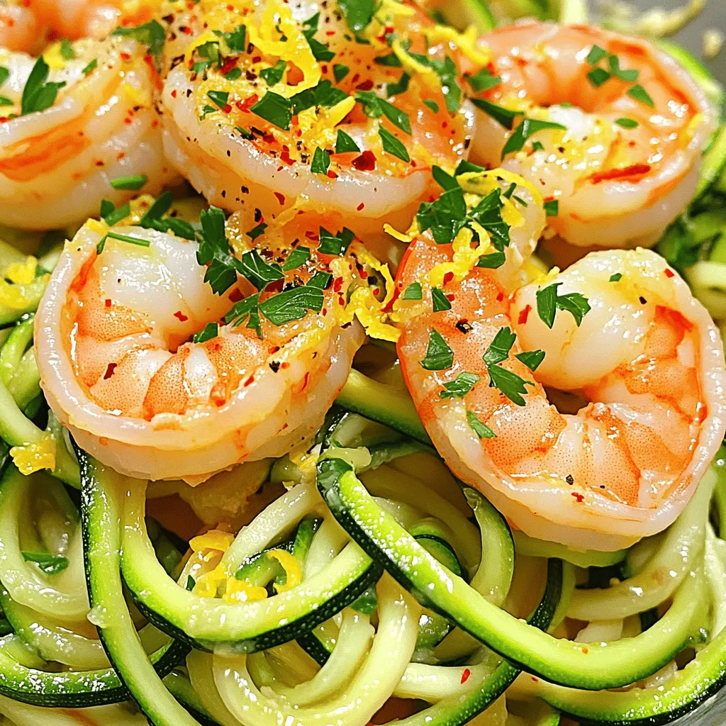 - 1 pound large shrimp, peeled and deveined - 4 medium zucchinis, spiralized into noodles - 3 tablespoons olive oil - 4 cloves garlic, minced - 1 teaspoon red pepper flakes - 1 lemon, juiced and zested - 1/4 cup low-sodium chicken broth - Salt and pepper to taste - Fresh parsley, chopped, for garnish - Grated Parmesan cheese (optional) The key to a great Skinny Shrimp Scampi lies in fresh ingredients. The shrimp must be large, juicy, and peeled. I love using four medium zucchinis for their mild flavor. Spiralizing them creates fun noodles that soak up the sauce well. The olive oil adds richness without too many calories. Garlic brings a lovely aroma, and red pepper flakes add a hint of heat. The lemon juice and zest brighten the dish, while low-sodium chicken broth keeps it flavorful yet light. - Additional vegetables (bell peppers, spinach) - Fresh herbs (basil, cilantro) - Different types of cheese Want to customize your dish? Add bell peppers or spinach for extra color and nutrition. Fresh herbs like basil or cilantro can elevate the flavors even more. If you enjoy cheese, sprinkle some on top for a creamy finish. For the full recipe, check [Full Recipe]. How to spiralize zucchini noodles To make zucchini noodles, start with firm zucchinis. Cut off the ends of each zucchini. Use a spiralizer or a vegetable peeler to create long, thin noodles. Make sure to turn the zucchini as you spiralize. This helps you get even noodles. Place the noodles in a colander and sprinkle them with salt. Let them sit for about 10 minutes. This removes extra moisture. How to properly clean and devein shrimp Begin by rinsing the shrimp under cold water. Use your fingers to remove the shell. Pinch the tail to remove it easily. To devein, use a small knife or shrimp deveiner. Make a shallow cut along the back. Pull out the dark vein with your fingers. Rinse the shrimp again to clean any residue. Detailed cooking process of sautéing garlic and shrimp Heat 2 tablespoons of olive oil in a large skillet over medium heat. Add minced garlic and red pepper flakes to the skillet. Sauté for about 30 seconds until it smells great. Increase the heat to medium-high, then add the cleaned shrimp. Season with salt and pepper. Cook for 2-3 minutes until the shrimp turn pink. Remove the shrimp from the skillet and set aside. How to combine shrimp and zucchini noodles in the skillet In the same skillet, add the last tablespoon of olive oil and the chicken broth. Bring it to a simmer. Now, add the spiralized zucchini noodles. Cook for 2-4 minutes, tossing gently. You want them tender but not mushy. Return the shrimp to the skillet. Add lemon juice and zest, and toss everything together. Heat through for about 1 minute. Ideas for garnishing and presenting the dish To make your dish look great, garnish with chopped parsley. A sprinkle of grated Parmesan cheese adds flavor and charm. You can serve it in a large bowl or on plates. A lemon wedge on the side brightens the look. Recommended side dishes to complement the meal Serve the shrimp scampi with a light salad or garlic bread. A simple arugula salad with vinaigrette pairs well. You can also enjoy it with steamed broccoli for a healthy touch. For a fun twist, try serving it with roasted veggies. You will love how the flavors blend! To make this dish lighter, use less oil. You can sauté garlic in water or broth. This way, you still get great flavor. If you're looking for low-calorie options, consider using chicken or tofu instead of shrimp. Both can soak up the same tasty sauce. For this recipe, a large skillet works best. A non-stick skillet helps prevent sticking. I recommend using a 12-inch skillet for space. A spiralizer is a must-have too. It turns zucchini into noodles easily. You can also use a vegetable peeler if you don't have one. One common mistake is overcooking zucchini noodles. They should be tender but still firm. Cook them for just 2-4 minutes. Another mistake is underseasoning the shrimp and sauce. Use enough salt, pepper, and lemon juice for taste. These little details make a big difference! {{image_2}} You can easily make this dish gluten-free. Just ensure you use gluten-free chicken broth. For low-carb options, stick to the zucchini noodles. They keep the meal light and healthy. You can swap the shrimp for chicken or tofu, making it fit various diets. Want a spicy kick? Add more red pepper flakes to the dish. This simple change can really amp up the flavor. You can also use different citrus fruits. Try lime or orange instead of lemon for a fresh twist. Each citrus brings its unique zing! Feel free to change the protein. Chicken or tofu works well in this recipe. This flexibility helps to cater to different tastes. You can also adjust for seasonal produce. For example, add asparagus in spring or cherry tomatoes in summer. These swaps keep the dish exciting and fresh. For the full recipe, check out the complete instructions above. Skinny shrimp scampi with zucchini noodles lasts about 3 days in the fridge. To store it, place it in an airtight container. When you're ready to eat, reheat it gently on the stove or in the microwave. Heat it just until warm to keep the shrimp tender and the zucchini noodles from becoming mushy. To freeze shrimp scampi, let it cool completely. Then, transfer it to a freezer-safe container. You can freeze it for up to 2 months. When it's time to enjoy, thaw the dish overnight in the fridge. For best texture, reheat it on the stove over low heat. This way, the shrimp and zucchini retain their flavor. For quick cooking, spiralize the zucchinis ahead of time. Store them in a sealed bag in the fridge. You can also clean and devein the shrimp in advance. If you want to batch cook, make a larger quantity of the dish and store it. Divide it into meal-sized portions for easy reheating. This makes weeknight dinners a breeze! You can find the full recipe in the earlier sections. What can I substitute for shrimp? If you want to swap shrimp, use chicken or tofu. Both options work well in this dish. You can also try scallops for a seafood twist. Can I make this dish vegetarian? Yes, you can! Replace shrimp with mushrooms or chickpeas. Both add flavor and texture to the dish. How do I know when the shrimp is fully cooked? Shrimp is done when it turns pink and opaque. This usually takes about 2-3 minutes. Avoid overcooking, as it can become tough. Is this recipe low in calories? Yes, this recipe is low in calories. Using zucchini noodles cuts down on carbs and calories. A typical serving is about 250 calories, making it a light meal. How does the nutrition compare to traditional spaghetti? Skinny shrimp scampi has fewer calories than traditional spaghetti. Zucchini noodles have fewer carbohydrates, making this dish a healthier choice. What’s the best way to spiralize zucchini? To spiralize zucchini, use a spiralizer. You can also use a julienne peeler. Both tools create long, thin noodles. How can I keep the zucchini noodles from getting watery? To prevent watery noodles, salt the zucchini before cooking. Let it sit for 10 minutes, then pat dry. This helps remove excess moisture. This blog post covered a tasty and healthy skinny shrimp scampi. We explored key ingredients, detailed steps for cooking, and tips to make it better. You can customize this dish to fit your tastes and dietary needs. Remember to avoid common mistakes, like overcooking zucchini. With these tips, you'll impress anyone with your cooking skills. Now, grab your ingredients and enjoy a delicious meal that’s easy and good for you!
