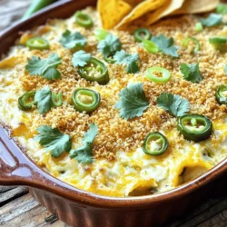 To make a tasty jalapeño popper dip, you need some key items: - 1 cup cream cheese, softened - 1 cup sour cream - 1 cup shredded cheddar cheese - 1/2 cup jalapeños, diced (fresh or pickled) - 1/2 cup breadcrumbs (for topping) - 1/2 cup mozzarella cheese, shredded - 1 teaspoon garlic powder - 1 teaspoon onion powder - 1/2 teaspoon smoked paprika - Salt and pepper to taste These ingredients blend to create a creamy, cheesy dip that packs a punch. While the dip tastes great on its own, garnishes can add flavor and color. You might consider: - Fresh cilantro, chopped - Green onions, sliced These toppings bring freshness and a pop of color to your dish. Pairing your jalapeño popper dip with the right items makes it even better. Here are some ideas: - Tortilla chips for dipping - Fresh veggie sticks like carrots or bell peppers - Sliced baguette for a crunchy bite These options complement the dip’s creamy texture and spicy kick. For the full recipe, check out the complete guide on making this crowd-pleaser. To start, gather your ingredients. You need cream cheese, sour cream, shredded cheddar, and diced jalapeños. Place the softened cream cheese and sour cream into a large bowl. Mix them until they are smooth. This will be the base of your dip. Add in the shredded cheddar cheese, diced jalapeños, garlic powder, onion powder, and smoked paprika. Season with salt and pepper to taste. Stir everything together until well combined. Now it's time to transfer the creamy mixture to a greased baking dish. Spread it evenly so every bite has that rich flavor. In a separate bowl, mix the breadcrumbs with the shredded mozzarella cheese. This will give your dip a nice crunchy top. Sprinkle this mixture evenly over the creamy layer. Make sure to cover all the dip for a great texture when baked. Preheat your oven to 350°F (175°C). Place the baking dish in the oven and bake for about 20 to 25 minutes. You want the dip to be bubbly and golden brown on top. Keep an eye on it to avoid burning. Once done, take it out and let it cool for a few minutes. This step helps the dip set a little. You can now garnish it with chopped cilantro or green onions if you want. Serve it warm with tortilla chips or veggies and enjoy this flavorful party snack! You can find the full recipe above for all the details. To make sure your dip is nice and creamy, use softened cream cheese. This makes mixing easy. If you want it extra smooth, blend it with a hand mixer. This adds air and lightens the dip. You can also mix in sour cream for a richer taste. Keep everything at room temperature before you start mixing. It helps blend better. For a tasty dip, use fresh jalapeños. If you like heat, keep the seeds. If you want a milder dip, use pickled jalapeños instead. Don’t skip the garlic and onion powder; they add depth. Smoked paprika gives a nice smoky flavor. Taste as you mix. Adjust salt and pepper to fit your taste. You can make this dip ahead of time. Mix it up and store it in the fridge for one day. Before baking, let it sit out for about 30 minutes. This helps it bake evenly. To reheat, cover it with foil. Bake at 350°F (175°C) for about 15 minutes. Remove the foil for the last few minutes to crisp the top. For the full recipe, check the main section. {{image_2}} You can easily change up the ingredients in this dip. For a lighter version, swap sour cream for Greek yogurt. Want a smokier flavor? Use smoked gouda cheese instead of cheddar. You can even use different types of peppers, like poblanos or banana peppers, if you're feeling adventurous. Not everyone likes heat. To make a mild dip, use fewer jalapeños or pick mild ones. If you want to spice things up, add more jalapeños or use jalapeño juice for extra flavor. You can also mix in crushed red pepper flakes to kick it up a notch. You can make this dip vegan or dairy-free with simple swaps. Use vegan cream cheese and dairy-free sour cream. For cheese, try a vegan cheddar blend. Nutritional yeast can add a cheesy flavor without dairy. This way, everyone can enjoy the dip at your party! Feel free to explore the Full Recipe for more ideas and tips. To keep leftover dip fresh, transfer it to an airtight container. Make sure to seal it tightly. Store it in the fridge for up to three days. Before serving again, check for any off smells or changes in texture. You can freeze Jalapeño Popper Dip if you have too much. Use a freezer-safe container or a heavy-duty freezer bag. Make sure to leave some space at the top, as it will expand when frozen. It can last for up to two months in the freezer. To thaw, place it in the fridge overnight. To reheat the dip, preheat your oven to 350°F (175°C). Transfer the dip to an oven-safe dish, then cover it with foil. Bake for about 20 minutes or until it's hot throughout. You can also microwave it in 30-second intervals until warm. Stir it well before serving. Enjoy it warm with your favorite chips! Yes, you can use many types of cheese. Cream cheese is key for creaminess. Cheddar gives a nice sharp taste. You can swap cheddar with pepper jack for added heat. Mix in feta for a tangy twist. Always choose your favorites to match your taste. Jalapeño Popper Dip pairs well with various dippers. Tortilla chips are classic and crunchy. Sliced veggies like carrots and cucumbers add freshness. You can also use pita chips for a fun texture. Serve it with crackers for a simple touch. Get creative and try what you like! Yes, you can make Jalapeño Popper Dip healthier. Use low-fat cream cheese and sour cream. You can also add more veggies to boost nutrition. Consider swapping some cheese with mashed avocado. This way, you keep the flavor but cut the calories. Enjoy the dip without guilt! Making Jalapeño Popper Dip is quick and easy. It takes about 10 minutes to prep. Baking takes another 20-25 minutes. So, in total, you can enjoy this dip in around 35 minutes. Perfect for a last-minute party snack! Check out the Full Recipe for more details. You learned how to make a delicious Jalapeño Popper Dip. We covered the key ingredients, steps, and tips for great taste. You also learned about possible variations and smart storage methods. This dip is perfect for parties or game days. Enjoy your homemade creation, whether spicy or mild. Don’t forget to experiment with flavors and ingredients. With these ideas, your dip will impress everyone. Dive into the fun of making this dish!