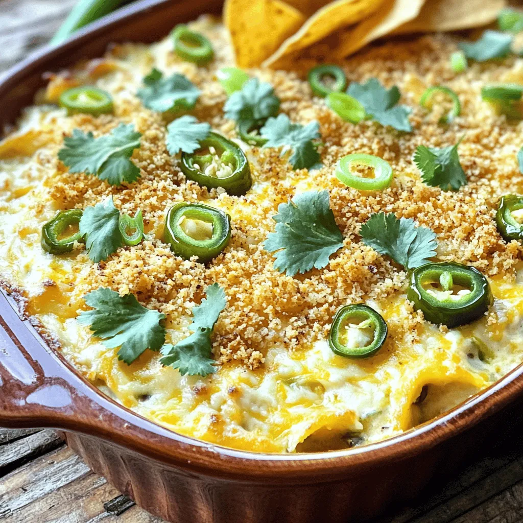 To make a tasty jalapeño popper dip, you need some key items: - 1 cup cream cheese, softened - 1 cup sour cream - 1 cup shredded cheddar cheese - 1/2 cup jalapeños, diced (fresh or pickled) - 1/2 cup breadcrumbs (for topping) - 1/2 cup mozzarella cheese, shredded - 1 teaspoon garlic powder - 1 teaspoon onion powder - 1/2 teaspoon smoked paprika - Salt and pepper to taste These ingredients blend to create a creamy, cheesy dip that packs a punch. While the dip tastes great on its own, garnishes can add flavor and color. You might consider: - Fresh cilantro, chopped - Green onions, sliced These toppings bring freshness and a pop of color to your dish. Pairing your jalapeño popper dip with the right items makes it even better. Here are some ideas: - Tortilla chips for dipping - Fresh veggie sticks like carrots or bell peppers - Sliced baguette for a crunchy bite These options complement the dip’s creamy texture and spicy kick. For the full recipe, check out the complete guide on making this crowd-pleaser. To start, gather your ingredients. You need cream cheese, sour cream, shredded cheddar, and diced jalapeños. Place the softened cream cheese and sour cream into a large bowl. Mix them until they are smooth. This will be the base of your dip. Add in the shredded cheddar cheese, diced jalapeños, garlic powder, onion powder, and smoked paprika. Season with salt and pepper to taste. Stir everything together until well combined. Now it's time to transfer the creamy mixture to a greased baking dish. Spread it evenly so every bite has that rich flavor. In a separate bowl, mix the breadcrumbs with the shredded mozzarella cheese. This will give your dip a nice crunchy top. Sprinkle this mixture evenly over the creamy layer. Make sure to cover all the dip for a great texture when baked. Preheat your oven to 350°F (175°C). Place the baking dish in the oven and bake for about 20 to 25 minutes. You want the dip to be bubbly and golden brown on top. Keep an eye on it to avoid burning. Once done, take it out and let it cool for a few minutes. This step helps the dip set a little. You can now garnish it with chopped cilantro or green onions if you want. Serve it warm with tortilla chips or veggies and enjoy this flavorful party snack! You can find the full recipe above for all the details. To make sure your dip is nice and creamy, use softened cream cheese. This makes mixing easy. If you want it extra smooth, blend it with a hand mixer. This adds air and lightens the dip. You can also mix in sour cream for a richer taste. Keep everything at room temperature before you start mixing. It helps blend better. For a tasty dip, use fresh jalapeños. If you like heat, keep the seeds. If you want a milder dip, use pickled jalapeños instead. Don’t skip the garlic and onion powder; they add depth. Smoked paprika gives a nice smoky flavor. Taste as you mix. Adjust salt and pepper to fit your taste. You can make this dip ahead of time. Mix it up and store it in the fridge for one day. Before baking, let it sit out for about 30 minutes. This helps it bake evenly. To reheat, cover it with foil. Bake at 350°F (175°C) for about 15 minutes. Remove the foil for the last few minutes to crisp the top. For the full recipe, check the main section. {{image_2}} You can easily change up the ingredients in this dip. For a lighter version, swap sour cream for Greek yogurt. Want a smokier flavor? Use smoked gouda cheese instead of cheddar. You can even use different types of peppers, like poblanos or banana peppers, if you're feeling adventurous. Not everyone likes heat. To make a mild dip, use fewer jalapeños or pick mild ones. If you want to spice things up, add more jalapeños or use jalapeño juice for extra flavor. You can also mix in crushed red pepper flakes to kick it up a notch. You can make this dip vegan or dairy-free with simple swaps. Use vegan cream cheese and dairy-free sour cream. For cheese, try a vegan cheddar blend. Nutritional yeast can add a cheesy flavor without dairy. This way, everyone can enjoy the dip at your party! Feel free to explore the Full Recipe for more ideas and tips. To keep leftover dip fresh, transfer it to an airtight container. Make sure to seal it tightly. Store it in the fridge for up to three days. Before serving again, check for any off smells or changes in texture. You can freeze Jalapeño Popper Dip if you have too much. Use a freezer-safe container or a heavy-duty freezer bag. Make sure to leave some space at the top, as it will expand when frozen. It can last for up to two months in the freezer. To thaw, place it in the fridge overnight. To reheat the dip, preheat your oven to 350°F (175°C). Transfer the dip to an oven-safe dish, then cover it with foil. Bake for about 20 minutes or until it's hot throughout. You can also microwave it in 30-second intervals until warm. Stir it well before serving. Enjoy it warm with your favorite chips! Yes, you can use many types of cheese. Cream cheese is key for creaminess. Cheddar gives a nice sharp taste. You can swap cheddar with pepper jack for added heat. Mix in feta for a tangy twist. Always choose your favorites to match your taste. Jalapeño Popper Dip pairs well with various dippers. Tortilla chips are classic and crunchy. Sliced veggies like carrots and cucumbers add freshness. You can also use pita chips for a fun texture. Serve it with crackers for a simple touch. Get creative and try what you like! Yes, you can make Jalapeño Popper Dip healthier. Use low-fat cream cheese and sour cream. You can also add more veggies to boost nutrition. Consider swapping some cheese with mashed avocado. This way, you keep the flavor but cut the calories. Enjoy the dip without guilt! Making Jalapeño Popper Dip is quick and easy. It takes about 10 minutes to prep. Baking takes another 20-25 minutes. So, in total, you can enjoy this dip in around 35 minutes. Perfect for a last-minute party snack! Check out the Full Recipe for more details. You learned how to make a delicious Jalapeño Popper Dip. We covered the key ingredients, steps, and tips for great taste. You also learned about possible variations and smart storage methods. This dip is perfect for parties or game days. Enjoy your homemade creation, whether spicy or mild. Don’t forget to experiment with flavors and ingredients. With these ideas, your dip will impress everyone. Dive into the fun of making this dish!