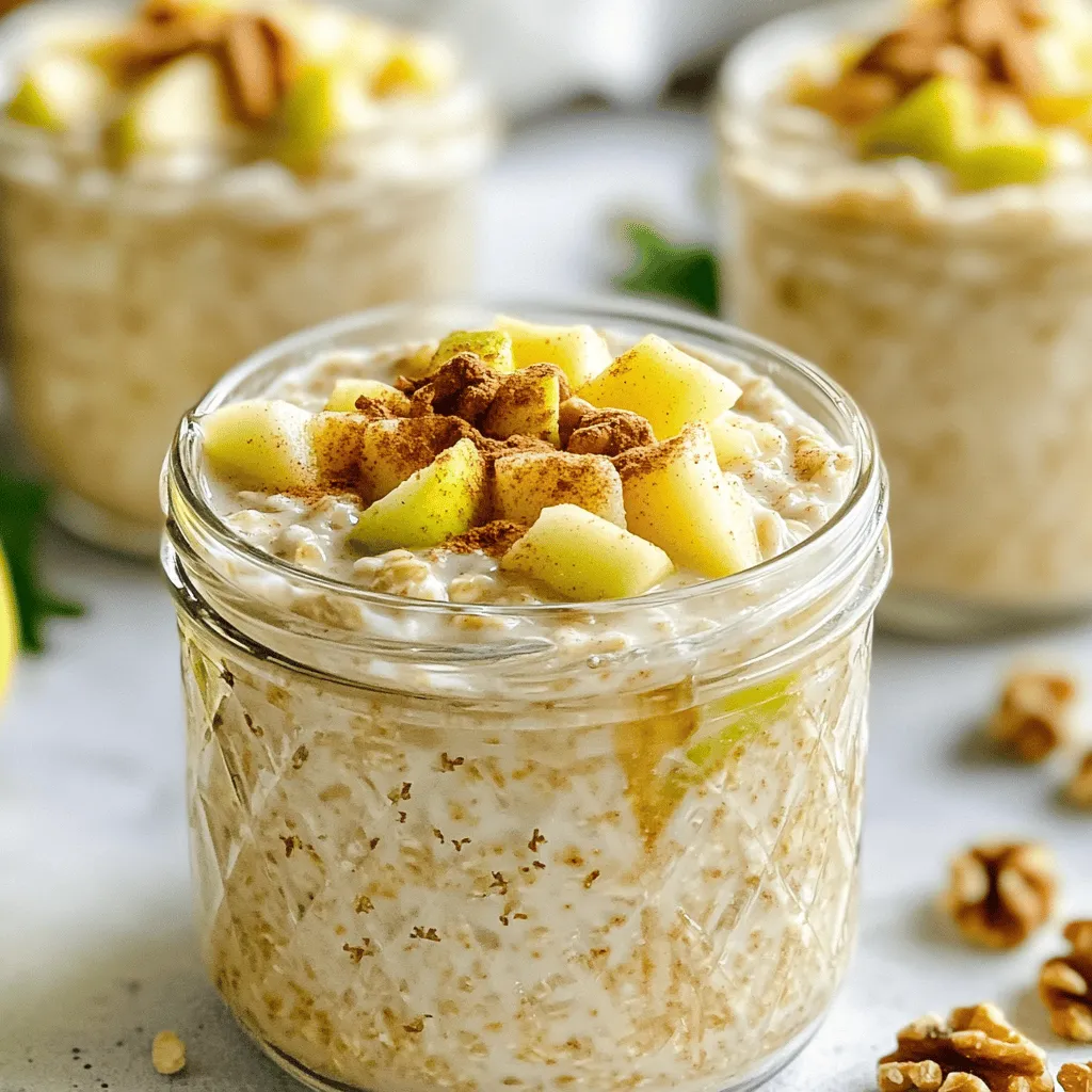 To make delicious Apple Cinnamon Overnight Oats, you need the following items: - 1 cup rolled oats - 1 cup unsweetened almond milk (or other milk options) - 1 medium apple, diced (I recommend Granny Smith or Honeycrisp) - 1 tablespoon chia seeds - 1 teaspoon cinnamon - 1 tablespoon maple syrup (or honey) - 1/4 cup Greek yogurt (optional) - A pinch of salt - Chopped nuts (walnuts or pecans) for topping These ingredients come together to create a tasty and filling breakfast. The rolled oats serve as the base and provide fiber. Almond milk adds creaminess without extra calories. Diced apples give a fresh, sweet crunch. Chia seeds boost nutrition and add texture. Cinnamon adds warmth, while maple syrup provides a hint of sweetness. Greek yogurt adds creaminess if you choose to include it. Nuts on top give a nice crunch and extra flavor. This combination makes for a great start to your day. For the full recipe, refer to the details above. - Step 1: Mix the base ingredients Start by taking a medium bowl. Add 1 cup of rolled oats, 1 cup of almond milk, 1 tablespoon of chia seeds, 1 teaspoon of cinnamon, 1 tablespoon of maple syrup, and a pinch of salt. Stir everything well until it blends nicely. - Step 2: Add diced apples Next, take a medium apple, like a Granny Smith or Honeycrisp. Dice it into small pieces and gently fold it into your oat mixture. Save a few chunks for topping later. - Step 3: Optional Greek yogurt addition If you want it creamier, mix in 1/4 cup of Greek yogurt. This step is optional, but it adds a nice texture. - Step 4: Portion into jars Now, divide your mixture evenly into two airtight jars. Make sure to seal them well with lids. - Step 5: Refrigerate overnight Place your jars in the fridge. Let them chill overnight or for at least 6 hours. This helps the oats soak up the liquid. - Step 6: Stir and serve In the morning, take your jars out. Stir the oats well. If they seem too thick, add a splash of milk to get the right consistency. Top with the reserved apple pieces and some chopped nuts, like walnuts or pecans. Enjoy your tasty breakfast! Check out the Full Recipe for more details. - Choosing the right oats: I always use rolled oats for this recipe. They soak well and get creamy. Instant oats can become mushy, while steel-cut oats need longer to soak. Stick with rolled oats for the best texture. - Best milk options for creaminess: I love unsweetened almond milk, but feel free to use any milk you like. Whole milk adds richness. Oat milk gives a nice flavor too. Try different types to see what you enjoy most. - Sweetness adjustments with toppings: You can adjust the sweetness to fit your taste. If you prefer less sweet oats, skip the maple syrup. Toppings like nuts or fruits can add natural sweetness. Try adding sliced bananas or berries for extra flavor. - How long do they last in the refrigerator?: These overnight oats can last up to 5 days in the fridge. Just keep them in airtight containers. I often make a few jars for the week to save time. - Tips for meal prepping: To prep for the week, make a big batch. Use multiple jars and add different toppings. This way, you can have a variety of flavors. Just remember to add fresh fruits right before you eat. {{image_2}} You can change the flavor of your apple cinnamon overnight oats easily. Try adding different fruits. Sliced bananas or mixed berries can give a fresh twist. You can even add diced peaches for a summer vibe. Each fruit brings its own taste and texture. Using different spices can also elevate your dish. Nutmeg adds warmth that pairs well with apple. A splash of vanilla extract can bring out the sweetness in the oats. Feel free to experiment. Your taste buds will thank you! If you follow a vegan diet, you can still enjoy this meal. Simply skip the Greek yogurt or use a plant-based yogurt. Almond milk works great, but you can use any non-dairy milk you like. For gluten-free options, just make sure to use certified gluten-free oats. This small change makes the recipe safe for those with gluten sensitivities. With these adjustments, everyone can enjoy this tasty breakfast. Try the Full Recipe to see how these variations work! Apple cinnamon overnight oats are packed with fiber. Fiber helps keep your digestive system healthy. It keeps you feeling full longer too. The oats provide complex carbs for energy, while the apples add vitamins. Apples contain vitamin C, which is good for your immune system. Chia seeds boost your omega-3 intake, which is great for heart health. Here’s the nutritional breakdown per serving: - Calories: 300 - Protein: 10g - Fat: 6g - Carbohydrates: 54g - Fiber: 8g - Sugar: 12g This mix of nutrients makes this dish a smart choice for breakfast. You can customize your apple cinnamon overnight oats for a fun twist. Add toppings like sliced bananas, berries, or a dollop of nut butter. These additions enhance the flavor and nutrition. You might also sprinkle some granola for crunch. Pair your oats with a warm drink. A cup of herbal tea or coffee complements the dish well. If you want something cold, a smoothie works too. Enjoy your oats as a nourishing start to your day. For the complete recipe, check out the Full Recipe section. Can I make these without yogurt? Yes, you can skip the yogurt. The oats will still be tasty and creamy. If you want a bit of creaminess, try adding more almond milk. How do I make them less sweet? To reduce sweetness, cut back on the maple syrup. You can also leave it out entirely. Use a ripe apple for natural sweetness instead. Can I use quick oats instead of rolled oats? Yes, you can use quick oats. They will soak up the milk faster. Just keep in mind, they may be a bit mushy compared to rolled oats. Can I prep these for longer than one night? You can prepare these oats for up to three days. Just store them in the fridge. The flavors will blend nicely over time. Apple cinnamon overnight oats are simple to make and healthy to eat. We covered key ingredients, like oats and apples, and how to prepare them step by step. I shared tips for perfect oats and storage advice for meal prep. You can tweak flavors and adjust for different diets. This breakfast is not just nutritious; it's fun to customize. Enjoy the ease and flavor of your oats tomorrow and feel great doing it. Get ready for a delicious start to your day!