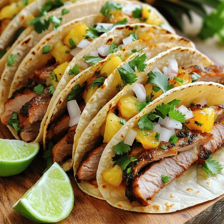 To make mouthwatering tacos al pastor, gather these key items: - 1 lb pork shoulder, thinly sliced - 1 small pineapple, sliced into rings - 12 small corn tortillas The marinade gives the pork its great flavor. You will need: - 1/2 cup pineapple juice - 2 tablespoons apple cider vinegar - 2 tablespoons chipotle in adobo sauce - 2 cloves garlic, minced - 1 tablespoon cumin - 1 tablespoon oregano - 1/2 teaspoon smoked paprika - Salt and pepper to taste These toppings add crunch and freshness: - 1/2 cup diced onion - 1/2 cup chopped fresh cilantro - Lime wedges, for serving These ingredients form the heart of your tacos al pastor. For the full recipe, check the detailed instructions provided. Enjoy the blend of sweet, spicy, and savory flavors! To start, grab a medium bowl. In this bowl, mix the following: - 1/2 cup pineapple juice - 2 tablespoons apple cider vinegar - 2 tablespoons chipotle in adobo sauce - 2 cloves garlic, minced - 1 tablespoon cumin - 1 tablespoon oregano - 1/2 teaspoon smoked paprika - Salt and pepper to taste Stir these ingredients well. This marinade adds flavor to the pork. The sweet and spicy mix makes your tacos shine. Now, take your 1 lb pork shoulder, thinly sliced. Add the pork to the marinade. Make sure each slice is coated well. Cover the bowl with plastic wrap. Place it in the fridge for at least 2 hours. For the best taste, let it marinate overnight. This step is key for juicy, flavorful pork. Next, preheat your grill or skillet over medium-high heat. Once hot, add the marinated pork slices. Grill for 4-5 minutes on each side. Cook until the pork is fully done and slightly charred. While the pork cooks, take a small pineapple, sliced into rings. Grill those rings for 2-3 minutes on each side. Look for a nice golden brown color. After cooking, chop the pineapple into small pieces. Once the pork is done, let it rest for a few minutes. Then slice it into bite-sized pieces. Now, warm your corn tortillas on the grill or skillet for about 30 seconds on each side. You are ready to assemble your tacos! Place a spoonful of chopped pork on each tortilla. Top with diced onion, chopped cilantro, and grilled pineapple pieces. Enjoy these mouthwatering Tacos Al Pastor! For the complete recipe, check out the Full Recipe section. Marinating pork is key for great flavor. Start by making a tasty marinade. Mix pineapple juice, apple cider vinegar, chipotle in adobo, minced garlic, cumin, oregano, smoked paprika, salt, and pepper in a bowl. This blend makes the pork juicy and full of flavor. Always marinate for at least two hours. If you can, let it sit overnight. The longer it marinates, the better the taste. Corn tortillas are best for Tacos Al Pastor. They add a nice texture and flavor. Look for small, fresh tortillas. You can warm them on a grill or skillet for extra taste. Just heat them for about 30 seconds on each side. This step makes them soft and pliable. When serving, layer the tacos with care. Start with a spoonful of the grilled pork. Then, add some diced onion and chopped cilantro. Don’t forget the grilled pineapple for sweetness! Serve with lime wedges on the side. A squeeze of lime brings out all the flavors. Enjoy your tacos right away for the best taste. For the complete recipe, check out the full recipe. {{image_2}} If you want a meat-free option, use grilled mushrooms. They have a great taste. Portobello mushrooms work well as they are thick and juicy. You can also use jackfruit. When cooked, jackfruit has a texture similar to pulled pork. Marinate it just like you would the pork. Try adding some smoked paprika for a nice flavor. You can swap pork for chicken or beef. Chicken thighs are juicy and flavorful. They cook quickly, making for a great meal. Beef brisket is also a wonderful choice. It has a deep, rich flavor that pairs well with the marinade. Just remember to adjust the cooking time based on the meat you choose. Tacos Al Pastor shine with tasty toppings. Try adding diced mango or avocado for creaminess. Pickled red onions bring a bright flavor that cuts through the meat's richness. A fresh salsa verde can also enhance your tacos. It adds a zesty kick that you won’t forget. Don't forget, the right toppings can transform your dish! For a full flavor experience, check out the Full Recipe. After you enjoy your tacos, store leftover meat right away. Place it in an airtight container. Make sure to cool it first. This helps keep the flavor fresh. Keep it in the fridge for up to three days. If you plan to eat it later, freeze it instead. When you reheat the meat, do it gently. Use a skillet over medium heat. Add a splash of water or broth to keep it moist. Heat for about five minutes or until it’s hot. This way, it stays tasty and tender. To freeze the tacos, wrap each one in plastic wrap. Then, place them in a freezer bag. This keeps them safe from freezer burn. You can freeze them for up to three months. When you’re ready to eat, thaw them overnight in the fridge. Reheat them using the tips above. Enjoy every bite of your delicious tacos! For the full recipe, check out the details above. Tacos Al Pastor stand out due to their rich flavor and special cooking method. This dish uses marinated pork, cooked on a vertical spit, like shawarma. The marinade includes pineapple juice, spices, and chipotle, giving it a sweet and smoky taste. The grilled pineapple adds a fresh and juicy touch. Each bite bursts with flavor, making Tacos Al Pastor a favorite for many. Yes, you can use different meats for Tacos Al Pastor. While pork is traditional, chicken works well too. You can also try beef or lamb if you prefer. Just remember, the cooking time may change based on the type of meat you choose. Marinades and spices should still match the classic flavor profile for the best results. To find authentic Tacos Al Pastor, look for taco stands and restaurants that specialize in Mexican cuisine. Many places in Mexico City serve them fresh and hot. In the U.S., check out local taquerias that focus on traditional recipes. Don’t be afraid to ask for recommendations from friends or online reviews. Authentic flavors will make your experience delightful. You can make Tacos Al Pastor at home with simple ingredients. Start with the marinade made from pineapple juice, spices, and chipotle. Marinate the pork overnight for the best flavor. Then, grill the pork and pineapple. Serve on warm tortillas with onion, cilantro, and lime. For the full recipe, check the section above to guide you through the steps. For Tacos Al Pastor, the best toppings are diced onions and fresh cilantro. You can also add a squeeze of lime for extra zest. If you like heat, add salsa or sliced jalapeños. You might also enjoy a drizzle of crema or avocado slices. Customize your tacos to match your taste! In this blog post, we explored the key ingredients and steps for making Tacos Al Pastor. We covered marinades, grilling techniques, and ideas for toppings. I shared tips on marinating and serving your tacos for the best taste. Remember, you can adapt this dish with different meats or vegetarian options. Tacos Al Pastor are versatile, and leftovers store well for later. Enjoy creating this delicious meal and impress your family and friends. Happy cooking!