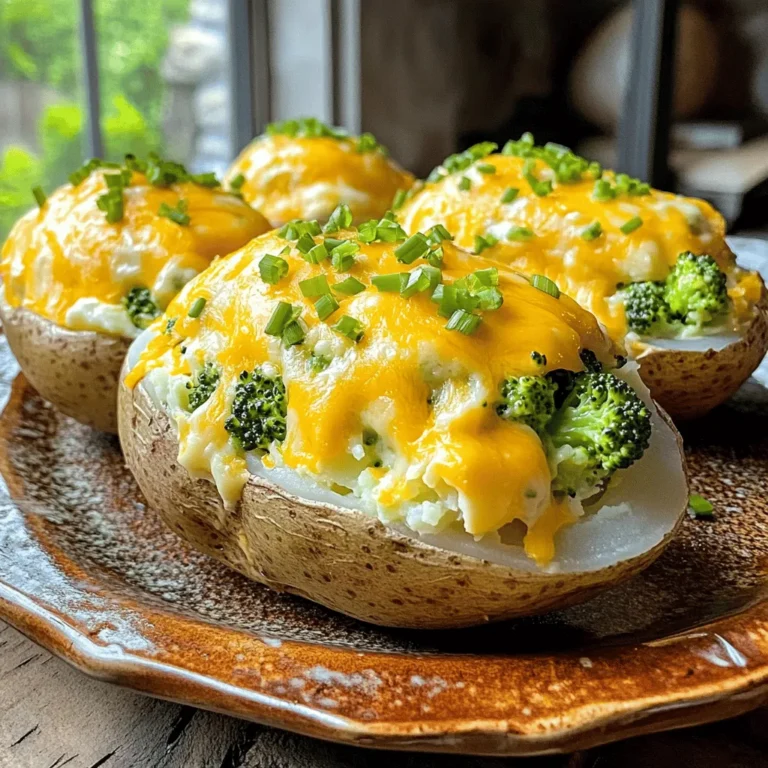 - 4 large russet potatoes - 2 cups fresh broccoli florets, chopped - 1 ½ cups shredded sharp cheddar cheese - ½ cup sour cream - ¼ cup cream cheese, softened - 2 tablespoons butter - 1 clove garlic, minced - Salt and pepper to taste - 1 teaspoon garlic powder - ½ teaspoon onion powder - Chopped green onions, for garnish (optional) When I make Broccoli Cheddar Stuffed Potatoes, I focus on quality ingredients. The russet potatoes form the base, providing a fluffy texture. I choose fresh broccoli florets for their bright color and crunch. Sharp cheddar cheese adds a rich flavor that elevates the dish. I also use sour cream and cream cheese to create a creamy filling that binds everything together. For seasoning, I use butter and minced garlic. They add depth and aroma to the mix. Salt and pepper enhance the flavors, while garlic powder and onion powder bring warmth. Chopped green onions can be a fun garnish, giving a fresh bite to each serving. Having all these ingredients ready makes the cooking process smooth. For the full recipe, you can follow the detailed steps outlined earlier. This combination of flavors makes stuffed potatoes a true comfort food that everyone will love. - Preheat oven to 400°F (200°C). - Scrub and poke holes in potatoes. Start by getting your oven nice and hot. Poking holes in the potatoes helps steam escape. If you skip this step, the potatoes might burst in the oven. A quick scrub under running water will remove dirt and debris. - Place on baking sheet and bake for 45-60 minutes. - Cool slightly before handling. Next, place the potatoes on a baking sheet. Bake them for 45 to 60 minutes. You want them tender when pierced with a fork. After baking, let them cool a bit. This makes them easier to handle. - Steam broccoli and combine with cheese mixture. - Scoop out potato insides and mix. While the potatoes bake, steam the broccoli. Cook it until it's bright green and tender, about 3 to 4 minutes. In a large bowl, mix cheese, sour cream, and garlic. This adds flavor to your filling. Once the potatoes cool, cut them in half and scoop out the insides. Add the potato bits to the cheese mix. Then, fold in the steamed broccoli. Taste and adjust if needed. - Spoon mixture back into potato skins. - Bake until golden and bubbly for 15-20 minutes. Now, pack the filling back into the potato skins. Make sure to fill them well. If you like, sprinkle more cheese on top. Bake the stuffed potatoes again for 15 to 20 minutes. You want them golden and bubbly. This final bake makes everything warm and delicious. For the full recipe, check out the details above. To make great stuffed potatoes, start with the right potatoes. I love using large russet potatoes. They have a fluffy texture that works well with the filling. Look for potatoes that feel heavy and firm. Avoid any with soft spots or blemishes. For cheese, sharp cheddar is my go-to. It melts well and adds great flavor. You can also try Monterey Jack or pepper jack for a spicy twist. Mixing different cheeses can create a fun flavor profile. When cooking broccoli, I prefer steaming over boiling. Steaming keeps the bright green color and the nutrients intact. Just steam the broccoli florets for about 3-4 minutes. Check for tenderness with a fork, then drain and set aside. For the stuffing, you want a creamy texture. Mix your potatoes with cheese and sour cream until smooth. If it's too dry, add a bit more sour cream. If it's too wet, add more cheese to thicken it up. These stuffed potatoes pair well with a crisp side salad. A simple green salad with lemon dressing balances the richness. You can also serve them with roasted veggies for added color on the plate. For presentation, serve the stuffed potatoes on a warm platter. Top them with chopped green onions for a nice pop of color. This makes your meal look as good as it tastes! For the full recipe, check out the detailed instructions. {{image_2}} For a vegan twist, use dairy-free cheese and sour cream. Look for brands made from nuts or soy. These options melt well and taste great. You can also try adding nutritional yeast for a cheesy flavor. It packs a protein punch and adds vitamins, too. Want to add some meat? Cooked chicken or bacon can boost flavor. Simply chop the protein into small pieces and mix it in with the cheese filling. This makes the dish hearty and satisfying. You can even use leftover rotisserie chicken for quick prep. To keep it gluten-free, check all your ingredients. Ensure that the sour cream and cheese do not contain gluten. Most fresh vegetables are naturally gluten-free, so you're in good shape there. Use certified gluten-free products to be safe. This way, everyone can enjoy the meal! For the complete recipe, check out the [Full Recipe]. To store leftover stuffed potatoes, allow them to cool first. Place them in an airtight container. Keep them in the fridge for up to three days. If you want to eat them later, make sure to seal them well. This helps keep the flavor fresh. For the best taste, I recommend reheating in the oven. Preheat it to 350°F (175°C). Place the stuffed potatoes on a baking sheet. Cover them with foil to keep them moist. Heat for about 15-20 minutes. You can also use the microwave. Heat them on a microwave-safe plate for about 2-3 minutes. Check if they are warm all the way through. Yes, you can freeze stuffed potatoes! To do this, let them cool completely. Wrap each potato tightly in plastic wrap. Then, place them in a freezer bag. Remove as much air as possible. They can stay in the freezer for up to three months. When ready to eat, thaw them in the fridge overnight before reheating. This method keeps your potatoes tasty and cheesy. Want the full recipe? Check out the Broccoli Cheddar Stuffed Potatoes recipe to explore all the details! Bake the potatoes for 45-60 minutes at 400°F (200°C). You want them tender. The best way to check is to poke them with a fork. If it goes in easily, they are done! Yes, you can prepare these stuffed potatoes in advance. Bake the potatoes and scoop out the insides. Store the filling in the fridge. When you are ready, stuff the skins and bake. This saves time on busy nights! If you want to swap cheddar, try mozzarella or gouda. Both melt well and add a nice taste. You can even use a dairy-free cheese if you prefer. Just ensure it melts nicely for great texture! For the full recipe, check out the Broccoli Cheddar Stuffed Potatoes section! Stuffed potatoes offer a tasty way to enjoy simple ingredients. We covered the main components, like russet potatoes and broccoli, along with tips for seasoning and storage. Remember, you can adapt the recipe for a vegan option or add protein if desired. This dish is versatile and sure to impress. Enjoy experimenting with your flavors and serving suggestions. You now have all the tools to make a delicious stuffed potato masterpiece!