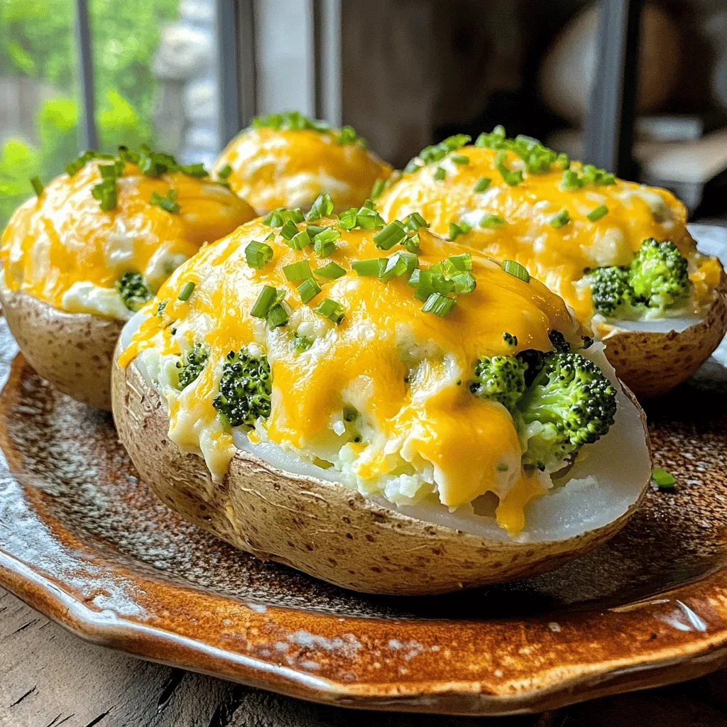 - 4 large russet potatoes - 2 cups fresh broccoli florets, chopped - 1 ½ cups shredded sharp cheddar cheese - ½ cup sour cream - ¼ cup cream cheese, softened - 2 tablespoons butter - 1 clove garlic, minced - Salt and pepper to taste - 1 teaspoon garlic powder - ½ teaspoon onion powder - Chopped green onions, for garnish (optional) When I make Broccoli Cheddar Stuffed Potatoes, I focus on quality ingredients. The russet potatoes form the base, providing a fluffy texture. I choose fresh broccoli florets for their bright color and crunch. Sharp cheddar cheese adds a rich flavor that elevates the dish. I also use sour cream and cream cheese to create a creamy filling that binds everything together. For seasoning, I use butter and minced garlic. They add depth and aroma to the mix. Salt and pepper enhance the flavors, while garlic powder and onion powder bring warmth. Chopped green onions can be a fun garnish, giving a fresh bite to each serving. Having all these ingredients ready makes the cooking process smooth. For the full recipe, you can follow the detailed steps outlined earlier. This combination of flavors makes stuffed potatoes a true comfort food that everyone will love. - Preheat oven to 400°F (200°C). - Scrub and poke holes in potatoes. Start by getting your oven nice and hot. Poking holes in the potatoes helps steam escape. If you skip this step, the potatoes might burst in the oven. A quick scrub under running water will remove dirt and debris. - Place on baking sheet and bake for 45-60 minutes. - Cool slightly before handling. Next, place the potatoes on a baking sheet. Bake them for 45 to 60 minutes. You want them tender when pierced with a fork. After baking, let them cool a bit. This makes them easier to handle. - Steam broccoli and combine with cheese mixture. - Scoop out potato insides and mix. While the potatoes bake, steam the broccoli. Cook it until it's bright green and tender, about 3 to 4 minutes. In a large bowl, mix cheese, sour cream, and garlic. This adds flavor to your filling. Once the potatoes cool, cut them in half and scoop out the insides. Add the potato bits to the cheese mix. Then, fold in the steamed broccoli. Taste and adjust if needed. - Spoon mixture back into potato skins. - Bake until golden and bubbly for 15-20 minutes. Now, pack the filling back into the potato skins. Make sure to fill them well. If you like, sprinkle more cheese on top. Bake the stuffed potatoes again for 15 to 20 minutes. You want them golden and bubbly. This final bake makes everything warm and delicious. For the full recipe, check out the details above. To make great stuffed potatoes, start with the right potatoes. I love using large russet potatoes. They have a fluffy texture that works well with the filling. Look for potatoes that feel heavy and firm. Avoid any with soft spots or blemishes. For cheese, sharp cheddar is my go-to. It melts well and adds great flavor. You can also try Monterey Jack or pepper jack for a spicy twist. Mixing different cheeses can create a fun flavor profile. When cooking broccoli, I prefer steaming over boiling. Steaming keeps the bright green color and the nutrients intact. Just steam the broccoli florets for about 3-4 minutes. Check for tenderness with a fork, then drain and set aside. For the stuffing, you want a creamy texture. Mix your potatoes with cheese and sour cream until smooth. If it's too dry, add a bit more sour cream. If it's too wet, add more cheese to thicken it up. These stuffed potatoes pair well with a crisp side salad. A simple green salad with lemon dressing balances the richness. You can also serve them with roasted veggies for added color on the plate. For presentation, serve the stuffed potatoes on a warm platter. Top them with chopped green onions for a nice pop of color. This makes your meal look as good as it tastes! For the full recipe, check out the detailed instructions. {{image_2}} For a vegan twist, use dairy-free cheese and sour cream. Look for brands made from nuts or soy. These options melt well and taste great. You can also try adding nutritional yeast for a cheesy flavor. It packs a protein punch and adds vitamins, too. Want to add some meat? Cooked chicken or bacon can boost flavor. Simply chop the protein into small pieces and mix it in with the cheese filling. This makes the dish hearty and satisfying. You can even use leftover rotisserie chicken for quick prep. To keep it gluten-free, check all your ingredients. Ensure that the sour cream and cheese do not contain gluten. Most fresh vegetables are naturally gluten-free, so you're in good shape there. Use certified gluten-free products to be safe. This way, everyone can enjoy the meal! For the complete recipe, check out the [Full Recipe]. To store leftover stuffed potatoes, allow them to cool first. Place them in an airtight container. Keep them in the fridge for up to three days. If you want to eat them later, make sure to seal them well. This helps keep the flavor fresh. For the best taste, I recommend reheating in the oven. Preheat it to 350°F (175°C). Place the stuffed potatoes on a baking sheet. Cover them with foil to keep them moist. Heat for about 15-20 minutes. You can also use the microwave. Heat them on a microwave-safe plate for about 2-3 minutes. Check if they are warm all the way through. Yes, you can freeze stuffed potatoes! To do this, let them cool completely. Wrap each potato tightly in plastic wrap. Then, place them in a freezer bag. Remove as much air as possible. They can stay in the freezer for up to three months. When ready to eat, thaw them in the fridge overnight before reheating. This method keeps your potatoes tasty and cheesy. Want the full recipe? Check out the Broccoli Cheddar Stuffed Potatoes recipe to explore all the details! Bake the potatoes for 45-60 minutes at 400°F (200°C). You want them tender. The best way to check is to poke them with a fork. If it goes in easily, they are done! Yes, you can prepare these stuffed potatoes in advance. Bake the potatoes and scoop out the insides. Store the filling in the fridge. When you are ready, stuff the skins and bake. This saves time on busy nights! If you want to swap cheddar, try mozzarella or gouda. Both melt well and add a nice taste. You can even use a dairy-free cheese if you prefer. Just ensure it melts nicely for great texture! For the full recipe, check out the Broccoli Cheddar Stuffed Potatoes section! Stuffed potatoes offer a tasty way to enjoy simple ingredients. We covered the main components, like russet potatoes and broccoli, along with tips for seasoning and storage. Remember, you can adapt the recipe for a vegan option or add protein if desired. This dish is versatile and sure to impress. Enjoy experimenting with your flavors and serving suggestions. You now have all the tools to make a delicious stuffed potato masterpiece!