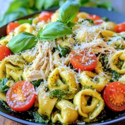 To make this tasty pesto chicken tortellini dish, gather these simple ingredients: - 1 package (9 oz) cheese tortellini - 2 cups cooked chicken, shredded - 1 cup basil pesto (store-bought or homemade) - 1 cup cherry tomatoes, halved - 1 cup spinach leaves, packed - 1/2 cup grated Parmesan cheese - 1 tablespoon olive oil - Salt and pepper to taste - Fresh basil leaves for garnish These ingredients come together to create a colorful and flavorful meal. Using fresh ingredients makes a big difference. Fresh tortellini tastes better than dried ones. Fresh basil in pesto brings out the best flavor. Cherry tomatoes add a sweet burst to each bite. Spinach not only adds color but also boosts nutrition. Fresh ingredients elevate your dish and make it more enjoyable. You can easily swap ingredients if needed. Use rotisserie chicken for speed instead of cooking your own. If you don’t have spinach, try kale or arugula. For a different flavor, use sun-dried tomatoes instead of cherry tomatoes. If you want a lighter cheese, try ricotta. You can even use gluten-free tortellini for a gluten-free meal. These swaps let you customize the dish to your taste. For the full recipe, check the details above. To start, you need to cook the tortellini. Fill a large pot with water and add salt. Bring it to a boil. Once boiling, add the cheese tortellini. Cook it as per the package instructions, usually about 3-5 minutes. When ready, drain the tortellini and set it aside. This step is quick and sets the stage for a tasty dish. Next, it’s time to cook the chicken. In a large skillet, heat one tablespoon of olive oil over medium heat. Add your cooked and shredded chicken. Season it with salt and pepper. Sauté the chicken for about 2-3 minutes. You want to warm it through and enhance its flavor. This step brings a great base for your meal. Now, let’s combine everything. Add the cooked tortellini to the skillet with the chicken. Then, pour in one cup of basil pesto. Next, toss in the halved cherry tomatoes and packed spinach leaves. Gently mix everything together. Cook for another 2-3 minutes until the spinach wilts and everything is hot. Finally, stir in half a cup of grated Parmesan cheese. Mix until creamy and delicious. You can adjust the flavor with more salt and pepper if you like. For the full recipe, check out the details above. Enjoy your cooking! To enhance the pesto flavor, use fresh basil. Fresh herbs bring bright taste. If you use store-bought pesto, check for quality. A good pesto has a rich green color and a strong basil aroma. You can also add a squeeze of lemon juice. This adds brightness and balances the rich cheese. Cook the tortellini according to the package. Keep an eye on the time. Overcooking makes them mushy. For the chicken, just heat it through. This keeps it juicy and tender. Toss the ingredients gently in the skillet. This prevents breaking the tortellini and keeps everything intact. Serve the dish warm, fresh from the skillet. Top with extra Parmesan cheese for a cheesy kick. Add fresh basil leaves for color and flavor. For a complete meal, pair it with a simple salad. A light vinaigrette works well. You can also serve it with crusty bread to soak up the sauce. Check out the Full Recipe for more ideas! {{image_2}} You can easily make this dish vegetarian. Swap the chicken for extra cheese or mushrooms. Tofu works well too. Use your favorite protein source. It keeps the dish filling and tasty. You can also add more pesto for flavor. This way, you enjoy a rich and creamy meal. Want to boost nutrition? Add more veggies! Bell peppers, zucchini, or peas are great choices. You can toss them in with the chicken. They’ll cook quickly and add color. Try adding broccoli for crunch or artichokes for a unique twist. This adds flavor and makes the dish more vibrant. Tortellini comes in many flavors. Cheese is classic, but you can try spinach or mushroom. These add a fun twist to the dish. You can also use gluten-free tortellini for those with dietary needs. Explore different shapes, like ring or square tortellini. Each type offers a new take on your meal. Check out the Full Recipe for more ideas! To keep your pesto chicken tortellini fresh, store it in an airtight container. Make sure it cools to room temperature first. This helps prevent condensation, which can make it soggy. Place the container in the fridge. It will last for about three days. When you’re ready to eat your leftovers, reheat them gently. You can use the microwave or a skillet. If using a microwave, place the tortellini in a bowl and add a splash of water. Cover it with a damp paper towel to keep moisture in. Heat for 1-2 minutes, stirring halfway through. If using a skillet, add a little olive oil and heat over medium-low heat. Stir until warm. If you want to save leftovers for later, freezing is a great option. Let the dish cool completely before freezing. Portion it into freezer-safe bags or containers. Make sure to squeeze out as much air as you can. Seal tightly and label them with the date. This dish will stay good in the freezer for up to three months. When you're ready to eat, thaw it overnight in the fridge before reheating. Enjoy your meal again! Yes, you can use homemade pesto. Fresh basil, garlic, and nuts make it tasty. A good homemade pesto adds a personal touch. Just blend the ingredients well. Use it as you would store-bought pesto. Your dish will have rich, vibrant flavors. Leftovers can last about three to four days in the fridge. Store them in an airtight container. Keep an eye on any changes in smell or texture. If you see any mold, it's best to toss it out. Reheat only what you plan to eat. Pesto chicken tortellini pairs well with a fresh salad. A simple green salad with vinaigrette works great. Garlic bread also complements this dish nicely. You could even add a side of roasted veggies. These options balance the meal and add color to your plate. This blog post explored how to make a tasty Pesto Chicken Tortellini dish. We discussed fresh ingredients, cooking steps, and helpful tips to ensure great flavor. I shared how to prepare and store leftovers, plus variations to try. Remember, using fresh ingredients makes a big difference. Don't hesitate to get creative with substitutions or extras. Enjoy your dish, and feel free to experiment! Happy cooking!