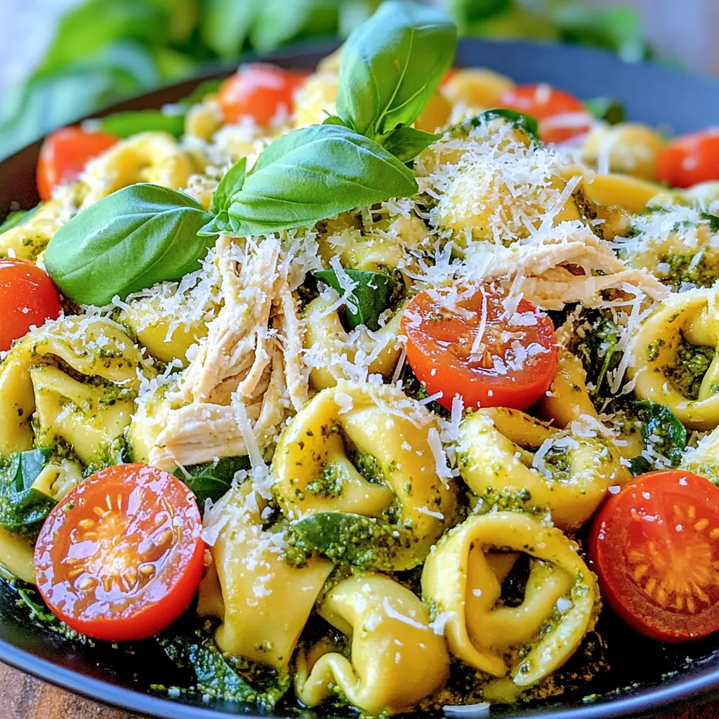 To make this tasty pesto chicken tortellini dish, gather these simple ingredients: - 1 package (9 oz) cheese tortellini - 2 cups cooked chicken, shredded - 1 cup basil pesto (store-bought or homemade) - 1 cup cherry tomatoes, halved - 1 cup spinach leaves, packed - 1/2 cup grated Parmesan cheese - 1 tablespoon olive oil - Salt and pepper to taste - Fresh basil leaves for garnish These ingredients come together to create a colorful and flavorful meal. Using fresh ingredients makes a big difference. Fresh tortellini tastes better than dried ones. Fresh basil in pesto brings out the best flavor. Cherry tomatoes add a sweet burst to each bite. Spinach not only adds color but also boosts nutrition. Fresh ingredients elevate your dish and make it more enjoyable. You can easily swap ingredients if needed. Use rotisserie chicken for speed instead of cooking your own. If you don’t have spinach, try kale or arugula. For a different flavor, use sun-dried tomatoes instead of cherry tomatoes. If you want a lighter cheese, try ricotta. You can even use gluten-free tortellini for a gluten-free meal. These swaps let you customize the dish to your taste. For the full recipe, check the details above. To start, you need to cook the tortellini. Fill a large pot with water and add salt. Bring it to a boil. Once boiling, add the cheese tortellini. Cook it as per the package instructions, usually about 3-5 minutes. When ready, drain the tortellini and set it aside. This step is quick and sets the stage for a tasty dish. Next, it’s time to cook the chicken. In a large skillet, heat one tablespoon of olive oil over medium heat. Add your cooked and shredded chicken. Season it with salt and pepper. Sauté the chicken for about 2-3 minutes. You want to warm it through and enhance its flavor. This step brings a great base for your meal. Now, let’s combine everything. Add the cooked tortellini to the skillet with the chicken. Then, pour in one cup of basil pesto. Next, toss in the halved cherry tomatoes and packed spinach leaves. Gently mix everything together. Cook for another 2-3 minutes until the spinach wilts and everything is hot. Finally, stir in half a cup of grated Parmesan cheese. Mix until creamy and delicious. You can adjust the flavor with more salt and pepper if you like. For the full recipe, check out the details above. Enjoy your cooking! To enhance the pesto flavor, use fresh basil. Fresh herbs bring bright taste. If you use store-bought pesto, check for quality. A good pesto has a rich green color and a strong basil aroma. You can also add a squeeze of lemon juice. This adds brightness and balances the rich cheese. Cook the tortellini according to the package. Keep an eye on the time. Overcooking makes them mushy. For the chicken, just heat it through. This keeps it juicy and tender. Toss the ingredients gently in the skillet. This prevents breaking the tortellini and keeps everything intact. Serve the dish warm, fresh from the skillet. Top with extra Parmesan cheese for a cheesy kick. Add fresh basil leaves for color and flavor. For a complete meal, pair it with a simple salad. A light vinaigrette works well. You can also serve it with crusty bread to soak up the sauce. Check out the Full Recipe for more ideas! {{image_2}} You can easily make this dish vegetarian. Swap the chicken for extra cheese or mushrooms. Tofu works well too. Use your favorite protein source. It keeps the dish filling and tasty. You can also add more pesto for flavor. This way, you enjoy a rich and creamy meal. Want to boost nutrition? Add more veggies! Bell peppers, zucchini, or peas are great choices. You can toss them in with the chicken. They’ll cook quickly and add color. Try adding broccoli for crunch or artichokes for a unique twist. This adds flavor and makes the dish more vibrant. Tortellini comes in many flavors. Cheese is classic, but you can try spinach or mushroom. These add a fun twist to the dish. You can also use gluten-free tortellini for those with dietary needs. Explore different shapes, like ring or square tortellini. Each type offers a new take on your meal. Check out the Full Recipe for more ideas! To keep your pesto chicken tortellini fresh, store it in an airtight container. Make sure it cools to room temperature first. This helps prevent condensation, which can make it soggy. Place the container in the fridge. It will last for about three days. When you’re ready to eat your leftovers, reheat them gently. You can use the microwave or a skillet. If using a microwave, place the tortellini in a bowl and add a splash of water. Cover it with a damp paper towel to keep moisture in. Heat for 1-2 minutes, stirring halfway through. If using a skillet, add a little olive oil and heat over medium-low heat. Stir until warm. If you want to save leftovers for later, freezing is a great option. Let the dish cool completely before freezing. Portion it into freezer-safe bags or containers. Make sure to squeeze out as much air as you can. Seal tightly and label them with the date. This dish will stay good in the freezer for up to three months. When you're ready to eat, thaw it overnight in the fridge before reheating. Enjoy your meal again! Yes, you can use homemade pesto. Fresh basil, garlic, and nuts make it tasty. A good homemade pesto adds a personal touch. Just blend the ingredients well. Use it as you would store-bought pesto. Your dish will have rich, vibrant flavors. Leftovers can last about three to four days in the fridge. Store them in an airtight container. Keep an eye on any changes in smell or texture. If you see any mold, it's best to toss it out. Reheat only what you plan to eat. Pesto chicken tortellini pairs well with a fresh salad. A simple green salad with vinaigrette works great. Garlic bread also complements this dish nicely. You could even add a side of roasted veggies. These options balance the meal and add color to your plate. This blog post explored how to make a tasty Pesto Chicken Tortellini dish. We discussed fresh ingredients, cooking steps, and helpful tips to ensure great flavor. I shared how to prepare and store leftovers, plus variations to try. Remember, using fresh ingredients makes a big difference. Don't hesitate to get creative with substitutions or extras. Enjoy your dish, and feel free to experiment! Happy cooking!