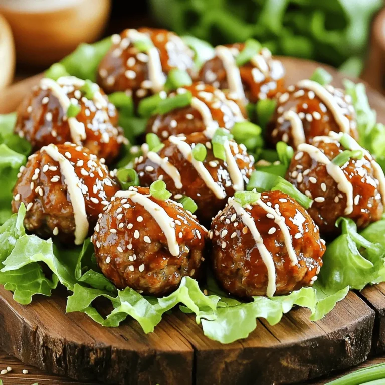 To make the meatballs, you need these key ingredients: - 1 lb ground beef (or ground turkey for a lighter option) - 2 green onions, finely chopped - 2 cloves garlic, minced - 1 tablespoon ginger, minced - 1/4 cup breadcrumbs - 1/4 cup soy sauce - 2 tablespoons brown sugar - 1 tablespoon sesame oil - 1 teaspoon gochujang (Korean chili paste) - 1/2 teaspoon black pepper These ingredients give the meatballs their rich taste. The gochujang adds a nice kick. For the spicy mayo, gather: - 1/4 cup mayonnaise - 1 tablespoon sriracha (adjust to spice preference) - 1 teaspoon lime juice Mixing these ingredients creates a creamy, spicy sauce. You can change the sriracha amount to fit your taste. You can enhance your dish with these extras: - 1 tablespoon sesame seeds (for garnish) - Additional chopped green onions - Fresh vegetables or lettuce leaves for wrapping These add color and texture. They also make your dish look great when served. If you want the full recipe, check it out for step-by-step details. Enjoy cooking! To make the meatballs, start by mixing the ingredients. In a large bowl, combine: - 1 lb ground beef (or turkey) - 2 green onions, finely chopped - 2 cloves garlic, minced - 1 tablespoon ginger, minced - 1/4 cup breadcrumbs - 1/4 cup soy sauce - 2 tablespoons brown sugar - 1 tablespoon sesame oil - 1 teaspoon gochujang - 1/2 teaspoon black pepper Use your hands to mix everything well. This helps blend the flavors. Once mixed, it’s time to shape the meatballs. Roll the mixture into balls about 1 inch wide. Place them on a baking sheet lined with parchment paper. This keeps them from sticking. Preheat your oven to 400°F (200°C). Bake the meatballs for 18-20 minutes. They should look browned and cooked through. While the meatballs bake, let’s whip up the spicy mayo. In a small bowl, mix together: - 1/4 cup mayonnaise - 1 tablespoon sriracha (or more, if you like heat) - 1 teaspoon lime juice Stir until the sauce is smooth and creamy. Taste it, and add more sriracha if you want more kick. Once the meatballs are ready, drizzle or scoop the spicy mayo on top. This adds a great flavor boost. Enjoy your Korean BBQ meatballs with spicy mayo! For the full recipe, check the earlier section. To keep your meatballs juicy, use a mix of ground beef and turkey. The fat in beef adds flavor, while turkey lightens the dish. You can also add breadcrumbs to help lock in moisture. Mix the meat gently; too much handling can dry them out. For perfect meatballs, bake them at 400°F for 18-20 minutes. Check their center with a meat thermometer. They should reach 160°F for beef and 165°F for turkey. If you want a nice crust, broil them for the last 2 minutes. Serve your meatballs with fresh veggies or lettuce for wraps. Try pairing them with rice or noodles to soak up the sauce. They also shine as appetizers on skewers. For extra flavor, drizzle with spicy mayo right before serving. For the full recipe, check the earlier section. {{image_2}} You can swap ground beef for turkey or chicken. These meats have less fat. You can also use ground pork for a richer flavor. If you want a leaner option, try ground bison or lean lamb. These choices keep the taste strong while cutting down on calories. For a vegan twist, use lentils or chickpeas. Mash them to hold the shape. Add finely chopped mushrooms for moisture and flavor. You can also use store-bought vegan meat substitutes. Just follow the package instructions. Remember to mix in the same spices for a tasty result. You can change the spicy mayo for a sweet chili sauce. This gives a different kick. For a tangy option, try mixing yogurt with lime juice and herbs. You can also make a peanut sauce for a nutty flavor. The key is to keep experimenting until you find your favorite. For the full recipe, check the earlier section. You can store leftover Korean BBQ meatballs in an airtight container. Make sure they cool down first. Place them in the fridge. They stay fresh for about three days. For best taste, eat them sooner rather than later. If you have spicy mayo left, store it in the fridge too. Use it within a week for the best flavor. Reheat the meatballs in the oven for the best taste. Preheat your oven to 350°F (175°C). Place the meatballs on a baking sheet. Heat them for about 10-15 minutes. This keeps them juicy and warm. You can also reheat them in the microwave. Just cover them with a damp paper towel. Heat for about one minute, checking often. Freezing is a great way to save time. To freeze meatballs, let them cool completely first. Then, place them in a single layer on a baking sheet. Freeze them for about an hour. Once firm, transfer them to a freezer bag. Remove as much air as possible. They can last for up to three months. When ready to eat, thaw them in the fridge overnight before reheating. Enjoy your Korean BBQ meatballs anytime! For the full recipe, check out the details above. Yes, you can use other meats! Ground turkey works well for a lighter choice. You can also try ground chicken or even ground pork. Each type of meat gives a different flavor and texture. Just remember to adjust cooking times as needed. The spicy mayo can be adjusted to your taste. It starts with sriracha, which has a nice heat. If you want it spicier, add more sriracha. If you prefer it milder, use less. The lime juice adds freshness and helps balance the heat. These meatballs are great on their own or with sides. Here are some ideas: - Steamed rice or cauliflower rice - Fresh veggies like carrots and cucumbers - Leafy greens for wraps - Noodles tossed in soy sauce - Pickled vegetables for a tangy kick Feel free to mix and match! You can even serve them as appetizers on skewers. For a complete meal, pair with a salad or soup. Check the Full Recipe for more tips on sides! We explored how to make delicious Korean BBQ meatballs. You learned about key ingredients, like meat and spicy mayo. I shared tips for juicy meatballs and tasty variations. You can store leftovers and even freeze them for later. With simple steps and some creativity, you can serve an amazing dish. I hope you enjoy making these meatballs as much as I do.