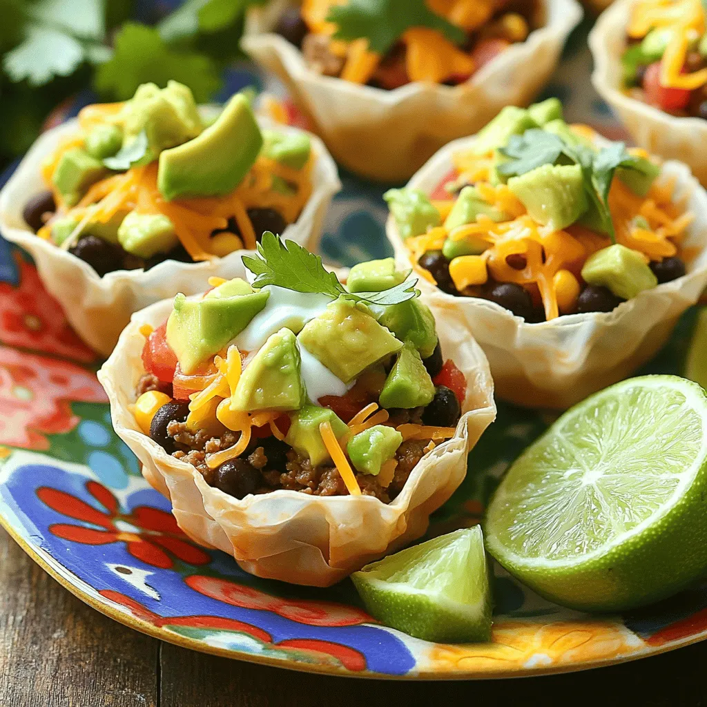 To make these tasty taco bites, gather the following ingredients: - 1 lb ground beef or turkey - 1 taco seasoning packet - 1 cup black beans, rinsed and drained - 1 cup corn kernels (fresh or frozen) - 1 cup diced tomatoes (canned or fresh) - 1 cup shredded cheese (cheddar or a taco blend) - 1 package of mini phyllo pastry cups or tortilla cups These ingredients provide a solid base for your bites. The ground meat adds protein, while beans and corn bring fiber and flavor. Cheese adds that melty goodness we all crave. To make your taco bites even better, consider these optional garnishes: - 1 avocado, diced (for topping) - Fresh cilantro, chopped (for garnish) - Sour cream or Greek yogurt (for serving) - Lime wedges (for serving) These toppings add freshness and creaminess. The lime juice brightens each bite, while the cilantro gives a fresh twist. You can easily swap some ingredients to suit your taste: - Use chicken or plant-based meat for a different protein. - Beans can be replaced with lentils for a different texture. - Try different cheeses like Monterey Jack or pepper jack for a kick. - Use mini tortilla chips instead of phyllo cups for a crunchier base. These substitutions keep the recipe flexible. You can tailor it to what you have or your dietary needs. For the full recipe, check the details above. To start, cook 1 lb of ground beef or turkey in a skillet. Heat it over medium. Cook until it turns brown, about 5-7 minutes. If there is too much fat, drain it. Next, add a taco seasoning packet. Stir well and let it cook for 2-3 minutes. This step brings out great flavor. Then, mix in 1 cup of black beans, 1 cup of corn, and 1 cup of diced tomatoes. Stir everything together and cook for 5-7 minutes until all is hot. Finally, remove the skillet from heat. Add half of your shredded cheese and mix until it melts. This makes the filling creamy and rich. Now it's time to fill the cups. Grab a baking sheet and place your mini phyllo pastry cups or tortilla cups on it. Use a spoon to fill each cup with the taco mixture. Press down a bit to pack it in. This helps keep the filling in place. After filling all the cups, sprinkle the remaining shredded cheese on top. This will create a tasty, cheesy layer when baked. Preheat your oven to 375°F (190°C). Once it's ready, put the baking sheet in the oven. Bake for 10-12 minutes. Keep an eye on them. You want the cheese to be melted and bubbly. When they’re done, remove the taco bites from the oven. Let them cool for a couple of minutes to avoid burns. While they cool, chop your avocado and cilantro for toppings. After cooling, top each taco bite with diced avocado and fresh cilantro. Serve warm with sour cream or Greek yogurt on the side. You can also add lime wedges for a zesty kick. For the full recipe, check out the details above. To make the best Oven-Baked Taco Bites, always use fresh ingredients. Fresh veggies add a great crunch and flavor. I recommend using lean ground meat, like turkey or beef. This keeps the bites tasty without excess fat. Preheat your oven well; a hot oven cooks the bites evenly. Don't overfill the cups; they need space to puff up and stay crispy. Soggy taco cups can ruin the fun. To avoid this, bake the cups a few minutes before adding the filling. This helps them get crispy. Also, make sure to drain any excess liquid from the beans and tomatoes. Use a slotted spoon when filling the cups. This keeps moisture down. Serve your taco bites warm for the best taste. They pair well with sour cream or Greek yogurt. A squeeze of lime adds a nice zing. You can also add diced avocado and cilantro on top. For a fun twist, serve with tortilla chips or a fresh salad. This makes your dish colorful and appealing. For more fun ideas, check the Full Recipe! {{image_2}} You can easily make vegetarian or vegan taco bites. Instead of meat, use lentils or a mix of vegetables. Black beans work well and add protein. You can also add some sautéed mushrooms for a meaty taste. For cheese, use a plant-based option or skip it entirely. Just remember, the key is to keep those bold taco flavors. If you like heat, add some spice to your taco bites. You can use spicy taco seasoning or add diced jalapeños to the mix. Chipotle peppers in adobo sauce give a nice smoky flavor. You can also top your bites with hot sauce or a spicy salsa. This will give your snack a kick that your guests will love. Feel free to get creative with your fillings. Try using cooked chicken, shrimp, or even tofu. Each option brings a new taste. You could also add different veggies like bell peppers, zucchini, or spinach. For a twist, consider using barbecue sauce or buffalo sauce instead of taco seasoning. These options can make your taco bites unique and fun! For the full recipe, check out the delicious details in the Oven-Baked Taco Bites section. You will want to store your leftover taco bites in an airtight container. This helps keep them fresh. Place them in the fridge. They can stay good for up to three days. If you have many leftovers, you can separate them by layers. Use parchment paper between layers to avoid sticking. Reheating is easy! Preheat your oven to 350°F (175°C). Place the taco bites on a baking sheet. Heat them for about 10 minutes. This helps them regain their crispiness. You can also use the microwave. If you choose this method, heat them for 30 seconds at a time. Check after each interval to avoid sogginess. Freezing taco bites is a great option! Let them cool completely before freezing. Arrange them in a single layer on a baking sheet. Freeze them for about an hour. Once frozen, transfer them to a freezer bag. They will last for up to three months. To cook, bake from frozen at 375°F (190°C) for 15-20 minutes. Enjoy your tasty taco bites anytime! For the full recipe, check out the section above. Oven-Baked Taco Bites cook in about 10 to 12 minutes. Preheat your oven to 375°F (190°C) first. This ensures the bites get nice and crispy. You can enjoy them fresh out of the oven or let them cool for a few minutes. The total time, from prep to plate, is around 30 minutes. Yes, you can use any ground meat you like. Ground turkey, chicken, or even plant-based meat work great. The key is to season the meat well with taco seasoning. This will add that classic taco flavor you crave. Feel free to experiment with your favorite proteins! Oven-Baked Taco Bites can be gluten-free based on your choice of cups. Use tortilla cups made from corn instead of phyllo pastry cups. Make sure to check the labels on your taco seasoning. Many brands offer gluten-free options. This way, you can enjoy these tasty bites without worry. These taco bites pair well with many sides. Consider serving them with guacamole, salsa, or a fresh salad. You can also add some crunchy tortilla chips or fresh veggies. These options create a fun and colorful spread for your guests. You can prep the taco filling ahead of time. Cook the meat and mix in the beans and veggies. Store this mixture in the fridge for up to two days. When you're ready, fill the cups and bake them. This makes it easy to serve a crowd without stress. For the full recipe, check out the details above! Oven-baked taco bites are a fun and tasty treat. We covered the main ingredients, optional toppings, and easy substitutions. You learned how to prep, assemble, and bake for perfect bites. We shared tips to avoid soggy cups and suggested great serving ideas. You can explore variations like vegetarian options or spicy bites for extra flavor. Lastly, we discussed how to store and reheat leftovers. Enjoy making and sharing these delicious snacks!