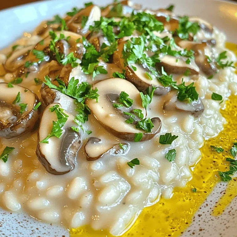 - 1 cup Arborio rice - 4 cups vegetable broth - 1 cup fresh mushrooms (shiitake, cremini, or button), sliced In a risotto, Arborio rice stands out. It has a high starch content, which gives the dish its creamy texture. Fresh mushrooms add a rich, earthy flavor. You can choose shiitake, cremini, or button mushrooms based on your taste. - 1 small onion, finely chopped - 2 cloves garlic, minced - 1/2 cup grated Parmesan cheese - 1/4 cup truffle oil - 2 tablespoons unsalted butter - 1 tablespoon olive oil - Salt and pepper to taste - Fresh parsley, chopped (for garnish) Onion and garlic are key for flavor. They add sweetness and depth to the risotto. Parmesan cheese gives it a creamy finish, while butter adds richness. Truffle oil boosts the dish’s flavor profile, making it luxurious. - Skillet - Saucepan - Ladle You need a skillet for sautéing and a saucepan for broth. A ladle helps you add broth gradually, which is key for perfect risotto. Using the right tools makes cooking easier and more enjoyable. Keep your vegetable broth warm. This is key to making a great risotto. If the broth is cold, it will cool down the rice and slow cooking. A warm broth helps the rice absorb flavors better. I always use vegetable broth for its rich taste. It adds depth without overpowering the mushrooms. Start by cooking onions and garlic in olive oil. Sauté them until the onion looks clear. This takes about three to four minutes. This step is crucial for flavor depth. The sweet aroma fills the kitchen and gets everyone excited. Then, add sliced mushrooms. Cook until they brown and lose some moisture. Season with salt and pepper for extra flavor. Next, stir in the Arborio rice. This rice is special because it releases starch. Stir it for two minutes to coat each grain. Then, add the warm broth one ladle at a time. Stir often and wait until most of the liquid disappears. This gradual addition makes the risotto creamy. It takes about 18 to 20 minutes to reach the right texture. When the rice is creamy and a bit firm, remove it from heat. Add the last bit of butter and grated Parmesan cheese. Drizzle truffle oil for a luxurious twist. Mix everything until creamy and combined. Finally, adjust the seasoning with salt and pepper. It’s now ready to serve! Enjoy the delightful and creamy comfort of this dish. For the full recipe, check out the complete cooking method. To make your risotto creamy, stirring is key. When you stir, you help release the starch from the rice. This starch gives risotto its famous creamy texture. Use a wooden spoon for best results. Choosing the right type of rice is also important. Arborio rice is the best choice. It has a high starch content, which helps create creaminess. Other types of rice, like jasmine or basmati, won't give you the same results. To boost flavor, add fresh herbs and spices. Thyme and rosemary work well with mushrooms. You can also try adding a pinch of nutmeg for warmth. Perfecting umami flavor is vital. Umami is that savory taste that makes food delicious. Use fresh mushrooms for this. Add a splash of soy sauce or miso to enhance the umami. One common mistake is overcooking the rice. Risotto should be al dente, meaning it still has a bit of bite. If you overcook it, you will lose that lovely texture. Skipping the broth warming step is another mistake. Always keep your broth warm while cooking. Cold broth can slow down the cooking process and make your risotto less creamy. For the full recipe, check out the complete cooking method. Enjoy your cooking adventure! {{image_2}} You can use many types of mushrooms in your risotto. Each type brings a unique taste. Some great choices include: - Shiitake mushrooms - Cremini mushrooms - Button mushrooms Mixing wild mushrooms adds fun textures. Wild mushrooms have rich flavors too. Try a blend of chanterelles, porcini, or morels. This mix can make your dish even more exciting. For a vegan version of mushroom risotto, swap out dairy. Use plant-based cheese or skip cheese altogether. Instead of butter, try vegan butter or olive oil. This keeps the dish creamy and delicious. If you need a gluten-free option, check your broth. Some broths contain gluten. Always choose a certified gluten-free vegetable broth. This way, everyone can enjoy this comforting dish. Adding white wine can elevate your risotto. Use a dry white wine to enhance the flavors. Just add it after sautéing the mushrooms. The alcohol cooks off, leaving a lovely taste. Lemon zest brightens the dish too. Just a small amount can add freshness. You can also include seasonal vegetables. Think peas in spring or butternut squash in fall. These additions make the risotto more colorful and nutritious. For the full recipe, be sure to check out the complete cooking method. To keep your mushroom risotto fresh, follow these tips: - Place leftovers in an airtight container. - Store in the fridge within two hours of cooking. Mushroom risotto can last about three days in the fridge. If you notice any odd smells or changes in texture, it’s best to toss it. When reheating risotto, you want to keep it creamy. Here’s how: - Use a saucepan on low heat. Add a splash of broth or water to help. - Stir often to prevent sticking. This keeps it creamy. To enhance the flavor, you can add more cheese or a drizzle of truffle oil while reheating. This makes it taste fresh again. Can you freeze mushroom risotto? Yes, but it’s best to enjoy it fresh. If you have to freeze it, do this: - Let it cool completely before packing. - Place it in a freezer-safe container. When you're ready to eat, thaw it in the fridge overnight. Reheat gently in a saucepan, adding a bit of broth to restore creaminess. The best rice for risotto is Arborio rice. This rice has a high starch content. It creates a creamy texture, which is key for risotto. Other good options include Carnaroli and Vialone Nano. Both have similar starch levels and work well for this dish. Yes, it is possible to make risotto without constant stirring. You can try the oven method. This method allows even cooking with less hands-on time. Just place the rice and broth in a baking dish. Cover it with foil and bake it until done. You sure can! To prepare it in advance, cook the risotto as usual. Let it cool completely before storing. Place it in an airtight container in the fridge. When you reheat, add a splash of broth to restore creaminess. Mushroom risotto pairs well with many dishes. A light salad with vinaigrette works great. You can also serve it with grilled chicken or fish. As for wine, try a nice Pinot Grigio. It complements the flavors of the mushrooms well. For the complete cooking method, check out the full recipe. This recipe makes a delightful dish for any occasion. It serves four and takes about 30 minutes to make. Mushroom risotto combines simple ingredients like Arborio rice and fresh mushrooms with rich flavors. You learned how to sauté aromatics and add broth gradually. I shared tips to achieve that perfect creamy texture and common mistakes to avoid. You can even explore variations for different diets. Mushroom risotto is a satisfying dish to master. With practice, you will create a meal your friends and family will love. Enjoy cooking and experimenting!