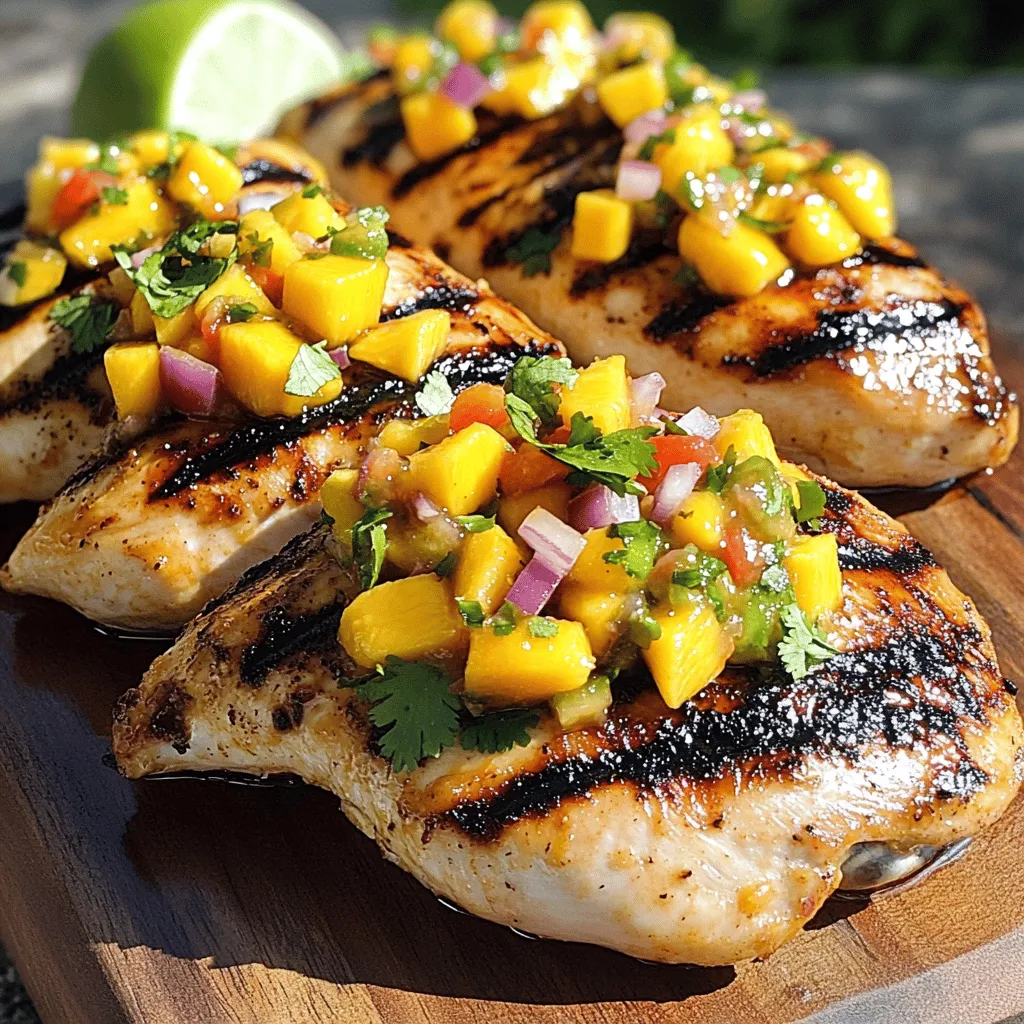 - 4 boneless, skinless chicken breasts - 1 ripe mango, diced - 1/2 red onion, finely chopped - 1 red bell pepper, diced - 1 jalapeño, minced (seeds removed for less heat) - 2 tablespoons fresh cilantro, chopped - Juice of 1 lime - 2 tablespoons olive oil - 1 teaspoon ground cumin - Salt and pepper to taste The ingredients for mango salsa chicken are simple and fresh. Each one adds to the dish's vibrant flavor. The chicken breasts are juicy and tender. A ripe mango brings a sweet, tropical flair. Red onion and red bell pepper add crunch and color. The jalapeño gives it a kick, but you can adjust the heat. Fresh cilantro brightens the dish with its herb taste. Lime juice adds tanginess that balances the sweetness. Olive oil keeps the chicken moist and helps with cooking. Ground cumin gives a warm, earthy flavor. Seasoning with salt and pepper is key to enhance all tastes. - Calories per serving: Approximately 300 - Macronutrient breakdown: - Proteins: 30g - Fats: 10g - Carbs: 20g This dish offers a healthy balance of nutrients. The chicken is high in protein, which is great for muscle repair. The mango provides natural sugars and fiber. The vegetables add vitamins and minerals, boosting your health. Eating colorful foods like these can improve your overall well-being. Enjoying mango salsa chicken gives both taste and nutrition. For the full details on preparation, check the Full Recipe. - Preheat your grill or grill pan over medium heat. This step ensures your chicken cooks evenly. - In a bowl, mix the mango salsa ingredients. Combine diced mango, chopped red onion, diced red bell pepper, minced jalapeño, chopped cilantro, and lime juice. Stir well and add salt to taste. Set this aside to let the flavors blend. - In a separate bowl, coat the chicken breasts with seasoning. Mix olive oil, ground cumin, salt, and pepper. Ensure the chicken is well covered with this mixture. - Place the chicken on the hot grill. Grill the chicken for about 6-7 minutes on each side. You want it to reach an internal temperature of 165°F (75°C). Look for nice grill marks for perfect results. - After grilling, let the chicken rest for about 5 minutes. This helps keep the juices inside. - Slice the chicken and serve it topped with a generous amount of mango salsa. The fresh salsa adds beautiful color and flavor to the dish. For the full recipe, check the details above. To make the best mango salsa, you need ripe mangoes. Look for mangoes that yield slightly when you press them. A sweet smell near the stem is also a good sign. The skin color can vary. However, yellow and red hues often indicate ripeness. You can try different mango varieties. Haden and Tommy Atkins are popular choices. They have rich flavors and juicy flesh. Ataulfo mangoes are small and buttery. They add a sweet touch to your dish. Cooking chicken well is key. I recommend grilling it at 165°F (75°C). This ensures it's safe to eat and juicy. Use a meat thermometer to check the temperature. To get those nice grill marks, preheat your grill. Place the chicken on the grill and don’t move it for a few minutes. This helps create those perfect lines. Flip the chicken only once for even cooking. Marinating the chicken can boost flavor. Try a mix of lime juice, olive oil, and cumin. Let the chicken sit in the marinade for at least 30 minutes. This helps the flavors soak in. You can add spices for extra kick. Chili powder or smoked paprika works well. Fresh herbs like cilantro can also brighten the taste. These small changes make a big difference in your mango salsa chicken. For the full recipe, check the earlier section. {{image_2}} You can switch the chicken for tofu or shrimp. Tofu works well for a plant-based dish. Just cut it into cubes and marinate. If using shrimp, choose large ones for a nice bite. For the salsa, try using different fruits. Pineapple, peach, or kiwi add a fun twist. Each fruit brings its own taste and texture. You can even mix fruits for a vibrant salsa. You can bake or grill the chicken. Grilling gives a smoky flavor, while baking keeps it juicy. If you go for baking, set your oven to 375°F. Cook the chicken for about 25-30 minutes. For slow cooking, place the chicken in a slow cooker. Cook on low for 6-8 hours or high for 3-4 hours. It becomes very tender and flavorful. Pair Mango Salsa Chicken with rice or quinoa. These sides soak up the juices. You can also serve it with a fresh salad for crunch. For garnishing, use lime wedges or extra cilantro. A sprinkle of chili flakes adds heat. This dish is colorful and bright, making it a feast for your eyes. For the full recipe, check out the detailed instructions above. To keep your Mango Salsa Chicken fresh, store it right. Place the cooked chicken in an airtight container. This helps it stay moist and tasty. You can refrigerate the chicken for up to three days. For mango salsa, use a separate container. Keep it covered well to prevent browning. Salsa can last in the fridge for about two days. When it's time to eat the leftovers, you want to reheat them safely. The best way is to use a microwave. Heat the chicken on medium power for about one to two minutes. Check that it is hot all the way through. If you prefer, you can also reheat the chicken on a skillet over low heat. For the salsa, skip the microwave. Just let it sit at room temperature to refresh its flavors. Yes, you can freeze chicken with salsa! It’s a great way to save extra food. Wrap the chicken tightly in plastic wrap, then place it in a freezer bag. This keeps out air. You can freeze the salsa in an ice cube tray for easy use later. When ready to use, thaw the chicken in the fridge overnight. To thaw salsa, just leave it in the fridge or run it under cool water. Yes, you can. Meal prep makes weeknight dinners easy. Cook the chicken and prepare the salsa ahead. Store them separately in the fridge. This helps keep the chicken juicy and the salsa fresh. You can cook the chicken up to two days in advance. For the best taste, mix the salsa on the day you serve it. Fresh mangoes taste best! You have many great side dishes to choose from. Here are some ideas: - Rice: Fluffy white or brown rice pairs well. - Quinoa: This is a healthy and tasty option. - Salad: A fresh green salad adds crunch. - Tortillas: Serve with warm tortillas for a fun twist. - Beans: Black beans or pinto beans are great too. These sides balance the flavors of the chicken and salsa. Cooked chicken lasts about three to four days in the fridge. Store it in an airtight container. This keeps it safe and fresh. Always check for signs of spoilage before eating. If it looks or smells off, it's best to throw it away. Keep your meals safe and enjoy! This blog post covered how to create a delicious Mango Salsa Chicken dish. We explored the key ingredients, step-by-step instructions, and helpful tips. I shared variations to suit your taste and explained storage methods for leftovers. Remember, this meal is fresh and healthy. You can easily adapt it to your needs. Enjoy cooking and serving this tasty dish! It's a great way to impress your family and friends.