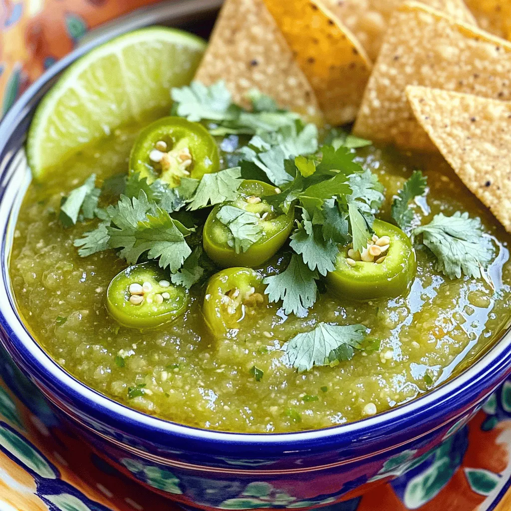 This homemade salsa verde is fresh and packed with flavor. You can make it in under an hour. It works great as a dip or a sauce. Let’s dive into what you’ll need. - 8 tomatillos, husked and quartered - 1 jalapeño, stemmed and quartered (remove seeds for less heat) - 1 small white onion, quartered - 2 cloves garlic, peeled - 1/2 cup fresh cilantro leaves - 1 lime, juiced - Salt to taste You can add extra ingredients for variety. Try adding a pinch of cumin for warmth. If you want more heat, add another jalapeño or a serrano. For a sweeter taste, mix in a chopped bell pepper. Fresh herbs like parsley or mint can also brighten the flavor. Adjust to fit your taste! First, preheat your oven to 425°F (220°C). This step is key for roasting. Next, gather your ingredients. You’ll need 8 tomatillos, 1 jalapeño, 1 small onion, and 2 garlic cloves. Husk and quarter the tomatillos. Stem and quarter the jalapeño, removing seeds if you want less heat. Quarter the onion and peel the garlic cloves. Place all these on a baking sheet. Drizzle a little olive oil over the veggies. Sprinkle some salt, too. Now it’s time to roast! Place the baking sheet in the oven. Roast for 15-20 minutes. Watch for the tomatillos and jalapeños to get slight char marks and soften. You want those flavors to come alive! When they look good, carefully take the tray out of the oven. Let the vegetables cool for a few minutes. Once the veggies cool, it’s blending time. In a blender or food processor, add the roasted vegetables. Toss in 1/2 cup of fresh cilantro leaves and the juice of 1 lime. Blend until it reaches the texture you like. Smooth or chunky, it’s up to you! After blending, taste your salsa verde. Adjust the salt if needed. For the best flavor, transfer it to a bowl and chill for at least 30 minutes. This waiting time helps the flavors mix well. Enjoy your fresh and flavorful salsa verde! Check out the Full Recipe for more details. You can easily change this salsa verde to fit your taste. Want more heat? Add more jalapeños or even a pinch of cayenne. Prefer a sweeter flavor? Add a small piece of mango or pineapple. For a tangy twist, try using lemon juice instead of lime. You can also mix in avocado for a creamy texture. Store your salsa verde in an airtight container. It stays fresh in the fridge for up to a week. If you want it to last longer, freeze it. Use freezer-safe bags and remove as much air as possible. When you are ready, thaw it in the fridge overnight. Salsa verde goes great with many dishes. Serve it with tortilla chips for a tasty snack. It also pairs well with grilled meats, tacos, and seafood. Try drizzling it over enchiladas or using it in burritos. For a refreshing salad dressing, mix it with yogurt or sour cream. You can find the full recipe above. Enjoy! {{image_2}} To make your salsa verde spicy, add more jalapeños. You can also use serrano peppers for a hotter kick. Roast them the same way as the tomatillos. Blend everything together until smooth. This salsa works great with tacos and grilled meats. For a creamy twist, mix in some avocado or sour cream. Start with half an avocado and adjust to taste. Blend until it’s smooth and creamy. This version pairs well with chips or as a topping for burritos. It adds richness to any meal. Try adding fresh herbs for a burst of flavor. You can mix in parsley, mint, or dill. Start with a handful and blend it in with the other ingredients. This gives your salsa a unique twist. It’s perfect for summer dishes or as a fresh salad dressing. Explore these variations to find your favorite. Each one brings a new flavor to your table. For more ideas, check out the Full Recipe for inspiration. Each serving of homemade salsa verde offers a burst of flavor and nutrients. This recipe serves 4 to 6. Here’s what you get in one serving: - Calories: 60 - Protein: 1g - Carbohydrates: 14g - Dietary Fiber: 2g - Sugars: 3g - Fat: 0.5g - Vitamin C: 15% of daily value - Iron: 4% of daily value These numbers make salsa verde a healthy choice. It adds flavor without many calories. Let’s look at the key ingredients and their health perks: - Tomatillos: These green fruits are low in calories. They are rich in antioxidants and vitamins. They help boost heart health. - Jalapeño: This pepper adds spice and flavor. It has capsaicin, which may help with weight loss. - Onion: Onions add flavor and may help fight inflammation. They are good for heart health. - Garlic: Garlic boosts the immune system. It has compounds that lower blood pressure. - Cilantro: This herb adds freshness. It has vitamins A and K, plus antioxidants. - Lime: Lime juice adds tang and vitamin C. It helps with iron absorption. These ingredients make salsa verde not just tasty but also good for you. You can make changes to lower calories or add more flavor. Here are some tips: - Add Avocado: This adds creaminess but also more calories. Each half adds about 120 calories. - Use Less Oil: When roasting, use less oil to cut down on fats. - Skip Salt: Using fresh herbs can reduce the need for salt. This keeps sodium levels lower. Feel free to mix and match to suit your needs. For the full recipe, check out the earlier section. Yes, you can use canned tomatillos. They save time and are convenient. However, fresh tomatillos bring more flavor. If you use canned, drain them well. Use them as a quick alternative when fresh ones are hard to find. Homemade salsa verde lasts up to one week in the fridge. Store it in an airtight container. Make sure to keep it cold. The flavors will deepen over time, making it even tastier. Salsa verde pairs well with many dishes. It enhances tacos, grilled meats, and fish. You can also use it as a dip for chips. Drizzle it over roasted veggies or mix it into soups for extra flavor. It adds zest to any meal! You’ve learned how to make delicious salsa verde. We covered the ingredients, step-by-step instructions, and helpful tips. Different variations let you explore spicy, creamy, or herb flavors. You also saw the healthy benefits and how to store it. Now, go ahead and make your own salsa verde. Enjoy it with your favorite dishes!