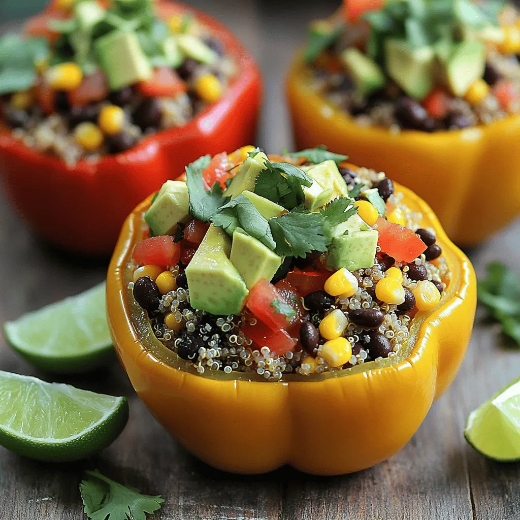 - 4 large bell peppers (any color) - 1 cup quinoa, rinsed - 2 cups vegetable broth - 1 can (15 oz) black beans, drained and rinsed - 1 cup corn (frozen or canned) - 1 cup diced tomatoes (fresh or canned) - 1 small red onion, finely chopped - 2 cloves garlic, minced - 1 teaspoon cumin - 1 teaspoon smoked paprika - ½ teaspoon chili powder - Salt and pepper to taste - 1 avocado, diced (for garnish) - Fresh cilantro, chopped (for garnish) - Lime wedges (for serving) This dish is colorful and satisfying. Each ingredient adds its own flavor and texture. The quinoa gives a nutty taste while the black beans add protein. Corn brings sweetness, and tomatoes add juiciness. Using fresh herbs like cilantro brightens up the dish. Garnish with avocado for creaminess. Lime wedges give a tangy kick. Together, these ingredients create a balanced meal that is both tasty and healthy. For more detailed steps and cooking tips, check out the Full Recipe. First, preheat your oven to 375°F (190°C). This step is key for even cooking. Next, take your bell peppers and cut off the tops. Remove the seeds and membranes inside. This makes room for the tasty filling. Lightly coat the outside of each pepper with olive oil. Place them upright in a baking dish. This helps them cook evenly. In a medium saucepan, add 1 cup of rinsed quinoa and 2 cups of vegetable broth. Bring the mixture to a boil. Then, reduce the heat to low. Cover and simmer for about 15 minutes. The goal is for the quinoa to be fluffy and absorb all the liquid. Once done, set it aside to cool. Heat a splash of olive oil in a large skillet over medium heat. Add the finely chopped red onion and minced garlic. Sauté them for about 3 to 4 minutes. You want them to be fragrant and translucent. Next, stir in a can of black beans, corn, and diced tomatoes. Add cumin, smoked paprika, chili powder, salt, and pepper. Cook this mixture for another 5 minutes. This allows all the flavors to blend well. Now, add the cooked quinoa to the skillet. Mix it well with the other filling ingredients. Taste the mixture and adjust the seasoning if needed. Next, fill each bell pepper with the quinoa mix. Pack it in firmly. If there is extra filling, place it around the peppers in the baking dish. Cover the dish with aluminum foil and bake for 25 minutes. After that, remove the foil and bake for another 10 to 15 minutes. You want the peppers to be tender. Once they are done, remove them from the oven. Let them cool slightly. Garnish with diced avocado and chopped cilantro. Serve them with lime wedges for a fresh touch. For the complete recipe, check out the Full Recipe. I love baking stuffed bell peppers. It gives them a nice, tender texture. Here’s how I do it: - Preheat your oven to 375°F (190°C). - Place peppers upright in a baking dish to hold their shape. - Cover the dish with foil for the first 25 minutes. This keeps moisture in. - Remove the foil for the last 10-15 minutes. This helps them brown a bit. You can also try grilling them. Just make sure to wrap them in foil to avoid burning. Choosing the right bell peppers is key. Here’s what I look for: - Pick peppers that are firm to the touch. They should feel heavy for their size. - Look for bright colors. Green, red, yellow, or orange, all are good choices. - Avoid any with soft spots or wrinkles. This means they are not fresh. Fresh peppers add a lot of flavor to your dish. To make your stuffed peppers shine, I use a mix of spices and fresh herbs. Here’s my go-to list: - Cumin and smoked paprika add depth and warmth. - A squeeze of lime juice brightens the flavors. - Fresh cilantro brings a nice, fresh taste. You can also add chili powder for a kick! Adjust the spices to fit your taste. If you want more ideas, check the Full Recipe for extra flavor tips. {{image_2}} You can boost the protein in your vegan stuffed peppers. I love using lentils. They add texture and flavor. Chickpeas also work well. They give a nice crunch. Tofu is another great choice. Crumbled tofu absorbs flavors well. For a smoky taste, try tempeh. It pairs nicely with spices. Adding more veggies makes stuffed peppers even better. Zucchini is a fantastic choice. It cooks down and blends well. Spinach or kale adds a healthy twist. Just chop them finely. Mushrooms can add a nice umami flavor. You can even add carrots for a sweet crunch. Don’t be afraid to mix and match! If you want a cheesy taste, try vegan cheese. There are many options out there. Nutritional yeast gives a cheesy flavor too. It’s packed with nutrients. Cashew cheese is creamy and delicious. You can make it at home with soaked cashews. Blend them with lemon juice and garlic. This gives a rich taste without dairy. For the full recipe, check out Vegan Fiesta Stuffed Bell Peppers. Enjoy making your own variations! To keep your leftover stuffed peppers fresh, place them in an airtight container. Make sure they cool down to room temperature first. This helps avoid moisture build-up and sogginess. Store them in the fridge for up to three days. For best taste, eat them within this time frame. When you’re ready to enjoy your leftovers, take them out of the fridge. Preheat your oven to 350°F (175°C). Place the stuffed peppers in a baking dish. Add a splash of vegetable broth or water to keep them moist. Cover the dish with foil to trap steam. Heat for about 20 minutes or until warm. You can also reheat them in the microwave. Use a microwave-safe plate and cover them. Heat for about 2-3 minutes or until hot. Freezing stuffed peppers is a great way to save them for later. First, cool the peppers completely. Wrap each one in plastic wrap, then place them in a freezer-safe bag. Try to remove as much air as you can. You can freeze them for up to three months. When you want to eat them, thaw them in the fridge overnight. Then, reheat as mentioned above. Enjoy your Vegan Fiesta Stuffed Bell Peppers anytime! For the full recipe, check out the recipe section above. Vegan stuffed bell peppers last in the fridge for about 3 to 5 days. Store them in an airtight container. If they start to smell or look bad, it's time to toss them. Yes, you can prepare the filling a day ahead. Cook the quinoa and mix it with the other ingredients. Store it in the fridge until you're ready to stuff the peppers. This saves time on the day you plan to bake. Any color bell pepper works well for stuffing. I like using red, yellow, or orange peppers for their sweetness. Green peppers also work but have a more bitter taste. Choose larger peppers for more filling. Absolutely! To add heat, use spicy chili powder or diced jalapeños in the filling. You can also top the peppers with hot sauce before serving. Adjust the spice to your taste for the perfect kick. This post covers how to make tasty vegan stuffed peppers. We explored each ingredient, highlighting the health benefits of quinoa, beans, and veggies. I shared step-by-step instructions, helpful tips, and variations to fit your taste. In closing, stuffed peppers are simple and fun. You can choose your favorite flavors and get creative. Enjoy making this dish while boosting your health and impressing your friends!