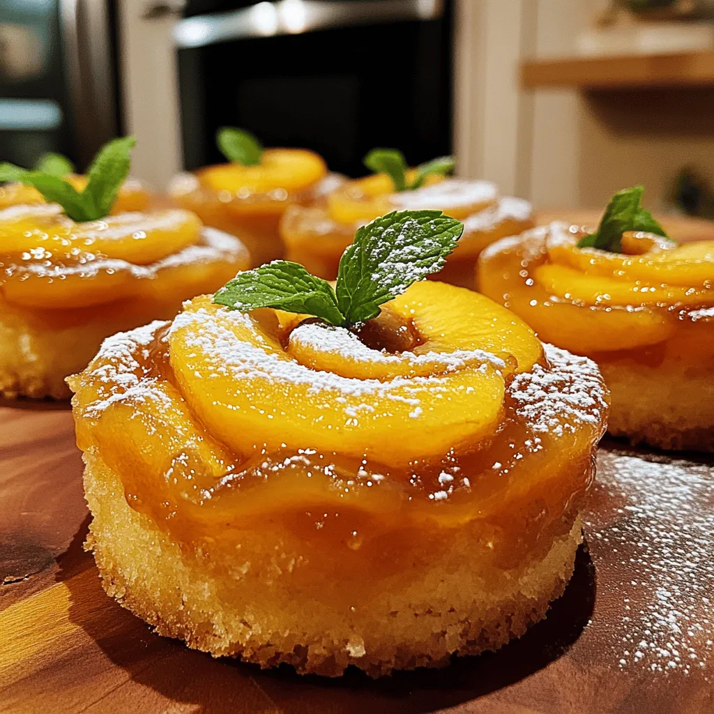 - 2 ripe peaches, pitted and sliced - 1/4 cup brown sugar - 2 tablespoons unsalted butter - 1 cup all-purpose flour - 1 teaspoon baking powder - 1/4 teaspoon salt - 1/2 teaspoon ground cinnamon - 1/4 cup granulated sugar - 1/3 cup milk - 1 large egg - 1 teaspoon vanilla extract Using fresh peaches makes these mini cakes bright and tasty. The brown sugar and butter create a sweet base for the peaches. This mixture caramelizes as it bakes, giving a wonderful flavor. The dry ingredients are simple. All-purpose flour gives a nice texture. Baking powder helps the cakes rise. A bit of salt adds balance, while cinnamon brings warmth. The wet ingredients mix everything together. Granulated sugar sweetens the batter. Milk keeps it moist. The egg adds richness, and vanilla gives a lovely aroma. This blend of ingredients makes a delightful treat. You can find the full recipe above. Enjoy the sweet, fruity goodness of these mini cakes! - Preheat the oven to 350°F (175°C) and grease a 6-cup muffin tin. - In a small saucepan, melt 2 tablespoons of unsalted butter over medium heat. - Add 1/4 cup of brown sugar to the melted butter and stir until bubbly. - Pour this mixture evenly into the muffin tin cups, forming a sweet base. - Take 2 ripe peaches, pit them, and slice them thin. - Arrange the peach slices on top of the brown sugar mixture in each cup. - Make sure to place them nicely to create a beautiful pattern. - In a mixing bowl, combine 1 cup of all-purpose flour, 1 teaspoon of baking powder, 1/4 teaspoon of salt, and 1/2 teaspoon of ground cinnamon. - In another bowl, whisk together 1/4 cup of granulated sugar, 1/3 cup of milk, 1 large egg, and 1 teaspoon of vanilla extract until smooth. - Gradually add the dry ingredients into the wet mixture, stirring until just combined. - Carefully pour the batter over the arranged peaches in each muffin cup. Fill them about 3/4 full. - Bake in the preheated oven for 20-25 minutes. - Check for doneness by inserting a toothpick in the center; it should come out clean. - Allow the mini cakes to cool in the pan for 10 minutes. - Run a knife around the edges and carefully invert them onto a wire rack or plate. For the full recipe, please refer to the designated section above. - Ensure your oven is preheated for even cooking. A hot oven helps the cakes rise well. - Avoid overmixing the batter for a fluffy texture. Mix just until the dry and wet ingredients blend. - Serve warm with powdered sugar and mint leaves. This adds a nice touch and fresh flavor. - Consider pairing with a scoop of vanilla ice cream. The creaminess contrasts nicely with the sweet peaches. - Add a pinch of nutmeg for an extra layer of flavor. It gives a warm spice note to the cakes. - Use honey instead of granulated sugar for a different sweetness. Honey adds natural flavor depth and moisture. {{image_2}} You can change this recipe with other fruits. Try apricots or cherries for a twist. Both fruits add a nice flavor. If you want a quick option, use canned peaches. They save time and still taste great. To make this recipe gluten-free, swap all-purpose flour for almond or coconut flour. These flours work well and keep the cake tasty. For a dairy-free version, use alternatives for butter and milk. Coconut oil or almond milk are good choices. If you want a full-sized cake, pour the batter into a larger pan. Remember to adjust the baking time. A larger cake may take 10-15 minutes more. Check with a toothpick to see if it’s done. The toothpick should come out clean. After baking, let your mini cakes cool completely. Store them in an airtight container at room temperature for up to 2 days. This keeps them fresh and tasty. If you want to save them longer, refrigerate the mini cakes. They stay good in the fridge for up to 5 days. To freeze your mini cakes, wrap each one in plastic wrap. Place them in a freezer bag or container. This way, they can last for up to 3 months. When you're ready to enjoy them, take them out of the freezer. Let them thaw in the fridge overnight. To reheat, place the mini cakes in the microwave for about 15-20 seconds. You can also warm them in the oven at 350°F (175°C) for a few minutes. This way, they taste just as good as fresh! Yes, you can prepare the batter and store it in the fridge. This saves time when you want to bake. Just remember to bring it to room temperature before baking. Apricots, cherries, or plums can be used as substitutes. Each fruit adds a unique flavor. I love using ripe plums for a tart twist! A toothpick inserted into the center should come out clean. This simple test helps ensure your cakes are baked just right. If it comes out sticky, give them a few more minutes. Yes, brown, coconut, or cane sugar can be used for different flavors. Each type gives a distinct taste and color to your cakes. I find brown sugar adds a lovely caramel note! Serve warm, dusted with powdered sugar, and pair with ice cream. The warmth of the cake and the cold ice cream create a perfect balance. You can also add a sprig of mint for a fresh touch. To see the full recipe, check the designated recipe section above. This will guide you through each step to make these delicious mini cakes! This blog post covered how to make delicious Peach Upside Down Mini Cakes. We discussed the key ingredients needed and detailed each step for preparation and baking. Remember to try different fruits and adapt the recipe to your taste. Store leftovers properly or freeze them for later. Enjoy these mini treats warm with a dusting of powdered sugar and ice cream. It’s simple to make, fun to share, and sure to impress!
