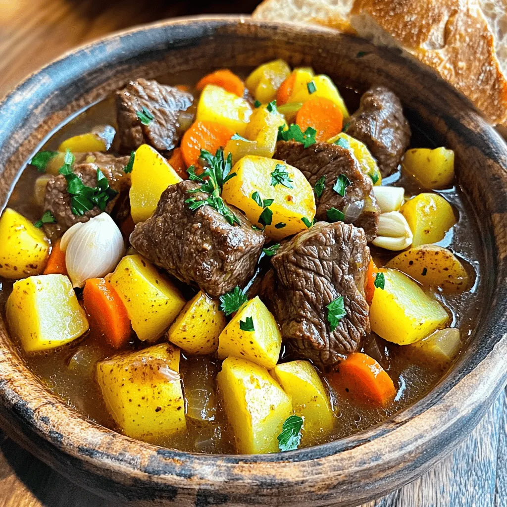 Dwarven feasts are grand events in their culture. They celebrate life, friendship, and food. These gatherings often last for days, filled with laughter and joy. The heart of every feast lies in the food, which is hearty and rich. Dwarven feasts trace back to ancient times. They mark important events like harvests, victories, and weddings. These feasts help strengthen bonds among friends and families. Sharing food shows trust and loyalty. It creates a sense of community that dwarves value deeply. Dwarven meals focus on robust flavors and filling ingredients. Here are some classic dishes you might find: - Beef Stew: A staple at every feast. It uses tender meat and root vegetables. - Roasted Game: Often includes boar or venison, seasoned with herbs. - Thick Breads: Dwarves enjoy rustic breads, perfect for soaking up sauces. - Root Vegetable Medley: Potatoes, carrots, and turnips cooked until soft and flavorful. These dishes not only fill the belly but also bring comfort to all. Dwarves love their drinks as much as their food. Here are some popular choices: - Dark Ale: A rich, hearty brew that complements meat dishes well. - Mead: A sweet honey drink that is often enjoyed during celebrations. - Cider: Made from apples, this drink is refreshing and pairs nicely with stews. - Berry Infusions: Juices made from local berries, often served chilled. These beverages enhance the flavors of the food, making every bite more enjoyable. For a taste of this tradition, try my full recipe for Dwarven Feast. It captures the spirit of these gatherings and brings a slice of dwarven culture to your table. - Beef and Vegetable Components - 2 lbs beef stew meat, cut into chunks - 1 lb potatoes, diced - 2 carrots, sliced - 1 onion, chopped - 4 cloves garlic, minced - Broth and Seasoning Details - 4 cups beef broth - 2 tablespoons olive oil - 1 tablespoon Worcestershire sauce - 1 teaspoon dried thyme - 1 teaspoon smoked paprika - Salt and pepper to taste - Garnishing Options - Fresh parsley, for garnish - Preparation Steps for Optimal Flavor Start by heating the olive oil in a large pot over medium heat. Add the beef stew meat in batches. Brown it on all sides and then set it aside. This step adds rich flavor. - Cooking Method and Timing In the same pot, add the chopped onion. Cook until it’s soft and clear, about 5 minutes. Add the garlic and cook for one more minute. Return the browned beef to the pot. Add the diced potatoes, sliced carrots, and Worcestershire sauce. Pour in the beef broth. Stir in thyme and smoked paprika for a savory depth. Bring to a boil, then lower the heat. Cover and let it simmer for 1.5 to 2 hours. Stir occasionally until the beef is tender. - Tasting Notes and Final Touches About 15 minutes before it’s done, season with salt and pepper. Once finished, remove it from the heat. Let it rest for a few minutes. Garnish with fresh parsley before serving. This stew is thick and hearty. Serve it in bowls with crusty bread for a true dwarven experience. Enjoy every bite! To make a great Dwarven Feast, use a heavy pot or Dutch oven. This helps brown the meat well. Start by heating olive oil over medium heat. Brown the beef in small batches. This gives a nice crust and rich flavor. After browning, remove the meat before adding the onions. Cook the onions until they turn soft. Then add garlic to bring out its aroma. Finally, return the meat and add the broth. This method keeps the stew rich and hearty. Pair your feast with hearty drinks. A rich stout or dark ale goes well with beef stew. The malt flavors complement the meat. If you prefer wine, a bold red wine works best. Look for a Cabernet Sauvignon or Malbec. These wines have deep flavors that match the stew. For a non-alcoholic option, try a spiced apple cider. It adds warmth and a hint of sweetness. For a rustic table, use wooden bowls and platters. This adds a warm feel to the feast. Serve the stew in deep bowls. Top with fresh parsley for color. Add crusty bread on the side for dipping. You can also use burlap or woven mats as table runners. For extra charm, light some candles. This creates a cozy atmosphere, perfect for sharing stories. Set up a large pot in the center for a communal feel. This encourages everyone to dig in and enjoy. For the full recipe, check out the Dwarven Feast section above. {{image_2}} You can easily make the Dwarven Feast without meat. Use mushrooms for a hearty texture. Portobello mushrooms are great for this. They soak up flavors well. Add lentils for protein and fiber. They cook fast and add a nice bite. Swap beef broth for vegetable broth to keep it vegan. If you want to try different meats, go for lamb or pork. Lamb adds a rich, earthy taste. Pork is tender and juicy, perfect for stews. You can even use chicken if you prefer. Just adjust the cooking time. Chicken cooks faster, so check it at one hour. Use seasonal vegetables to keep it fresh. In the fall, add sweet potatoes or squash. They give a sweet and nutty flavor. In the spring, use peas or asparagus for a bright touch. You can also mix in root veggies like parsnips in winter. Each season brings new tastes, so get creative! For the full recipe, check out the Dwarven Feast section. To keep your Dwarven Feast fresh, allow it to cool first. Store leftovers in airtight containers. Make sure to use them within three days for the best taste. Label each container with the date. This helps you track how long they have been in the fridge. When you’re ready to enjoy your leftovers, reheat them gently. Use a pot on low heat. Add a splash of broth or water if it seems dry. Stir often. This keeps the meal moist. Heat until hot but not boiling. You want to enjoy the flavors, not ruin them. If you want to save your feast for later, freezing is a great option. Place portions in freezer bags. Press out as much air as possible before sealing. Label each bag with the date. Use them within three months. When ready to eat, thaw overnight in the fridge. Reheat as mentioned above for a tasty meal that feels fresh. A typical Dwarven feast includes hearty dishes. You will find rich meats, root vegetables, and thick stews. The focus is on robust flavors, often with a smoky taste. Dwarves enjoy meals that fill their bellies and warm their hearts. Bread, cheese, and strong ales are common. Think of comfort food that brings friends together. The Dwarven Feast recipe showcases this spirit perfectly. Preparing a Dwarven Feast takes time, but it's worth it. The full recipe I shared takes about 2 hours and 30 minutes. You spend 20 minutes prepping the ingredients. The cooking time is around 2 hours. This slow cooking allows flavors to blend well. Patience is key to creating a delicious meal. Yes, you can adapt the Dwarven Feast recipe easily. If you need it to be gluten-free, use gluten-free broth. For vegetarian options, swap out the beef for hearty mushrooms or lentils. If dairy is a concern, skip the cheese on the side. Always check your ingredients to ensure they fit your needs. Cooking should be fun and inclusive for everyone. Many books, movies, and games show Dwarven feasts. J.R.R. Tolkien's works often feature these scenes. Think of "The Hobbit," where Dwarves gather for a meal. Video games like "The Elder Scrolls" also show rich feasting traditions. These feasts reflect the Dwarven love for food and fellowship. They inspire many to recreate their own gatherings. Dwarven feasts are rich in history, culture, and flavors. This blog detailed their significance, traditional dishes, and the drinks that accompany them. You learned how to create a delicious Dwarven feast with a full recipe, helpful tips for success, and variations to suit any diet. I hope you feel ready to bring the spirit of Dwarven culture to your table. Enjoy cooking and sharing these meals with friends and family!