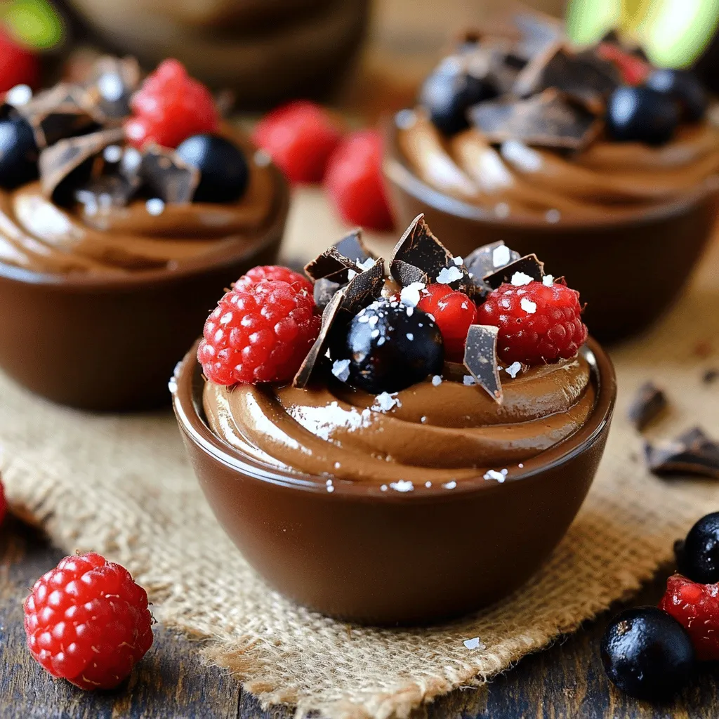 To make a delicious chocolate avocado mousse, you need just a few simple ingredients. Here’s what you will need: - 2 ripe avocados, peeled and pitted - 1/2 cup unsweetened cocoa powder - 1/4 cup maple syrup or honey - 1/4 cup almond milk or plant milk - 1 teaspoon vanilla extract - A pinch of sea salt - Optional garnishes: fresh berries and shaved dark chocolate Start by using ripe avocados. They make the mousse creamy and smooth. Next, the unsweetened cocoa powder adds rich chocolate flavor without extra sugar. You can choose maple syrup or honey to add sweetness. Almond milk or any plant milk keeps it light and helps blend the ingredients. The vanilla extract gives a nice warm flavor, while the sea salt balances the sweetness. You can top your mousse with fresh berries or shaved dark chocolate for a fun twist. These garnishes not only look great but also add extra flavor. For the full recipe, just check the section above. Enjoy making this rich and creamy delight! To make this chocolate avocado mousse, start by gathering your ingredients. First, place the ripe avocados and cocoa powder into a food processor. Next, pour in the maple syrup, almond milk, vanilla extract, and a pinch of sea salt. Blend everything together until it is smooth and creamy. This process usually takes about 1 to 2 minutes. If you taste it and want it sweeter, you can add more maple syrup. Just blend it again to mix. Once your mousse is creamy and fluffy, it’s time to serve it. Spoon the mousse into small serving dishes or cups. Now, put the mousse in the refrigerator. Let it chill for at least 30 minutes. This helps the flavors blend and the mousse to set perfectly. The mousse will be rich and ready to enjoy! For a fun touch, you can add fresh berries or shaved dark chocolate on top as a garnish. Check out the Full Recipe for all the details! To make a great chocolate avocado mousse, you need ripe avocados. Ripe avocados have a soft texture that blends smoothly. If they are hard, the mousse will be lumpy. You can tell they are ripe if they yield slightly when you press them. When blending, aim for about one to two minutes. This helps create a creamy texture. Stop and scrape down the sides of the bowl to mix everything well. The longer you blend, the creamier it gets. The goal is a fluffy, smooth mousse that feels rich on your tongue. You can make this mousse even better with extra flavors. Try adding a pinch of cinnamon for warmth or a dash of espresso powder for coffee lovers. A few drops of peppermint extract can give it a minty twist. These little touches can elevate your mousse to a new level. Don't forget to taste your mousse before serving. If it’s not sweet enough, feel free to add more maple syrup. Blend it again to mix in the sweetness. Adjusting the flavors to your liking makes this dessert truly yours. For the full recipe, check the earlier section. {{image_2}} You can easily change the taste of your chocolate avocado mousse. One fun option is mint chocolate avocado mousse. Just add a few drops of mint extract when you blend. This gives a refreshing twist. The mint pairs well with chocolate. Another great idea is coffee-infused chocolate mousse. Add a tablespoon of brewed coffee to your mix. The coffee enhances the chocolate flavor and adds depth. It’s perfect for coffee lovers. You can make this mousse sugar-free. Use a sugar substitute like stevia or erythritol instead of maple syrup. This keeps the dessert sweet without extra sugar. It’s a great choice for those watching their sugar intake. If you need nut-free options, switch almond milk for oat milk or coconut milk. This keeps the mousse creamy and delicious. You won’t lose any flavor with these swaps. For the full recipe, check out the detailed recipe section above. To keep your chocolate avocado mousse fresh, store it in the fridge. Use an airtight container to avoid odors. This mousse can stay fresh for up to three days. If you notice any discoloration, just give it a quick stir. The mousse might thicken in the fridge, but it will still taste great. You can freeze chocolate avocado mousse if you want to save it for later. Scoop it into a freezer-safe container, leaving some space at the top. The mousse will expand slightly as it freezes. It can last up to two months in the freezer. When you're ready to enjoy it, take it out and let it thaw in the fridge overnight. For serving, you can remix it briefly for a smooth texture. This way, you get that rich and creamy delight once again. For easy access, check out the Full Recipe. You can store chocolate avocado mousse in the fridge for up to three days. Make sure to keep it in an airtight container. This helps to keep the mousse fresh and creamy. The mousse may darken slightly due to the avocado, but it will still taste great. Yes, chocolate avocado mousse is a healthy dessert option. Avocados provide healthy fats, fiber, and vitamins. The cocoa powder adds antioxidants. Using maple syrup or honey gives natural sweetness without refined sugar. This dessert satisfies your sweet tooth while being good for you. Absolutely! You can use other sweeteners like agave syrup, coconut sugar, or stevia. Just adjust the amount based on sweetness level. Each sweetener adds a unique flavor. Experiment to find what you like best. Yes, this mousse is already vegan if you use maple syrup. All ingredients are plant-based. You can enjoy this creamy treat while sticking to a vegan diet. Garnishes add a nice touch. Fresh berries like raspberries or strawberries work well. Shaved dark chocolate also adds a rich look. You can even sprinkle nuts for extra crunch. To make the mousse fluffier, blend it longer. This adds air and creates a light texture. You can also add a bit more almond milk for a smoother finish. Yes! You can add flavors like vanilla, almond, or mint. A little coffee can also enhance the chocolate taste. Just mix in small amounts and taste as you go. For the full recipe, check out the section above. Enjoy your rich and creamy chocolate avocado mousse! You now know how to make a delicious chocolate avocado mousse. We covered the key ingredients, step-by-step instructions, and helpful tips. I shared fun variations and how to store leftovers properly. This mousse is easy, tasty, and can fit many diets. I believe you’ll enjoy making this treat. It’s a perfect, healthy dessert for any time. Enjoy the creamy texture and rich flavor!