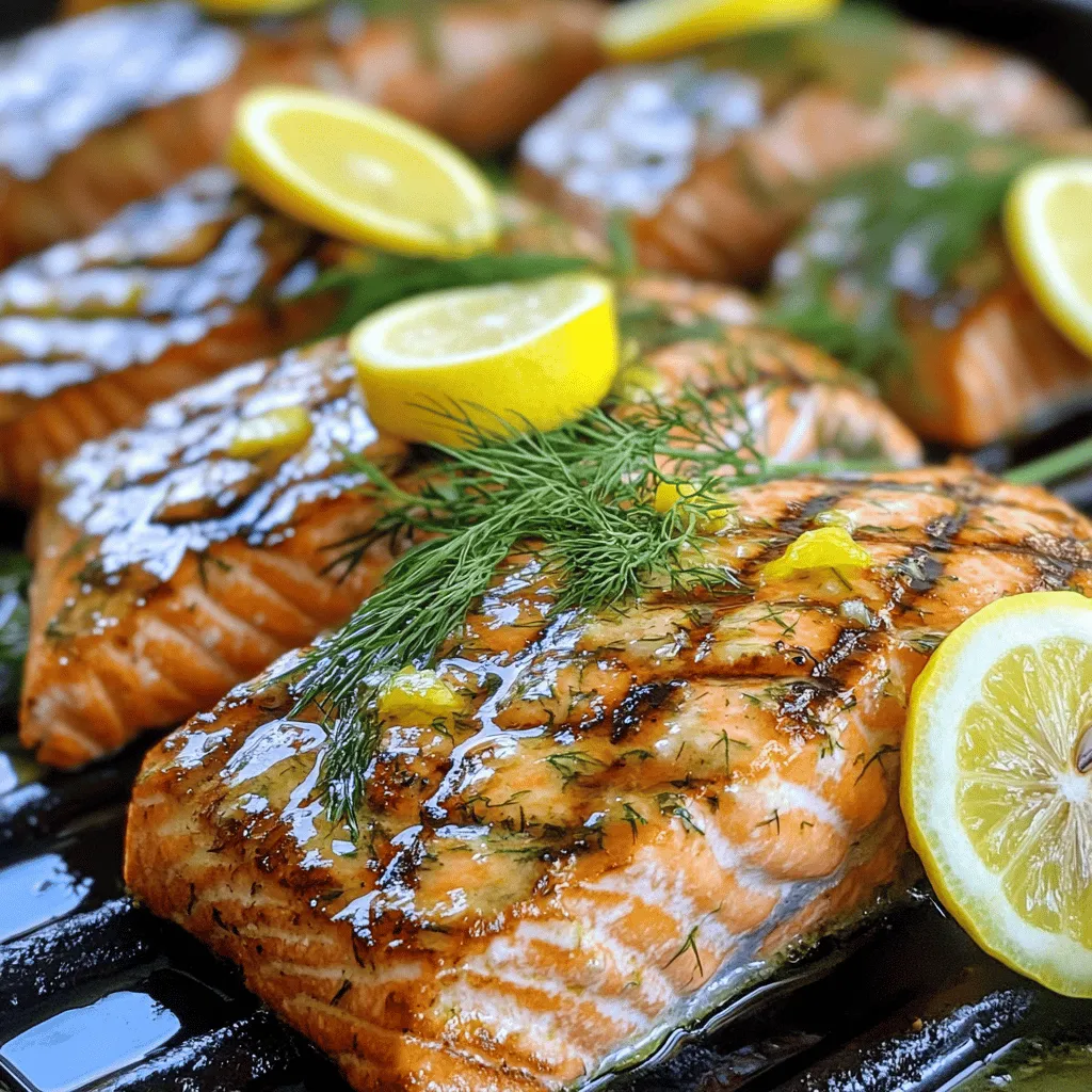 To create a tasty Lemon Dill Grilled Salmon, you need these simple ingredients: - 4 salmon fillets (6 oz each) - 2 tablespoons olive oil - 2 tablespoons fresh lemon juice - Zest of 1 lemon - 2 tablespoons fresh dill, chopped - 2 cloves garlic, minced - Salt and pepper to taste - Lemon slices for garnish These ingredients blend well to bring out the wonderful flavors of the salmon. The fresh lemon juice and zest give it a bright taste. Dill adds a lovely herbal note that pairs nicely with fish. This dish is not only tasty but also nutritious. Each serving of Lemon Dill Grilled Salmon provides: - Calories: 320 - Protein: 34g - Fat: 18g - Carbohydrates: 2g - Fiber: 0g The salmon is high in protein and healthy fats, making it a great choice for a balanced meal. If you can’t find some ingredients, don’t worry! Here are some easy swaps: - Salmon fillets: You can use trout or cod instead. - Olive oil: Try avocado oil for a similar flavor. - Fresh dill: Dried dill works, but use less since it’s stronger. - Garlic: Garlic powder can be used if you have no fresh garlic. These substitutions still keep the essence of the dish while making it easier for you to prepare. For the full recipe, make sure to check the instructions carefully! First, gather your ingredients. You need salmon fillets, olive oil, lemon juice, lemon zest, dill, garlic, salt, and pepper. In a small bowl, mix olive oil, lemon juice, lemon zest, dill, garlic, salt, and pepper. Whisk until it blends well. Place your salmon fillets in a shallow dish. Pour the marinade over the salmon. Make sure each piece is coated. Cover the dish and refrigerate for at least 30 minutes. This helps the flavors soak in. Preheat your grill to medium-high heat. Lightly oil the grill grates to stop the salmon from sticking. Take the salmon out of the marinade, letting the extra sauce drip off. Place the fillets on the grill, skin-side down. Grill the salmon for about 5 to 7 minutes. Then, flip it carefully and grill for another 4 to 5 minutes. The salmon should be opaque and flake easily when done. Once grilled, remove the salmon and let it rest for a couple of minutes. Serve the grilled salmon hot. Garnish it with fresh lemon slices for a bright touch. You can also add extra dill on top for more flavor. This dish pairs well with grilled veggies or a fresh salad. For a complete meal, consider serving it with rice or quinoa. For the full recipe, check the section above. Enjoy this tasty and healthy meal! To get great grilled salmon, start with fresh fish. Look for bright color and firm texture. Always preheat your grill to medium-high heat. This helps cook the salmon evenly. Use a little oil on the grill grates. This keeps the salmon from sticking. Place the fillets skin-side down first. This helps protect the tender flesh. Grill for about 5-7 minutes without moving them. This creates nice grill marks. When you flip the salmon, use a wide spatula. This makes it easy to turn without breaking. Cook for another 4-5 minutes. The salmon should be opaque and flake easily when done. Marinating salmon adds flavor and moisture. For this recipe, mix olive oil, lemon juice, dill, and garlic. Let the salmon soak for at least 30 minutes. You can marinate it for up to 2 hours for more flavor. Always cover the dish while it marinates. This keeps the salmon fresh. Make sure each piece is well-coated. This helps the flavors soak in well. If you have extra marinade, you can brush it on while grilling for added taste. Pairing the right side dishes can make your meal shine. Fresh salads work great. Try a simple green salad with a lemon vinaigrette. Roasted veggies are another good choice. Asparagus or zucchini complement the salmon's flavor. You can also serve it with rice or quinoa. These grains soak up the juices and add texture. For a refreshing touch, serve with a light yogurt dip. It balances the richness of the salmon. You can find the Full Recipe to try this delightful dish today! {{image_2}} You can cook lemon dill grilled salmon in different ways. If the grill isn’t an option, try the oven. Preheat your oven to 400°F. Place the marinated salmon on a baking sheet lined with parchment paper. Bake for 12-15 minutes. The fish will be flaky and moist. Another method is pan-searing. Heat a bit of olive oil in a skillet over medium heat. Cook the salmon fillets for about 5-6 minutes on each side. This gives a nice crust while keeping the inside tender. While lemon and dill shine in this recipe, feel free to mix it up. You can use herbs like thyme or parsley instead of dill. For a spicy kick, add a sprinkle of cayenne or paprika. You could also try a soy sauce and ginger mix for an Asian twist. Each variation changes the taste but keeps the salmon delicious. Experimenting with flavors can lead to amazing new dishes. Leftover salmon is a treat! You can flake it into salads for added protein. Use it in a sandwich with cream cheese and capers. Another idea is to mix it into pasta with a light sauce. You can also serve it cold with a side of fresh veggies. These options keep the meal fresh and exciting. Adding lemon juice or fresh herbs can help revive the flavors, too. For the full recipe, refer back to the detailed instructions above. To store leftover salmon, let it cool to room temperature. Then, wrap each piece tightly in plastic wrap. Place it in an airtight container. Store it in the fridge for up to three days. This keeps the salmon fresh and tasty. When you reheat salmon, avoid drying it out. Preheat your oven to 275°F. Place the salmon on a baking sheet and cover it with foil. Heat it for about 15 minutes. This warms it gently and keeps it moist. You can also use the microwave. Just heat it in short bursts, checking often to avoid overcooking. If you want to freeze salmon, wrap it tightly in plastic wrap or foil. Place it in a freezer-safe bag, removing as much air as possible. You can freeze salmon for up to three months. When you’re ready to use it, thaw it in the fridge overnight. This method keeps the flavor fresh. For more details on the recipe, check the Full Recipe. Yes, you can use frozen salmon. Just make sure to thaw it first. Place the frozen salmon in the fridge overnight. If you are in a hurry, you can run it under cold water. Once it’s thawed, pat it dry. This helps the marinade stick better. The flavor will still shine through, even with frozen fish. The best way to tell if salmon is done is to look for color. The flesh should change from a dark pink to a lighter, opaque color. You can also use a fork to check. If it flakes easily, it is ready. For safety, the internal temperature should reach 145°F. A quick-read thermometer can help with this. For thicker fillets, you will need to cook them longer. Typically, add 1-2 minutes per half inch of thickness. Keep a close eye on the salmon. You want to avoid overcooking, as it can dry out. Use the same flaking test to check for doneness. This will help you achieve a perfect result every time. For a complete guide, check the Full Recipe. You now have a complete guide to making lemon dill grilled salmon. We covered the best ingredients, including options for substitutions. You learned easy steps to prepare and grill the salmon to perfection. I shared tips for flavor and side dishes that pair well. In closing, grilling salmon is fun and rewarding. With the right care, each bite can be delicious. Remember these tips, and enjoy your culinary journey with salmon!